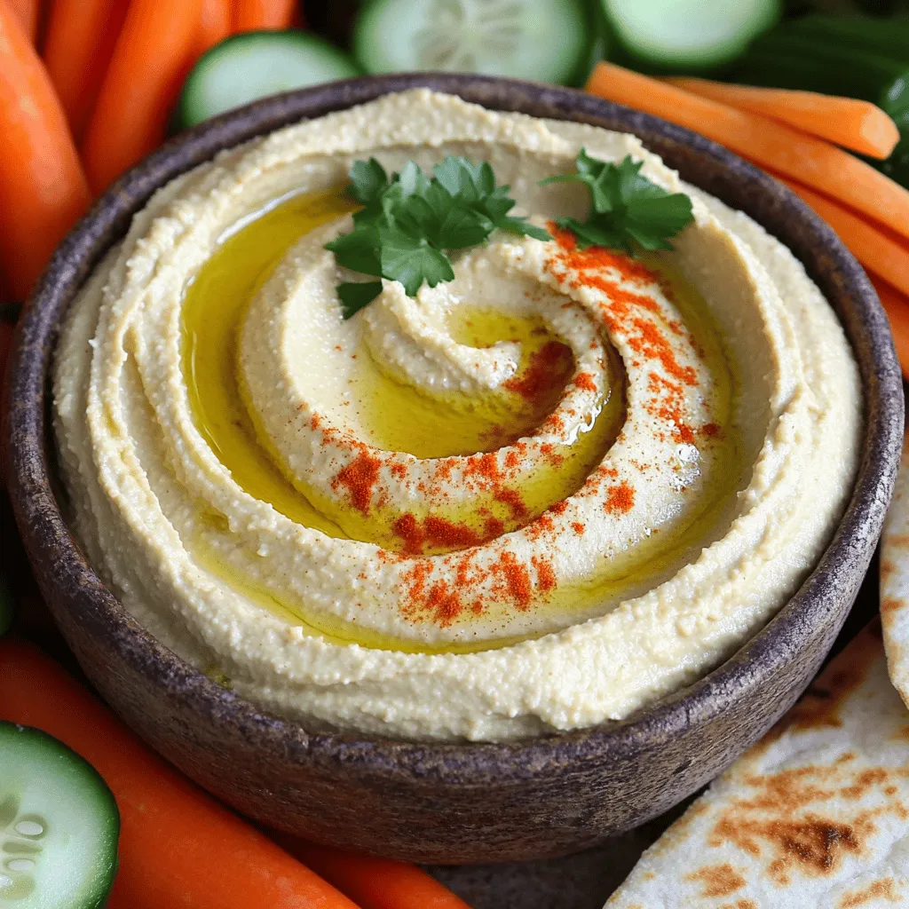 - 1 can (15 oz) of chickpeas, drained and rinsed - ¼ cup tahini - 3 tablespoons olive oil - 2 cloves garlic, minced - 2 tablespoons lemon juice - 1 teaspoon ground cumin - ½ teaspoon salt - Water for consistency To make my easy hummus, I choose simple, fresh ingredients. The star of the show is the chickpeas. They add a creamy texture. I use tahini for a rich and nutty flavor. Olive oil brings smoothness and healthy fats. Garlic adds a kick that makes this dip special. Fresh lemon juice brightens the taste. Ground cumin brings warmth and depth. Finally, I add salt to balance all the flavors. - Paprika - Fresh parsley Adding garnishes can elevate your hummus. A sprinkle of paprika gives a nice color and a hint of spice. Fresh parsley adds brightness and a pop of green. These small touches make your dish look lovely and appetizing. They also enhance the flavor without much effort. For the full recipe, check out the details shared earlier. To start, I gather my ingredients. I take one can of drained and rinsed chickpeas. I add it to my food processor. Next, I put in ¼ cup tahini, 2 cloves of minced garlic, and 2 tablespoons of lemon juice. Then, I sprinkle in 1 teaspoon of ground cumin and ½ teaspoon of salt. This mix gives the hummus its great taste. Now, I pulse the mixture a few times until it starts blending. Once the ingredients blend a bit, I slowly drizzle in 3 tablespoons of olive oil. This step is key for a creamy texture. I keep blending until the mixture is smooth. If I find the hummus too thick, I add water. I do this a tablespoon at a time until I reach my desired consistency. This makes the hummus just right for dipping. Now it’s time to taste my creation. I check the seasoning and adjust as needed. If it needs more flavor, I add a bit more salt or lemon juice. Then, I transfer the hummus to a serving bowl. To make it look nice, I use a spatula to create a swirl on the surface. I drizzle a bit more olive oil on top. Finally, I sprinkle paprika and fresh parsley for garnish. This adds color and flavor to the dish. Enjoy this easy hummus recipe with warm pita or fresh veggies! - Use canned chickpeas for convenience. They are soft and ready to blend. - Blend longer for a creamier texture. This helps break down the chickpeas fully. - Not rinsing chickpeas properly can add a gritty texture. Always rinse them well. - Over or under-blending the mixture can affect the creaminess. Aim for a smooth consistency. - Pair with fresh vegetables like carrots, cucumbers, or bell peppers. - Serve with warm pita bread for a delightful dip. You can also use it as a spread on sandwiches. For the full recipe, be sure to check out the Easy Creamy Garlic Hummus. {{image_2}} Hummus is a versatile dish. You can change its flavor easily. Here are some fun ideas to try. - Roasted red pepper hummus: Add roasted red peppers to the basic recipe. This will give a sweet and smoky taste. Blend them in with the other ingredients for a colorful dip. - Spicy hummus with jalapeños: For a kick, mix in fresh jalapeños. Start with a small amount and add more if you want extra heat. This adds a vibrant flavor that makes your hummus exciting. - Spinach or kale for a green version: Add a handful of spinach or kale to your mix. This not only boosts nutrition but also gives a fresh color. Blend until smooth for a health-filled dip. - Sun-dried tomatoes for a unique twist: Chop up sun-dried tomatoes and fold them in. They add a savory and slightly tangy flavor that’s hard to resist. - Nut-free options using aquafaba: If you need a nut-free hummus, try using aquafaba. It’s the liquid from canned chickpeas. It adds creaminess without any nuts. - Low-sodium version for heart health: For a heart-healthy choice, reduce the salt. You can still enjoy great flavor by adding more lemon juice or spices. This makes your hummus tasty without added sodium. These variations make hummus fun and different each time you make it. Enjoy experimenting with your own flavors! For the full recipe, check out Easy Creamy Garlic Hummus. To keep your hummus fresh, store it in the refrigerator. Place it in an airtight container that seals tightly. This will help prevent it from drying out. I recommend using glass containers, as they do not retain odors. Make sure to press plastic wrap directly onto the hummus surface before sealing. This adds an extra layer of protection against air and moisture. If you want to save hummus for later, you can freeze it. Pour the hummus into a freezer-safe container, leaving some space at the top. The hummus will expand as it freezes. To thaw, move the container to the fridge overnight. For quicker thawing, you can place it in cold water for a few hours. Stir well after thawing to restore its creamy texture. In the fridge, homemade hummus lasts about 4 to 7 days. Always check for signs of spoilage. If you notice any off smells, discoloration, or mold, it's time to discard it. Trust your senses; they are your best guide! You can make hummus without tahini by substituting it with peanut butter. This swap gives the hummus a nutty flavor. If you prefer, you can also simply omit tahini. The hummus will still taste great without it. Just make sure to blend the other ingredients well to keep it creamy. Yes, you can use dried chickpeas. First, soak them overnight in water. This helps to soften them. The next day, drain and rinse the chickpeas. Then, boil them in fresh water for about one hour until they are tender. Allow them to cool before using them in your hummus recipe. This method gives you a fresher taste. If you don't have lemon juice, you can use vinegar or lime juice. Both options will add a nice tang. Vinegar, especially apple cider, works well in hummus. Lime juice gives a different flavor but is still tasty. Adjust the amount to suit your taste. This blog covered making delicious hummus from simple ingredients to serving tips. You learned to blend chickpeas, tahini, and olive oil to create a creamy dip. Avoid common mistakes for the best result. Feel free to explore variations like spicy hummus or green versions. Proper storage ensures your hummus lasts longer. Now, you can enjoy hummus that pleases everyone, whether as a dip or spread. Don't hesitate to experiment and find your favorite flavors!