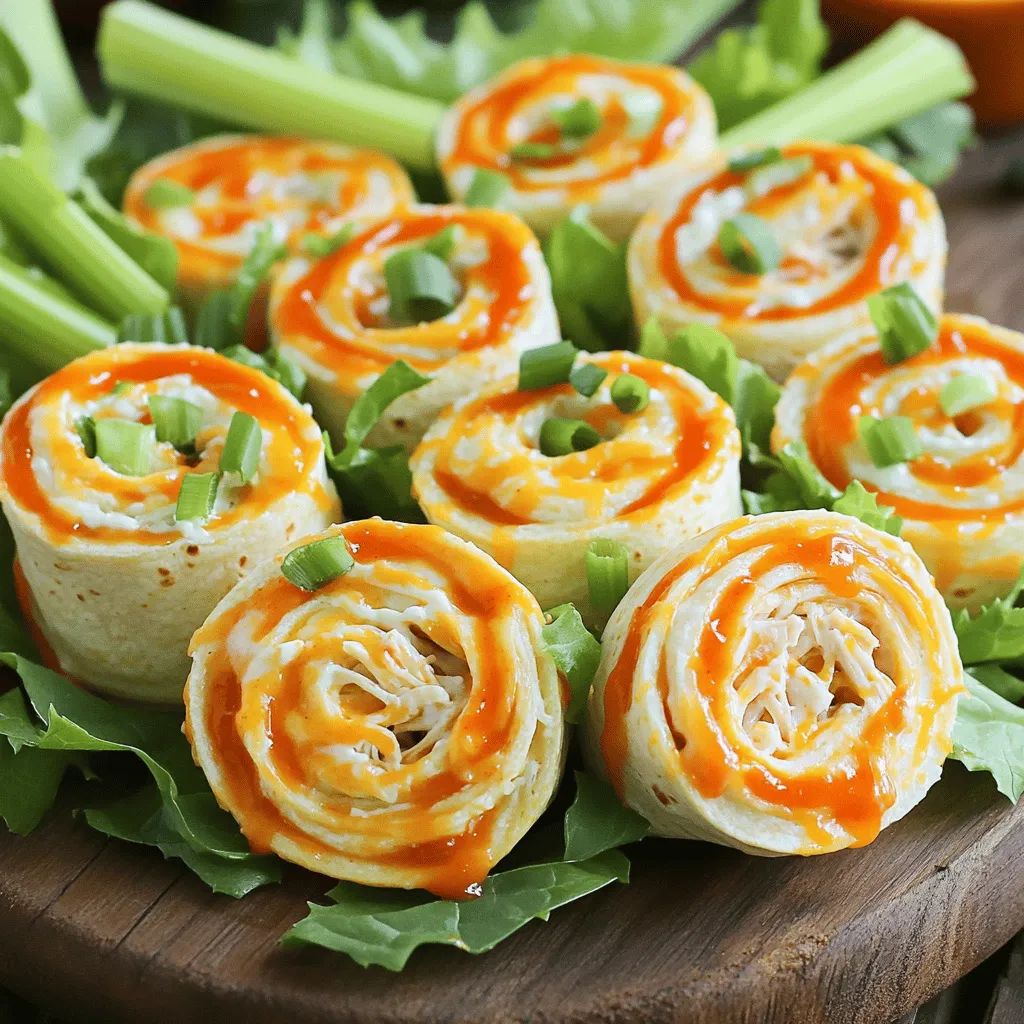 To make Buffalo Chicken Tortilla Roll-Ups, gather these simple ingredients: - 2 cups cooked chicken, shredded - 1/2 cup Buffalo sauce (adjust for spice preference) - 1 cup cream cheese, softened - 1/2 cup shredded cheddar cheese - 1/4 cup ranch dressing - 1/4 cup green onions, chopped - 4 large flour tortillas - Lettuce leaves (for garnish) - Celery sticks (for garnish) These ingredients create a tasty blend of flavors. The chicken gives protein, while the cream cheese adds creaminess. The Buffalo sauce brings heat. You can adjust the sauce to match your spice level. Fresh green onions add a nice crunch and bite. Don’t forget the ranch dressing; it balances the heat perfectly. Using large flour tortillas helps hold everything together. You can use lettuce and celery sticks as garnishes. They make the dish look colorful and fresh. For the full recipe, check the provided link. Enjoy making these roll-ups; they are sure to impress! 1. Combine shredded chicken and Buffalo sauce. 2. Blend cream cheese, ranch dressing, and cheddar cheese. 3. Assemble and roll tortillas. 4. Spread cream cheese mixture on tortillas Take your tortillas and lay them flat. Spread the cream cheese mixture on each one. Leave a small space at the edges. 5. Add Buffalo chicken and green onions Spoon the Buffalo chicken mixture down the middle of the tortilla. Add some chopped green onions for a fresh taste. 6. Roll and slice the tortillas Start at one end and roll the tortilla tightly. Make sure the filling stays inside. Slice each roll-up into bite-sized pieces. 7. Arrange on a platter and garnish with lettuce and celery Place the roll-ups neatly on a serving platter. Add fresh lettuce leaves and celery sticks around them for a pop of color. For the full recipe, check out the complete details above. Enjoy your tasty Buffalo Chicken Tortilla Roll-Ups! - Use pre-cooked rotisserie chicken for convenience. This saves time and effort. - Soften cream cheese to make mixing easier. Leave it out for 30 minutes before use. - Ensure even distribution of filling for balanced flavors. This keeps every bite tasty. - Use a damp paper towel to keep tortillas pliable. This helps prevent tearing while rolling. - Best served chilled as a refreshing appetizer. Chilling enhances the flavors. - Pair with ranch, blue cheese, or extra Buffalo sauce for dipping. This adds extra zest to each bite. For more detailed steps, check out the Full Recipe. {{image_2}} You can switch things up by using turkey instead of chicken. This change gives you a different taste while still keeping it simple. If you want to spice things up, try adding pepper jack cheese. The heat from the cheese pairs well with the Buffalo sauce. If you need a gluten-free option, use gluten-free tortillas. They work just as well and taste great! For a vegan choice, substitute the cream cheese with a dairy-free version. Your roll-ups will still be creamy and delicious. Want to add some crunch? Diced celery or carrots will do the trick. They add a nice texture and fresh flavor. If you like bold flavors, sprinkle in some cayenne or garlic powder. These spices bring an extra kick to the roll-ups and make them even more enjoyable. For the full recipe, check out the previous section. To keep your leftover roll-ups fresh, store them in an airtight container. This helps maintain their taste and texture. Try to eat them within 2-3 days for the best experience. After that, they may lose some of their charm. If you want to save roll-ups for later, freezing is a great option. Wrap each roll-up in plastic wrap first. Then, cover them in foil. This extra layer protects against freezer burn. When you’re ready to eat, thaw the roll-ups in the refrigerator overnight. This keeps the flavor intact. You can enjoy roll-ups cold or warm. If you prefer them warm, place them in the microwave for a short time. Just a minute or two is enough to heat them through without drying them out. This way, you can savor the flavors just like when they were first made. You can make these roll-ups less spicy by adjusting the amount of Buffalo sauce you use. Try using a smaller amount at first. You can always add more if you want extra heat later. Another option is to mix in some cream cheese. This will tone down the spice level. Yes, you can prepare these roll-ups a few hours in advance. Just wrap them in plastic wrap and store them in the fridge. This makes them a great choice for parties or game days. The flavors will blend nicely while they chill, making them even tastier. Some popular options for dipping sauces include ranch dressing and blue cheese. You can also try yogurt-based dips if you want something lighter. These sauces add a nice touch and balance the heat from the Buffalo sauce. Enjoy experimenting with your favorites! Buffalo Chicken Tortilla Roll-Ups are simple and fun to make. We covered all the steps, from mixing ingredients to serving them fresh. Use rotisserie chicken to save time, and feel free to tweak the recipe to suit your taste. These roll-ups can be made ahead and stored, making them perfect for snacks or parties. Keep them cold or warm them up; you can’t go wrong. Try these tips and enjoy every bite of your flavorful roll-ups!