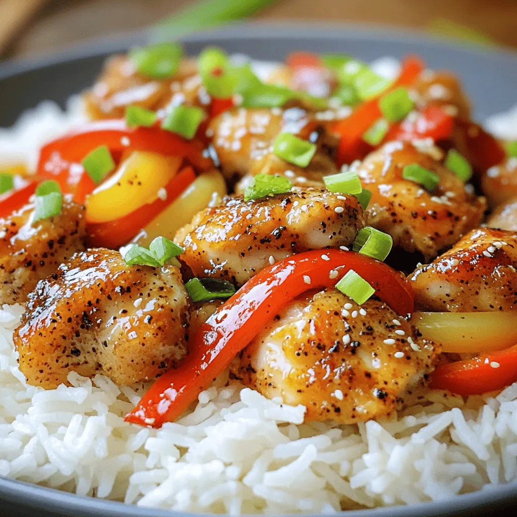 - 500g boneless chicken thighs - 2 tablespoons black pepper - 3 tablespoons soy sauce - 1 tablespoon oyster sauce - 1 tablespoon vegetable oil - 1 bell pepper, sliced - 1 onion, sliced - 2 cloves garlic, minced - 1-inch piece ginger, grated - 2 green onions, chopped - 2 tablespoons cornstarch - 1 tablespoon sesame oil - Cooked rice for serving To make savory black pepper chicken, you need fresh ingredients. I like to use boneless chicken thighs for a tender bite. The black pepper gives it a nice kick. Soy sauce and oyster sauce add depth and umami flavor. For veggies, sliced bell pepper and onion add color and crunch. Garlic and ginger bring warmth and aroma. Green onions make a great garnish and enhance the dish. Cornstarch helps achieve a crisp coating on the chicken. Sesame oil adds a nutty flavor. Serve the chicken over fluffy rice for a complete meal. For the full recipe, check out Black Pepper Chicken Delight. First, get your chicken ready. In a bowl, combine 500g of boneless chicken thighs with 3 tablespoons of soy sauce, 1 tablespoon of oyster sauce, and 2 tablespoons of black pepper. Make sure every piece gets a good mix. This step is key for flavor. Let it sit and marinate for at least 30 minutes. This makes the chicken juicy and tasty. After marinating, it’s time to make the chicken crispy. Take 2 tablespoons of cornstarch and coat the marinated chicken. Make sure every piece is covered. This will help create a nice crunch when you cook it. Now, heat 1 tablespoon of vegetable oil in a skillet over medium-high heat. When the oil is hot and shimmering, add the coated chicken. Cook it in a single layer for about 5 to 6 minutes. You want it golden brown. Once done, remove the chicken from the skillet and set it aside. In the same skillet, add sliced onion, bell pepper, minced garlic, and grated ginger. Stir-fry these vegetables for 3 to 4 minutes. You want them to be tender yet still crisp. This adds color and flavor to your dish. Return the cooked chicken to the skillet with the vegetables. Add the remaining black pepper and 1 tablespoon of sesame oil. Toss everything well to mix. Heat it through for an additional 2 minutes. This step brings all the flavors together. To serve, place the Black Pepper Chicken over a bed of cooked rice. Garnish it with chopped green onions for a fresh touch. This dish looks great and tastes even better. If you want to try it, check out the Full Recipe for more details! Coating your chicken with cornstarch is key for great crispiness. This simple step creates a light, crunchy shell when you cook the chicken. Before frying, toss the marinated chicken pieces in cornstarch. Make sure each piece is well-covered. This method locks in moisture and enhances the texture. When the chicken cooks, it turns golden brown and crispy. If you want to change the spice level, adjust the black pepper. Start with the recommended two tablespoons, but feel free to add more if you like heat. For a milder taste, reduce the amount to one tablespoon. You can also use a mix of black pepper and white pepper for a unique flavor. Taste as you go to find your perfect balance. To elevate your Black Pepper Chicken, consider adding more flavors. A splash of hoisin sauce adds depth. You can also try a bit of chili paste for extra heat. Fresh herbs like basil or cilantro can brighten the dish. Don’t forget about sesame seeds for a nutty crunch. Experimenting with these options makes the dish your own. For the full recipe, check the link above! {{image_2}} You can swap chicken for other proteins. Shrimp works well, cooking quickly and adding a nice touch. Tofu is another great option. It soaks up the flavors and gives a different texture. Beef adds a hearty bite. Use thin slices for even cooking. Each protein brings its unique taste to the dish. If you prefer a vegetarian option, consider plant-based chicken. It mimics the texture of meat while soaking up the dish's flavors. Mushrooms are also a fantastic choice. Their umami flavor adds depth and richness to the meal. Use shiitake or portobello for an earthy taste. You can easily change the flavor of Black Pepper Chicken by adding citrus. A splash of lime or lemon juice brightens the dish. Try different sauces for more variety. Hoisin or sweet chili sauce can sweeten the dish. Experiment with these changes to find your favorite twist. For the full recipe, check here: [Full Recipe]. To keep your Black Pepper Chicken fresh, store any leftovers in an airtight container. Make sure to let the dish cool down before sealing it up. In the fridge, your leftovers last about 3 to 4 days. If you have rice, store it separately to keep it fluffy. If you want to save some for later, freezing is a great option. First, let the Black Pepper Chicken cool completely. Then, transfer it to a freezer-safe container. You can also use freezer bags for easy storage. When you’re ready to eat, thaw it overnight in the fridge. Reheat it in a skillet over low heat, stirring often, until hot. In the fridge, your Black Pepper Chicken will stay fresh for 3 to 4 days. If you freeze it, it can last up to 3 months. Just remember, for the best taste, eat it within 1 to 2 months. Enjoy your flavorful meals without worry! Black Pepper Chicken is a flavorful dish that comes from Chinese cuisine. It mixes tender chicken with a bold black pepper sauce. The dish is popular in many restaurants and homes for its spicy kick and rich taste. You can find this dish in many Asian countries, but each has its unique twist. Yes, you can make Black Pepper Chicken ahead of time. Meal prep helps save time on busy days. To store it, let it cool, then place it in an airtight container. Keep it in the fridge for up to three days. You can also freeze it for up to two months. Just reheat it on the stove or in the microwave when you're ready to eat! Black Pepper Chicken pairs well with many sides. I recommend serving it over fluffy cooked rice. You can also add steamed vegetables like broccoli or snap peas for a healthy crunch. For a fun twist, serve it with fried rice or noodles too! To make Black Pepper Chicken gluten-free, swap regular soy sauce for gluten-free soy sauce. You can also use coconut aminos as a tasty alternative. Ensure your oyster sauce is gluten-free, or replace it with a gluten-free stir-fry sauce. Check labels carefully to avoid gluten in other ingredients. If you don’t have cornstarch, you can use flour instead. It will work as a coating but may not be as crisp. Another option is to use potato starch or tapioca flour. Both will give a nice texture to the chicken. Black Pepper Chicken can be spicy, thanks to the black pepper. If you prefer less heat, reduce the amount of black pepper in the recipe. You can also add sugar or honey to balance the spice. If you want more heat, add red pepper flakes or chopped chilies! In this blog post, we explored the key ingredients and steps to make Black Pepper Chicken. You learned how to marinate chicken, sauté vegetables, and combine flavors. We also discussed tips for achieving perfect crispiness and offered variations to suit your taste. Black Pepper Chicken is easy to customize and serves well over rice. With the right techniques, you can enjoy a tasty meal any day. Dive in and enjoy the bold flavors you create in your kitchen!