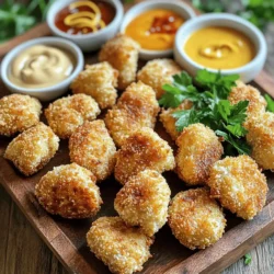 To make crispy chicken nuggets, gather these items: - 1 pound boneless, skinless chicken breasts, cut into bite-sized pieces - 1 cup buttermilk (or milk with 1 tablespoon vinegar added) - 1 teaspoon garlic powder - 1 teaspoon onion powder - 1 teaspoon smoked paprika - 1 teaspoon salt - 1/2 teaspoon black pepper - 1 cup all-purpose flour - 2 large eggs, beaten - 2 cups panko breadcrumbs - Oil for frying (such as vegetable or canola oil) Buttermilk is key for flavor and moisture. It helps the chicken stay tender. The spices add depth to the taste. Garlic powder and onion powder bring a savory kick. Smoked paprika gives a nice color and a hint of smokiness. The mix of spices makes every bite exciting. If you have allergies, here are easy swaps: - For dairy: Use non-dairy milk with vinegar instead of buttermilk. - For gluten: Swap all-purpose flour and breadcrumbs with gluten-free options. - For eggs: Use a flaxseed mix or unsweetened applesauce in place of eggs. These changes keep the recipe safe and just as tasty! Start by making the chicken marinade. In a large bowl, mix buttermilk, garlic powder, onion powder, smoked paprika, salt, and black pepper. This mix adds flavor and tenderizes the chicken. Next, cut your chicken breasts into bite-sized pieces. Add them to the marinade, making sure they are fully covered. Cover the bowl with plastic wrap. Place it in the fridge for at least 30 minutes. If you have more time, let it marinate for up to 2 hours. The longer it sits, the better the flavor. Now, it’s time to set up your breading station. Grab three shallow bowls. In the first bowl, add all-purpose flour. In the second bowl, beat two large eggs. In the third bowl, place the panko breadcrumbs. These breadcrumbs give the nuggets a nice crunch. When the chicken is ready, take it out of the marinade. Let the excess buttermilk drip off. First, coat each piece in flour, shaking off the extra. Then, dip it into the beaten eggs. Finally, cover the chicken in panko breadcrumbs. Make sure each piece is well-coated, so they get crispy when cooked. Next, heat oil in a deep skillet or fryer to 350°F (175°C). You want enough oil to cover the nuggets halfway. Avoid overcrowding the pan to ensure even cooking. Carefully place a few nuggets in the hot oil. Fry them for about 4 to 5 minutes on each side. Keep an eye on them until they turn golden brown. Use a slotted spoon to take the nuggets out of the oil. Drain them on a paper towel-lined plate to remove excess oil. Repeat this process with the remaining chicken pieces. For the best results, make sure the internal temperature reaches 165°F (75°C). Now you're ready to enjoy your crispy chicken nuggets! For the full recipe, check the recipe section. To get crispy chicken nuggets, use panko breadcrumbs. They add great crunch. First, coat the chicken in flour. Then, dip it in beaten eggs. Finally, cover it with panko. Fry them in hot oil. This method locks in moisture while keeping the outside crunchy. For frying, I suggest using vegetable or canola oil. These oils have high smoke points. They can handle the heat without burning. You want enough oil to cover the nuggets halfway. This helps them cook evenly and become crispy. One common mistake is overcrowding the pan. If you add too many nuggets, they will steam instead of fry. Fry them in small batches. Another mistake is not letting the oil heat up enough. Use a thermometer to check the temperature. Oil should be about 350°F. This ensures a golden, crispy finish. {{image_2}} You can make your chicken nuggets gluten-free easily. Instead of all-purpose flour, use gluten-free flour or cornstarch. For the breading, swap panko with gluten-free breadcrumbs or crushed rice cereal. This keeps the crunch while being safe for those with gluten allergies. To spice things up, add cayenne pepper to the buttermilk marinade. You can also mix in some hot sauce for an extra kick. For herb flavors, try adding dried oregano or thyme to the breading mix. These changes make your nuggets unique and full of flavor. Frying gives you that crispy texture we all love. But you can also bake your nuggets for a healthier option. Preheat your oven to 400°F (200°C). Place the breaded nuggets on a baking sheet lined with parchment paper. Spray them lightly with oil. Bake for 15-20 minutes, flipping halfway through. They won't be as crispy, but they will still taste great. For the full recipe, check out the Crispy Chicken Nuggets section. To keep your crispy chicken nuggets fresh, store them in an airtight container. Let the nuggets cool down first. If you put hot nuggets in the container, moisture builds up. This moisture can make them soggy. Use parchment paper between layers if you stack them. This helps keep them crisp. When you are ready to enjoy your nuggets again, reheating is key. The oven works best to keep them crispy. Preheat your oven to 400°F (200°C). Place the nuggets on a baking sheet. Heat them for about 10-15 minutes. Flip them halfway through for even warmth. You can also use an air fryer. Set it to 375°F (190°C) and cook for about 5-7 minutes. Both methods help keep that crunchy outside. To freeze your crispy chicken nuggets, first, let them cool completely. Place them in a single layer on a baking sheet. Freeze them for about an hour. This step prevents them from sticking together. After freezing, transfer them to a freezer-safe bag. Remove as much air as you can. Label the bag with the date. You can store them like this for up to three months. When you're ready to eat, cook them straight from the freezer. Just add a few extra minutes to your cooking time. You can make crispy chicken nuggets without frying by baking them. Preheat your oven to 425°F (220°C). After breading the nuggets, place them on a baking sheet lined with parchment paper. Spray the nuggets lightly with cooking oil. Bake for 20-25 minutes, turning halfway through. This method gives you a healthier option with less oil. You still get a nice crunch! Dipping sauces can enhance your chicken nuggets. Some popular choices include: - Honey mustard - BBQ sauce - Spicy sriracha mayo - Ranch dressing - Sweet and sour sauce These sauces add flavor and fun. Feel free to mix and match based on your taste. Yes, you can meal prep crispy chicken nuggets. Make a batch and store them in the fridge for up to three days. To reheat, bake them in the oven at 375°F (190°C) for about 10-15 minutes. You can also freeze them for longer storage. Just ensure they are fully cooled before freezing. This way, you have easy meals ready to go! This article covered the key ingredients, step-by-step instructions, and useful tips for making crispy chicken nuggets. You learned how buttermilk and spices play a role in flavor. I shared ways to avoid common mistakes and how to store leftovers properly. In conclusion, with practice, you can make tasty nuggets at home. Experiment with flavors and techniques to find your favorite version. Happy cooking!