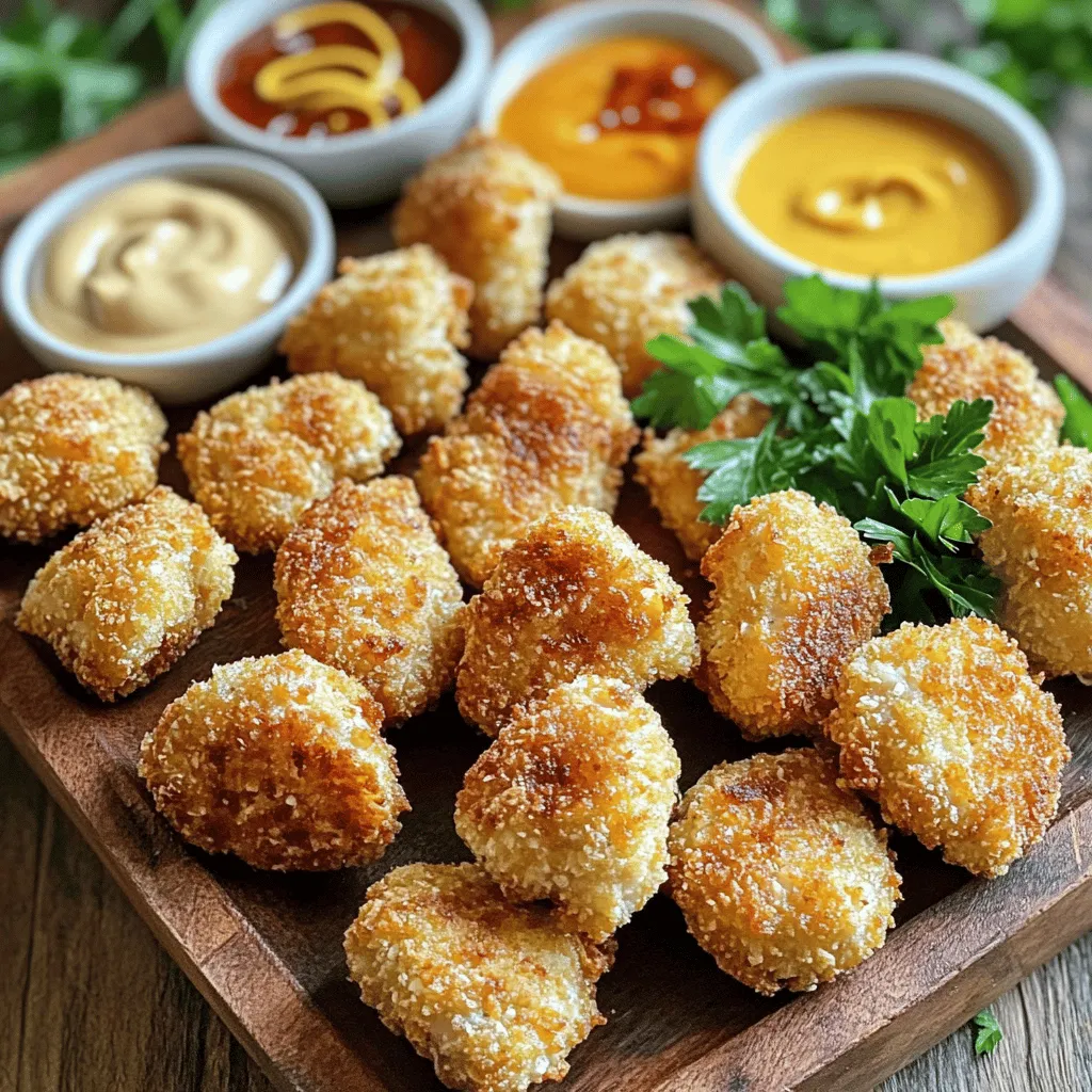To make crispy chicken nuggets, gather these items: - 1 pound boneless, skinless chicken breasts, cut into bite-sized pieces - 1 cup buttermilk (or milk with 1 tablespoon vinegar added) - 1 teaspoon garlic powder - 1 teaspoon onion powder - 1 teaspoon smoked paprika - 1 teaspoon salt - 1/2 teaspoon black pepper - 1 cup all-purpose flour - 2 large eggs, beaten - 2 cups panko breadcrumbs - Oil for frying (such as vegetable or canola oil) Buttermilk is key for flavor and moisture. It helps the chicken stay tender. The spices add depth to the taste. Garlic powder and onion powder bring a savory kick. Smoked paprika gives a nice color and a hint of smokiness. The mix of spices makes every bite exciting. If you have allergies, here are easy swaps: - For dairy: Use non-dairy milk with vinegar instead of buttermilk. - For gluten: Swap all-purpose flour and breadcrumbs with gluten-free options. - For eggs: Use a flaxseed mix or unsweetened applesauce in place of eggs. These changes keep the recipe safe and just as tasty! Start by making the chicken marinade. In a large bowl, mix buttermilk, garlic powder, onion powder, smoked paprika, salt, and black pepper. This mix adds flavor and tenderizes the chicken. Next, cut your chicken breasts into bite-sized pieces. Add them to the marinade, making sure they are fully covered. Cover the bowl with plastic wrap. Place it in the fridge for at least 30 minutes. If you have more time, let it marinate for up to 2 hours. The longer it sits, the better the flavor. Now, it’s time to set up your breading station. Grab three shallow bowls. In the first bowl, add all-purpose flour. In the second bowl, beat two large eggs. In the third bowl, place the panko breadcrumbs. These breadcrumbs give the nuggets a nice crunch. When the chicken is ready, take it out of the marinade. Let the excess buttermilk drip off. First, coat each piece in flour, shaking off the extra. Then, dip it into the beaten eggs. Finally, cover the chicken in panko breadcrumbs. Make sure each piece is well-coated, so they get crispy when cooked. Next, heat oil in a deep skillet or fryer to 350°F (175°C). You want enough oil to cover the nuggets halfway. Avoid overcrowding the pan to ensure even cooking. Carefully place a few nuggets in the hot oil. Fry them for about 4 to 5 minutes on each side. Keep an eye on them until they turn golden brown. Use a slotted spoon to take the nuggets out of the oil. Drain them on a paper towel-lined plate to remove excess oil. Repeat this process with the remaining chicken pieces. For the best results, make sure the internal temperature reaches 165°F (75°C). Now you're ready to enjoy your crispy chicken nuggets! For the full recipe, check the recipe section. To get crispy chicken nuggets, use panko breadcrumbs. They add great crunch. First, coat the chicken in flour. Then, dip it in beaten eggs. Finally, cover it with panko. Fry them in hot oil. This method locks in moisture while keeping the outside crunchy. For frying, I suggest using vegetable or canola oil. These oils have high smoke points. They can handle the heat without burning. You want enough oil to cover the nuggets halfway. This helps them cook evenly and become crispy. One common mistake is overcrowding the pan. If you add too many nuggets, they will steam instead of fry. Fry them in small batches. Another mistake is not letting the oil heat up enough. Use a thermometer to check the temperature. Oil should be about 350°F. This ensures a golden, crispy finish. {{image_2}} You can make your chicken nuggets gluten-free easily. Instead of all-purpose flour, use gluten-free flour or cornstarch. For the breading, swap panko with gluten-free breadcrumbs or crushed rice cereal. This keeps the crunch while being safe for those with gluten allergies. To spice things up, add cayenne pepper to the buttermilk marinade. You can also mix in some hot sauce for an extra kick. For herb flavors, try adding dried oregano or thyme to the breading mix. These changes make your nuggets unique and full of flavor. Frying gives you that crispy texture we all love. But you can also bake your nuggets for a healthier option. Preheat your oven to 400°F (200°C). Place the breaded nuggets on a baking sheet lined with parchment paper. Spray them lightly with oil. Bake for 15-20 minutes, flipping halfway through. They won't be as crispy, but they will still taste great. For the full recipe, check out the Crispy Chicken Nuggets section. To keep your crispy chicken nuggets fresh, store them in an airtight container. Let the nuggets cool down first. If you put hot nuggets in the container, moisture builds up. This moisture can make them soggy. Use parchment paper between layers if you stack them. This helps keep them crisp. When you are ready to enjoy your nuggets again, reheating is key. The oven works best to keep them crispy. Preheat your oven to 400°F (200°C). Place the nuggets on a baking sheet. Heat them for about 10-15 minutes. Flip them halfway through for even warmth. You can also use an air fryer. Set it to 375°F (190°C) and cook for about 5-7 minutes. Both methods help keep that crunchy outside. To freeze your crispy chicken nuggets, first, let them cool completely. Place them in a single layer on a baking sheet. Freeze them for about an hour. This step prevents them from sticking together. After freezing, transfer them to a freezer-safe bag. Remove as much air as you can. Label the bag with the date. You can store them like this for up to three months. When you're ready to eat, cook them straight from the freezer. Just add a few extra minutes to your cooking time. You can make crispy chicken nuggets without frying by baking them. Preheat your oven to 425°F (220°C). After breading the nuggets, place them on a baking sheet lined with parchment paper. Spray the nuggets lightly with cooking oil. Bake for 20-25 minutes, turning halfway through. This method gives you a healthier option with less oil. You still get a nice crunch! Dipping sauces can enhance your chicken nuggets. Some popular choices include: - Honey mustard - BBQ sauce - Spicy sriracha mayo - Ranch dressing - Sweet and sour sauce These sauces add flavor and fun. Feel free to mix and match based on your taste. Yes, you can meal prep crispy chicken nuggets. Make a batch and store them in the fridge for up to three days. To reheat, bake them in the oven at 375°F (190°C) for about 10-15 minutes. You can also freeze them for longer storage. Just ensure they are fully cooled before freezing. This way, you have easy meals ready to go! This article covered the key ingredients, step-by-step instructions, and useful tips for making crispy chicken nuggets. You learned how buttermilk and spices play a role in flavor. I shared ways to avoid common mistakes and how to store leftovers properly. In conclusion, with practice, you can make tasty nuggets at home. Experiment with flavors and techniques to find your favorite version. Happy cooking!