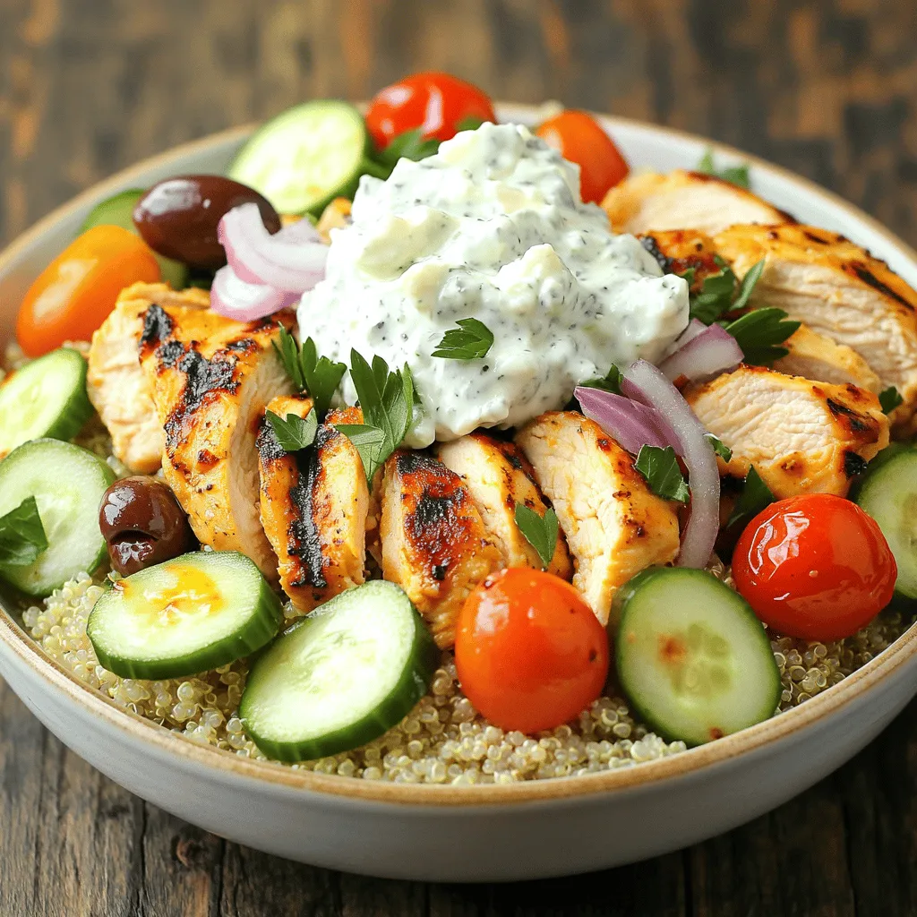 For the chicken, I use: - 2 large chicken breasts - Olive oil - Lemon juice - Oregano - Salt - Pepper I marinate the chicken in olive oil, lemon juice, oregano, salt, and pepper. This adds great flavor and makes the chicken juicy. You can choose either: - 1 cup quinoa - 1 cup bulgur wheat I love quinoa for its nutty flavor, but bulgur is also a tasty choice. Both are healthy and full of fiber. You will need: - 1 cup cherry tomatoes, halved - 1 cucumber, diced - 1 red onion, thinly sliced - 1 cup kalamata olives, pitted and halved - 1 cup feta cheese, crumbled - ¼ cup fresh parsley, chopped The fresh vegetables add crunch and color. They brighten the dish and add nutrients. For the tzatziki sauce, gather: - 1 cup Greek yogurt - 1 cucumber, grated and excess water squeezed out - 2 cloves garlic, minced - 1 tablespoon olive oil - 1 tablespoon lemon juice - Salt and pepper to taste This sauce is creamy and refreshing. It pairs perfectly with the chicken and veggies. You can find the full recipe for this dish above. Marinating the chicken is the first step. In a bowl, mix olive oil, lemon juice, oregano, salt, and pepper. This blend gives the chicken a bright flavor. Add the chicken breasts, making sure they are fully coated. Let them marinate for at least 30 minutes. For best taste, marinate overnight in the fridge. Next, we cook the quinoa or bulgur. First, rinse it under cold water to remove any bitterness. In a pot, bring vegetable or chicken broth to a boil. Once boiling, stir in the quinoa or bulgur. Cover and simmer for about 15 minutes. It should be fluffy and ready to enjoy. Now, let’s prepare the tzatziki sauce. In a mixing bowl, combine Greek yogurt, grated cucumber, minced garlic, olive oil, and lemon juice. Add salt and pepper to taste. Mix everything well until smooth. Chill in the fridge until you are ready to serve. It’s time to cook the chicken. Preheat your grill or grill pan to medium heat. Take the chicken out of the marinade and place it on the grill. Cook for about 5-7 minutes on each side. The chicken should reach an internal temperature of 165°F (75°C). After cooking, let it rest for about 5 minutes, then slice it. Assembling the bowls is fun! Start with a scoop of quinoa or bulgur as the base. Top it with sliced chicken, halved cherry tomatoes, diced cucumber, red onion, olives, and crumbled feta cheese. For the finishing touch, drizzle a generous dollop of tzatziki sauce on top. Garnish with fresh parsley for a pop of color. Now you have a vibrant and nourishing meal. Enjoy your Greek chicken bowls! For the full recipe, refer to the previous section. To get juicy grilled chicken, start with a good marinade. Use olive oil, lemon juice, oregano, salt, and pepper to soak the chicken. Let it marinate for at least 30 minutes. This step adds flavor and keeps the chicken moist. When cooking, preheat your grill to medium heat. Cook each side for 5-7 minutes. Check that the chicken reaches 165°F (75°C). Let it rest before slicing. This helps keep the juices inside. Tzatziki is key to your Greek chicken bowls. Use high-quality Greek yogurt for a thick, creamy texture. Grate your cucumber and squeeze out excess water. This step prevents a watery sauce. Mix in minced garlic, olive oil, lemon juice, salt, and pepper. Taste and adjust the seasoning if needed. For extra freshness, add chopped fresh dill or mint. Chill the sauce before serving. This makes the flavors pop! Meal prep can save time during busy weeks. Start by marinating several chicken breasts at once. Cook them all and slice them up. Store the chicken in airtight containers in the fridge. Prepare a big batch of quinoa or bulgur too. Store it separately to keep it fluffy. Chop your veggies in advance and keep them fresh in the fridge. This way, you can quickly assemble your bowls when hunger strikes. Presentation matters in making your meal inviting. Use colorful, fresh veggies like cherry tomatoes and cucumbers. Layer the ingredients in your bowl for a beautiful look. Start with quinoa or bulgur as a base. Add the chicken on top, then pile on the veggies. Finish with a generous dollop of tzatziki. Sprinkle fresh parsley for a pop of color. A well-presented bowl is as pleasing to the eyes as it is to the taste buds. For more details, check out the Full Recipe. {{image_2}} You can switch the chicken for other proteins. Try lamb or shrimp for a twist. Both options offer rich flavors that pair well with the bowl's ingredients. If you go for lamb, marinate it just like the chicken. For shrimp, just cook them until pink. This keeps the meal quick and easy. To make this dish vegetarian, use chickpeas or grilled vegetables. Chickpeas add protein and fiber. They also soak up the marinade well. Grilled vegetables like zucchini, bell peppers, or eggplant bring great taste. Just marinate and grill them until tender. You'll enjoy a hearty, satisfying meal without meat. If you're gluten-free, swap quinoa or bulgur with rice or cauliflower rice. Both options work well and keep the bowl filling. For a fun touch, try brown rice for more texture. Cauliflower rice keeps it light and low-carb. Enjoy the same flavors without any gluten. Feel free to swap ingredients based on what you have. Use different olives or cheeses from your area. For a Mediterranean twist, add artichokes or roasted red peppers. You can also try different herbs like dill or mint for a fresh kick. These changes keep the dish exciting and unique every time. Check out the Full Recipe for more details on creating your Greek Chicken Bowls! To keep your Greek chicken bowls fresh, store leftovers in an airtight container. Place the chicken, quinoa, and veggies in separate sections or containers. This way, each part stays crisp and tasty. They can last in the fridge for up to three days. When ready to eat, a quick check for any off smells or colors is always smart. If you want to save your Greek chicken bowls for later, freezing is a great option. First, let everything cool down to room temperature. Then, divide the chicken and quinoa into portions. Use freezer-safe bags or containers. Make sure to remove as much air as possible to avoid freezer burn. These can stay good for up to three months in the freezer. Remember, fresh vegetables do not freeze well, so it's best to add them later. When you're ready to enjoy your Greek chicken bowls again, reheating is simple. If you stored them in the fridge, you can heat in the microwave. Cover the bowl to keep moisture in and warm for 1-2 minutes. For frozen bowls, thaw them overnight in the fridge. Then, microwave or heat on the stove until hot. Always check that chicken reaches 165°F before eating. Enjoy your meal just like the first time! If you don't have quinoa or bulgur, you can use rice or couscous. Both options work well as a base for your Greek chicken bowls. Rice adds a nice texture. Couscous cooks quickly and absorbs flavors well. You can also try farro or barley for a different taste. To kick up the heat, add some crushed red pepper flakes. You can also mix in diced jalapeños or a splash of hot sauce. If you like a smoky flavor, try smoked paprika. Just a little goes a long way. Adjust the spices based on your taste. Yes! This meal is great for meal prep. You can marinate the chicken a day before. Cook the quinoa or bulgur ahead of time and store it in the fridge. Chop your veggies in advance too. Just assemble the bowls when you're ready to eat. This saves time during busy days. Consider serving a Greek salad or some roasted vegetables. A light lemony side works well too. Pita bread or hummus are tasty choices as well. These sides complement the flavors in the bowls. They also add extra freshness to your meal. Tzatziki sauce is not strictly necessary, but it adds a creamy and cool element. It enhances the flavors of the chicken and veggies. If you prefer, you can skip it or use a yogurt dressing instead. However, I recommend trying it for the full experience! For the complete recipe, check out the Full Recipe. This blog post covered how to make delicious Greek chicken bowls. We discussed the key ingredients, from chicken and marinade to fresh veggies and tzatziki. You learned step-by-step instructions for marinating, cooking, and assembling your bowls. We also shared tips for great seasoning and meal prep. Plus, we offered variations to suit different diets and storage info for leftovers. Now, it’s time to enjoy these flavorful bowls. Use what you learned to create your version! Healthy meals like this can make a big difference in your lifestyle.
