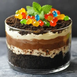 - 1 package (15.25 oz) Oreo cookies - 1/2 cup (1 stick) unsalted butter, melted - 1 package (8 oz) cream cheese, softened - 1 package (16 oz) powdered sugar - 1 tub (16 oz) Cool Whip, thawed - 1 package (3.9 oz) chocolate instant pudding mix - 2 cups milk - Optional decorations: gummy worms, fresh mint leaves Oreo cookies are the star of this dessert. Their crunchy texture adds a great base. I use unsalted butter to bind the cookie crumbs. This helps create a rich crust that is simple yet delightful. Cream cheese gives a creamy layer that balances the sweet cookie crust. Mixing it with powdered sugar makes it extra sweet. Cool Whip makes the filling light and fluffy, which contrasts with the dense pudding layer. Chocolate pudding mix is key for that classic "dirt" flavor. Mixing it with milk thickens it and adds creaminess. If you want to jazz it up, add gummy worms on top. Fresh mint leaves can add color and freshness to the dish. For the full recipe, be sure to check out the details above. This dessert is easy to make and fun for all ages! First, take your Oreo cookies and blend them into fine crumbs. I love using a food processor for this task. It works fast and gives you a great texture. Next, in a mixing bowl, combine these crumbs with melted butter. Stir until the crumbs are fully coated. Now, you need to press this mix into the bottom of a 9x13 inch baking dish. This forms a solid crust for the dirt cake. In a separate bowl, beat the softened cream cheese until smooth. This step is key for a creamy filling. Gradually add the powdered sugar and mix until it blends well. Then, gently fold in the thawed Cool Whip. This adds a light and fluffy texture to your filling. The cream cheese mixture is now ready to layer. In another bowl, whisk together the chocolate pudding mix and milk. Do this for about two minutes until the pudding thickens. Let it sit for five minutes to set. Now, spread the cream cheese mixture evenly over the crust. Then, layer the thick chocolate pudding on top of the cream cheese. Spread it out evenly for a nice finish. Cover the dirt cake with plastic wrap and chill it in the fridge. Let it sit for at least four hours, or better yet, overnight. This helps all the flavors come together. Before serving, decorate the top with gummy worms and fresh mint leaves. This adds a fun touch to your dessert. For the full recipe, check the section above. Chilling time is key for a great Oreo dirt cake. Let it sit in the fridge for at least 4 hours. For best results, chill it overnight. This helps all the flavors mix well. The cake also firms up nicely, making it easier to serve. You want to achieve the right crumb consistency. For the crust, crush the Oreo cookies finely. A food processor works best for this. Mix the crumbs with melted butter until it sticks together. This will give you a sturdy base. To make your dessert shine, use clear glass dishes. This lets everyone see the beautiful layers. You can also serve the cake in individual cups. It makes for a fun and easy serving option. Top each cup with a gummy worm for extra flair! Beverages can enhance your dessert experience. Try serving Oreo dirt cake with cold milk or a sweet soda. Both pair well with the rich flavors. For a snack, consider chocolate-covered pretzels. Their crunch adds a nice contrast to the creamy cake. {{image_2}} You can easily make this dessert gluten-free. Just swap regular Oreo cookies for gluten-free ones. Brands like Glutino or K-toos offer tasty options. They provide a similar crunch and flavor. This change keeps the dessert fun for everyone. Want to switch up the flavor? Try using different pudding mixes. Vanilla pudding gives a light taste. Strawberry pudding adds a fruity twist. Both can bring a new life to your dirt cake. Just mix them the same way as the chocolate pudding. Each flavor will give a unique spin on the classic dessert. If you're looking for vegan options, you can make simple swaps. Use vegan cream cheese and non-dairy whipped topping. For the pudding, choose a plant-based mix. These changes keep the cake creamy and delicious without any animal products. You still get that rich taste everyone loves! Check out the [Full Recipe] for more details on creating your perfect OREO DIRT CAKE. To keep your Oreo dirt cake fresh, cover it tightly with plastic wrap. Make sure no air can get in. This will help the cake stay moist and tasty. You can also use an airtight container. Store it in the fridge. If you want to save some for later, you can freeze Oreo dirt cake. Cut it into pieces and wrap each piece in plastic wrap. Then, place the wrapped pieces in a freezer bag. Be sure to remove as much air as possible. When you want to enjoy it, let it thaw in the fridge overnight before serving. Oreo dirt cake lasts about 3 to 4 days in the fridge. After that, it may lose its flavor and texture. If you freeze it, the cake can last up to 2 months. Just remember, the sooner you eat it, the better it will taste! Oreo dirt cake lasts about 3 to 5 days in the fridge. The cool temperature helps keep it fresh. However, the longer it sits, the softer the crust may become. So, eat it while it’s still firm and tasty! Yes, you can make Oreo dirt cake a day or two ahead. Just cover it well with plastic wrap. This lets the flavors blend and creates a richer taste. It's perfect for parties, potlucks, or family gatherings. If you want to skip Cool Whip, you can use whipped cream. You could also whip together heavy cream and sugar. Another option is Greek yogurt for a healthier twist. Each choice will change the flavor a little, but they all work well. Absolutely! You can add layers of fruit or different cookies. Consider using crushed chocolate bars or candy on top. You can also switch up the pudding flavor. The more layers, the more fun it looks and tastes! Oreo dirt cake is a fun and easy dessert. You learned how to make it in simple steps. We covered the main ingredients, from Oreo cookies to cool decorations. I shared tips on perfecting the texture and serving ideas. Variations help you cater to different diets. Proper storage keeps leftovers fresh. With this guide, you can create a delicious treat that everyone will enjoy. Dive in and make your own Oreo dirt cake today!