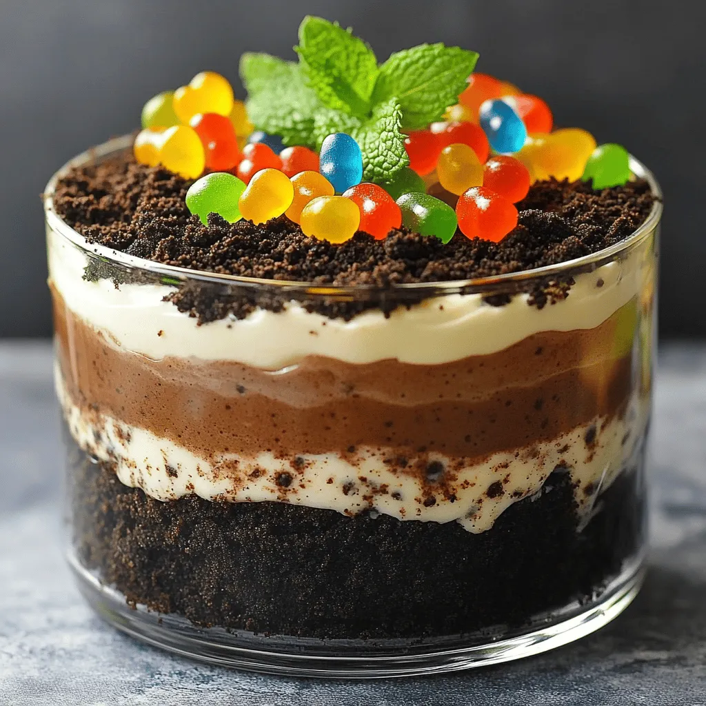 - 1 package (15.25 oz) Oreo cookies - 1/2 cup (1 stick) unsalted butter, melted - 1 package (8 oz) cream cheese, softened - 1 package (16 oz) powdered sugar - 1 tub (16 oz) Cool Whip, thawed - 1 package (3.9 oz) chocolate instant pudding mix - 2 cups milk - Optional decorations: gummy worms, fresh mint leaves Oreo cookies are the star of this dessert. Their crunchy texture adds a great base. I use unsalted butter to bind the cookie crumbs. This helps create a rich crust that is simple yet delightful. Cream cheese gives a creamy layer that balances the sweet cookie crust. Mixing it with powdered sugar makes it extra sweet. Cool Whip makes the filling light and fluffy, which contrasts with the dense pudding layer. Chocolate pudding mix is key for that classic "dirt" flavor. Mixing it with milk thickens it and adds creaminess. If you want to jazz it up, add gummy worms on top. Fresh mint leaves can add color and freshness to the dish. For the full recipe, be sure to check out the details above. This dessert is easy to make and fun for all ages! First, take your Oreo cookies and blend them into fine crumbs. I love using a food processor for this task. It works fast and gives you a great texture. Next, in a mixing bowl, combine these crumbs with melted butter. Stir until the crumbs are fully coated. Now, you need to press this mix into the bottom of a 9x13 inch baking dish. This forms a solid crust for the dirt cake. In a separate bowl, beat the softened cream cheese until smooth. This step is key for a creamy filling. Gradually add the powdered sugar and mix until it blends well. Then, gently fold in the thawed Cool Whip. This adds a light and fluffy texture to your filling. The cream cheese mixture is now ready to layer. In another bowl, whisk together the chocolate pudding mix and milk. Do this for about two minutes until the pudding thickens. Let it sit for five minutes to set. Now, spread the cream cheese mixture evenly over the crust. Then, layer the thick chocolate pudding on top of the cream cheese. Spread it out evenly for a nice finish. Cover the dirt cake with plastic wrap and chill it in the fridge. Let it sit for at least four hours, or better yet, overnight. This helps all the flavors come together. Before serving, decorate the top with gummy worms and fresh mint leaves. This adds a fun touch to your dessert. For the full recipe, check the section above. Chilling time is key for a great Oreo dirt cake. Let it sit in the fridge for at least 4 hours. For best results, chill it overnight. This helps all the flavors mix well. The cake also firms up nicely, making it easier to serve. You want to achieve the right crumb consistency. For the crust, crush the Oreo cookies finely. A food processor works best for this. Mix the crumbs with melted butter until it sticks together. This will give you a sturdy base. To make your dessert shine, use clear glass dishes. This lets everyone see the beautiful layers. You can also serve the cake in individual cups. It makes for a fun and easy serving option. Top each cup with a gummy worm for extra flair! Beverages can enhance your dessert experience. Try serving Oreo dirt cake with cold milk or a sweet soda. Both pair well with the rich flavors. For a snack, consider chocolate-covered pretzels. Their crunch adds a nice contrast to the creamy cake. {{image_2}} You can easily make this dessert gluten-free. Just swap regular Oreo cookies for gluten-free ones. Brands like Glutino or K-toos offer tasty options. They provide a similar crunch and flavor. This change keeps the dessert fun for everyone. Want to switch up the flavor? Try using different pudding mixes. Vanilla pudding gives a light taste. Strawberry pudding adds a fruity twist. Both can bring a new life to your dirt cake. Just mix them the same way as the chocolate pudding. Each flavor will give a unique spin on the classic dessert. If you're looking for vegan options, you can make simple swaps. Use vegan cream cheese and non-dairy whipped topping. For the pudding, choose a plant-based mix. These changes keep the cake creamy and delicious without any animal products. You still get that rich taste everyone loves! Check out the [Full Recipe] for more details on creating your perfect OREO DIRT CAKE. To keep your Oreo dirt cake fresh, cover it tightly with plastic wrap. Make sure no air can get in. This will help the cake stay moist and tasty. You can also use an airtight container. Store it in the fridge. If you want to save some for later, you can freeze Oreo dirt cake. Cut it into pieces and wrap each piece in plastic wrap. Then, place the wrapped pieces in a freezer bag. Be sure to remove as much air as possible. When you want to enjoy it, let it thaw in the fridge overnight before serving. Oreo dirt cake lasts about 3 to 4 days in the fridge. After that, it may lose its flavor and texture. If you freeze it, the cake can last up to 2 months. Just remember, the sooner you eat it, the better it will taste! Oreo dirt cake lasts about 3 to 5 days in the fridge. The cool temperature helps keep it fresh. However, the longer it sits, the softer the crust may become. So, eat it while it’s still firm and tasty! Yes, you can make Oreo dirt cake a day or two ahead. Just cover it well with plastic wrap. This lets the flavors blend and creates a richer taste. It's perfect for parties, potlucks, or family gatherings. If you want to skip Cool Whip, you can use whipped cream. You could also whip together heavy cream and sugar. Another option is Greek yogurt for a healthier twist. Each choice will change the flavor a little, but they all work well. Absolutely! You can add layers of fruit or different cookies. Consider using crushed chocolate bars or candy on top. You can also switch up the pudding flavor. The more layers, the more fun it looks and tastes! Oreo dirt cake is a fun and easy dessert. You learned how to make it in simple steps. We covered the main ingredients, from Oreo cookies to cool decorations. I shared tips on perfecting the texture and serving ideas. Variations help you cater to different diets. Proper storage keeps leftovers fresh. With this guide, you can create a delicious treat that everyone will enjoy. Dive in and make your own Oreo dirt cake today!
