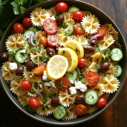 To make a tasty Mediterranean pasta salad, gather these key items: - 8 oz. farfalle pasta (or your favorite pasta shape) - 1 cup cherry tomatoes, halved - 1 cup cucumber, diced - 1/2 cup Kalamata olives, pitted and sliced - 1/2 cup feta cheese, crumbled - 1/4 cup red onion, finely chopped - 1/4 cup fresh parsley, chopped - 1/4 cup extra-virgin olive oil - 2 tablespoons fresh lemon juice - 1 teaspoon dried oregano - Salt and pepper to taste Each ingredient adds flavor and color. The farfalle brings a fun shape, while the olives offer a salty kick. The feta cheese brings a creamy texture that balances perfectly with the fresh veggies. You can make this salad your own by adding extras. Here are some ideas: - Bell peppers for crunch - Artichoke hearts for a tangy twist - Avocado for creaminess - Grilled chicken or shrimp for protein Feel free to mix and match based on what you have or what you love. This flexibility makes the salad fun and personal. This Mediterranean pasta salad is not just tasty; it’s also healthy. Here’s a simple breakdown: - Calories: About 250 per serving - Protein: 8g - Carbohydrates: 30g - Fat: 12g - Fiber: 3g The fresh veggies provide vitamins, while the healthy fats from olive oil and feta support heart health. This balance makes it a great choice for a meal or side dish. You can find the full recipe in the article to start your cooking adventure! Start by boiling water in a large pot. Add a pinch of salt to the water. Once it's boiling, add 8 oz. of farfalle pasta. Cook it until it's al dente, which takes about 8-10 minutes. Drain the pasta in a colander and rinse it with cold water. This cools the pasta and stops the cooking. Set the pasta aside while you prepare the other ingredients. In a big mixing bowl, add the fun colors of your salad! Chop 1 cup of cherry tomatoes in half. Dice 1 cup of cucumber into small pieces. Slice 1/2 cup of Kalamata olives and add them to the bowl. Crumble 1/2 cup of feta cheese for a creamy touch. Finely chop 1/4 cup of red onion and 1/4 cup of fresh parsley. Toss all these ingredients together to blend their flavors. Grab a small bowl to make your dressing. Pour in 1/4 cup of extra-virgin olive oil. Add 2 tablespoons of fresh lemon juice for zing. Sprinkle in 1 teaspoon of dried oregano, along with salt and pepper to taste. Use a whisk to mix everything until it looks smooth and well combined. This dressing will tie all the flavors together. Now, it’s time to bring it all together! Pour the cooled pasta into the bowl of fresh veggies and cheese. Drizzle the dressing over the top. Gently toss everything until it’s all coated evenly. Taste your salad and add more salt or pepper if needed. Cover your salad and refrigerate it for at least 30 minutes. This helps the flavors mix well. When serving, place it in a large shallow bowl. You can add extra parsley and lemon slices on the side for a pretty look. A drizzle of olive oil on top makes it shine. Enjoy your Mediterranean Pasta Salad! For the complete recipe, check the Full Recipe. To make your Mediterranean Pasta Salad even more tasty, think about adding fresh herbs. Basil and mint give a nice twist. You can also try sun-dried tomatoes for a rich flavor. They mix well with olives and feta cheese. Adding a pinch of red pepper flakes can give it a little kick. For extra crunch, toss in some toasted pine nuts or walnuts. These small changes can make a big difference in taste. If you need to make swaps, it’s easy! For gluten-free options, use gluten-free pasta. You can pick chickpea or lentil pasta for added protein. If you’re dairy-free, try using a vegan feta or skip the cheese altogether. For a lower-carb dish, spiralized zucchini can replace pasta. If you want a different flavor, swap Kalamata olives for green olives. Always feel free to adjust the recipe to fit your needs. When serving your Mediterranean Pasta Salad, choose a large, shallow bowl. It looks great and lets everyone dig in easily. Garnish with extra parsley for color. You can also add lemon slices on the side for a fresh touch. A drizzle of olive oil right before serving makes it shine. For a picnic, pack it in a mason jar for easy transport. This salad can be a showstopper at any gathering! {{image_2}} You can add proteins to your Mediterranean Pasta Salad to make it heartier. Chicken, shrimp, or tuna work well. Grilled chicken adds a nice smoky flavor. Shrimp adds a touch of sweetness. Tuna gives it a nice, salty bite. Just cook your protein and chop it into bite-sized pieces. Mix it in with the salad for a filling meal. Change the ingredients with the seasons for fresh tastes. In spring, add asparagus or peas for a bright crunch. Summer calls for grilled zucchini or bell peppers. In fall, try roasted butternut squash or Brussels sprouts. In winter, add roasted root veggies like carrots or sweet potatoes. These changes keep the salad exciting all year long. You can easily make this salad vegan or gluten-free. For a vegan option, skip the feta cheese or use a dairy-free alternative. Use gluten-free pasta to make it suitable for gluten-free diets. Quinoa or brown rice can replace pasta for a different texture. These swaps make the dish friendly for many diets while keeping it tasty. For the complete recipe, check the [Full Recipe]. To keep your Mediterranean Pasta Salad fresh, store it in an airtight container. Make sure the lid seals tightly. This helps prevent air from getting in, which can make the salad soggy or spoil faster. If you have any extra dressing, keep it separate. Add it just before serving for the best taste. When stored properly, Mediterranean Pasta Salad can last up to three days in the fridge. After that, the veggies may start to lose their crunch. The flavors will still be good, but the texture might change. Always check for any signs of spoilage before eating. If it smells off or looks strange, it's best to toss it. Freezing Mediterranean Pasta Salad is not the best option. The pasta and veggies can become mushy when thawed. If you still want to freeze it, leave out the fresh veggies and cheese. Instead, freeze just the pasta and dressing. When you're ready to eat, cook fresh veggies and add them back in. This way, you can enjoy a fresh-tasting salad! For the full recipe, check out the Mediterranean Pasta Salad details above. To make Mediterranean Pasta Salad from scratch, start by cooking 8 ounces of farfalle pasta. Follow the package directions and cook it until it is al dente. Once done, drain and rinse the pasta under cold water. This stops the cooking. Then, in a large bowl, combine 1 cup of halved cherry tomatoes, 1 cup of diced cucumber, 1/2 cup of sliced Kalamata olives, 1/2 cup of crumbled feta cheese, 1/4 cup of finely chopped red onion, and 1/4 cup of chopped fresh parsley. In a small bowl, whisk together 1/4 cup of extra-virgin olive oil, 2 tablespoons of fresh lemon juice, 1 teaspoon of dried oregano, salt, and pepper. Add the cooled pasta to the bowl and drizzle the dressing over it. Toss gently to mix everything well. Cover and refrigerate for at least 30 minutes to let the flavors blend. This is how you create the perfect Mediterranean Pasta Salad. The best add-ins for Mediterranean Pasta Salad include artichoke hearts, roasted red peppers, or even grilled chicken. You can also try adding different cheeses like mozzarella or goat cheese. For extra crunch, consider bell peppers, carrots, or radishes. Fresh herbs like basil or mint can boost the flavor too. Feel free to mix and match to suit your taste! Yes, you can prep Mediterranean Pasta Salad ahead of time. In fact, it tastes even better after chilling in the fridge for a few hours. You can make it a day in advance. Just keep it covered in the fridge until you are ready to serve. This allows the flavors to blend nicely. The serving size for Mediterranean Pasta Salad is about 4 to 6 people. This recipe yields enough for a small gathering or a family meal. If you want to serve more people, you can easily double the recipe. For the full recipe, check out the detailed instructions provided earlier. Mediterranean Pasta Salad is a versatile dish with endless possibilities. We explored the key ingredients, how to make it, and tips for great flavors. Remember to customize it with your favorite add-ins. Store leftovers properly to enjoy them later. This salad is perfect for gatherings or a simple meal at home. With so many variations, it fits every taste and diet. You can now create a delicious, fresh dish that brings joy to your table. Enjoy making your perfect Mediterranean Pasta Salad!