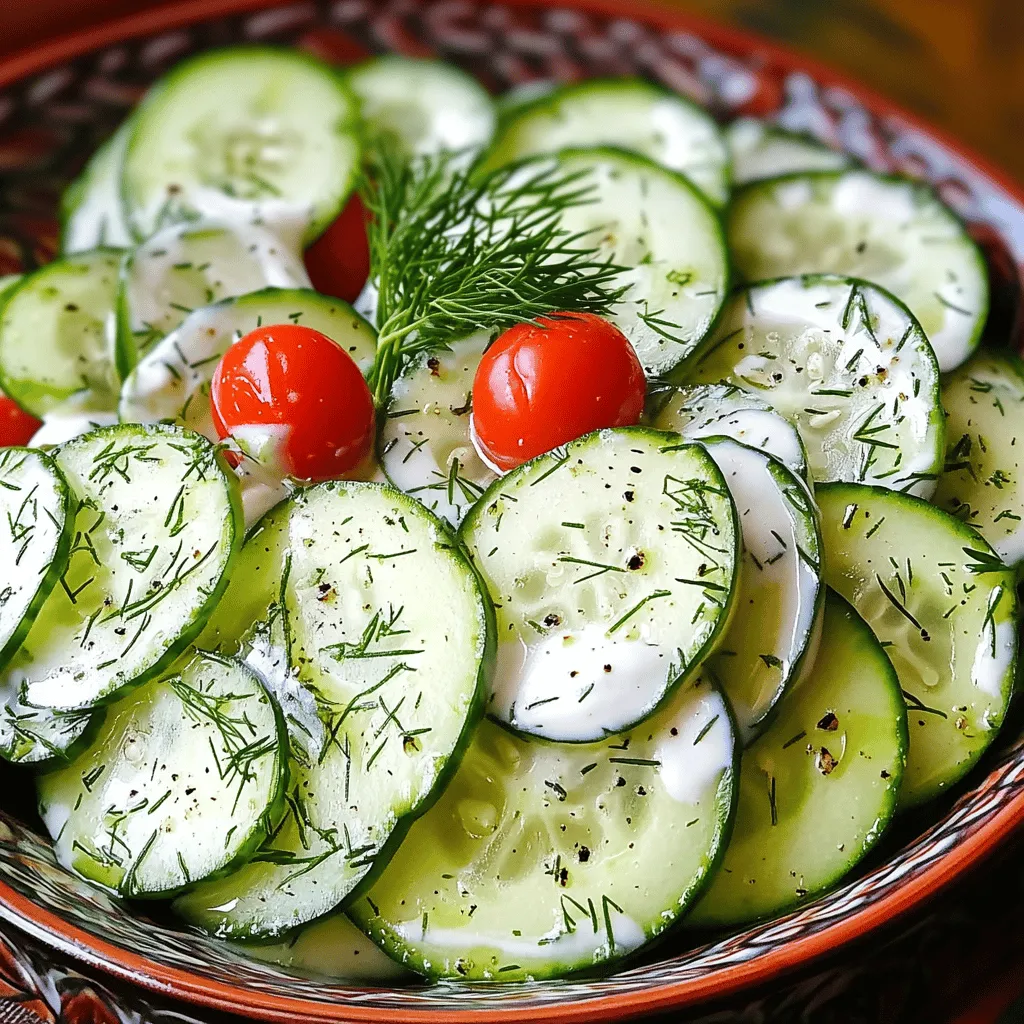 To make a tasty creamy cucumber salad, gather these ingredients: - 2 large cucumbers, thinly sliced - 1/2 cup plain Greek yogurt - 1/4 cup sour cream - 2 tablespoons fresh dill, chopped - 1 tablespoon lemon juice - 1 teaspoon garlic powder - Salt and pepper to taste - 1 tablespoon olive oil - Optional: 1/4 cup cherry tomatoes, halved If you don't have Greek yogurt or sour cream, use: - Plain yogurt as a substitute. - Buttermilk for a tangy twist. For herbs, fresh dill shines, but dried dill works too. Use less dried dill, as it’s stronger. This salad is light and healthy. Each serving has about: - Calories: 120 - Protein: 5g - Carbs: 10g - Fat: 8g Cucumbers are low in calories and high in water. They keep you hydrated. Greek yogurt adds protein and probiotics for gut health. Enjoy this fresh dish for a boost! To make a great creamy cucumber salad, start by washing the cucumbers. Rinse them under cold water to get rid of dirt. Next, slice them thinly. I like using a sharp knife or a mandolin slicer. Thin slices soak up the dressing better. Once sliced, place the cucumbers in a large colander. Sprinkle them with a little salt. This step helps draw out excess moisture. Let them sit for about 10 to 15 minutes. After that, pat the cucumber slices dry with paper towels. This gets rid of extra salt and water. Now, let’s prepare the creamy dressing. In a mixing bowl, combine the plain Greek yogurt, sour cream, chopped dill, lemon juice, and garlic powder. Mix until everything is smooth and well blended. After the cucumbers have rested, it's time to combine them with the dressing. In a large bowl, add the cucumbers to the creamy dressing. Toss gently until every cucumber slice is coated. Be sure to sprinkle salt and pepper to taste. This is where you can adjust the flavor to your liking. Drizzle olive oil over the salad and mix again. If you want some color, add halved cherry tomatoes. They add a nice pop and extra flavor. For the best taste, let the salad chill in the fridge for at least 30 minutes. This time allows the flavors to meld together. Chilling also helps improve the texture. The cool cucumber salad feels refreshing on a warm day. Enjoy making this creamy cucumber salad for your next meal! Check out the Full Recipe for more details. To make your creamy cucumber salad shine, start by using a mandolin slicer. This tool helps you cut cucumbers evenly. Uniform slices ensure every bite has the same crunch. If you don’t have one, a sharp knife will do. Just make sure the slices are thin. Next, you need to draw moisture from the cucumbers. This step is key for a crisp texture. After slicing, place them in a colander. Sprinkle a little salt on top. Let them rest for 10 to 15 minutes. This process helps rid the cucumbers of excess water. Pat them dry with paper towels afterward to remove salt and moisture. For a delightful meal, serve your salad with crusty bread or warm pita. The creamy dressing complements these sides perfectly. You can also make it visually appealing. Use a decorative bowl and garnish it with fresh dill. This adds color and invites people to dig in. To boost the flavor, add more herbs. Fresh mint or parsley works great. Just chop them finely and mix into the dressing. If you want a protein boost, try adding grilled chicken or shrimp. This turns your salad into a hearty dish. You can also toss in some crumbled feta for extra flavor. {{image_2}} You can make creamy cucumber salad even more exciting by adding proteins. Chicken or shrimp work well. Cooked chicken adds heartiness. Shrimp brings a lovely seafood twist. Both options enhance the dish and make it a full meal. You can also mix in other vegetables. Bell peppers add crunch and color. You could try carrots or radishes for a different flavor. Experimenting with ingredients keeps the salad fresh and interesting. The dressing can change the whole vibe of the salad. Buttermilk dressing gives a tangy kick. Ranch dressing adds a creamy, herbaceous flavor. These options are perfect for those who love bold tastes. If you want a lighter salad, try using only yogurt. This keeps it creamy but reduces calories. You can also mix in herbs like basil or cilantro for extra freshness. Using seasonal vegetables makes this salad even better. In summer, fresh tomatoes and cucumbers shine. In fall or winter, try roasted vegetables. Roasted carrots or squash add warmth and depth to the dish. Switching ingredients with the seasons keeps the salad vibrant. Each season brings new tastes, making your creamy cucumber salad a year-round favorite. For the full recipe, check out the detailed preparation steps to create this delicious dish. To store your creamy cucumber salad properly, place any leftovers in a container with a tight lid. This helps keep the salad fresh and prevents odors from mixing. I recommend using glass containers. They do not stain and keep the flavors intact. Your creamy cucumber salad lasts about 3 to 5 days in the fridge. To make sure it is still good, look for signs of spoilage. If you notice any off smell, discoloration, or a slimy texture, it’s best to toss it. Can you freeze creamy cucumber salad? No, freezing is not a good choice. The cucumbers will become mushy when thawed. If you want to make it ahead, prepare the salad without cucumbers and dressings. You can freeze the other ingredients. When ready to serve, mix in fresh cucumbers and dressing. You can store creamy cucumber salad in the fridge for up to three days. To keep it fresh, place it in an airtight container. Always check for any signs of spoilage, like off smells or slimy textures. If you see or smell anything weird, it’s best to throw it away. Keeping the salad cold helps maintain its crunch and flavor. Yes, you can make creamy cucumber salad ahead of time! Prepare the salad and store it in the fridge. I recommend making it no more than a day in advance. The flavors blend nicely when it sits. Just remember to add the cherry tomatoes right before serving. This keeps them fresh and colorful. Creamy cucumber salad pairs well with many dishes. It goes great with grilled chicken or fish. You can also serve it with pita bread for a light meal. If you want to make it a feast, add some rice or quinoa. This salad also makes a lovely side at barbecues or picnics. Enjoy it alongside other fresh salads for a colorful spread. For the full recipe, check the earlier sections! Creamy cucumber salad is simple, refreshing, and full of flavor. We covered key ingredients like cucumbers, yogurt, and dill. Substitutions give you flexibility, and combining them right enhances taste. Proper preparation can elevate your dish, while tips and variations let you get creative. Remember to store leftovers correctly for lasting freshness. This salad fits any meal and can be enjoyed year-round. Get ready to impress with your new skills!