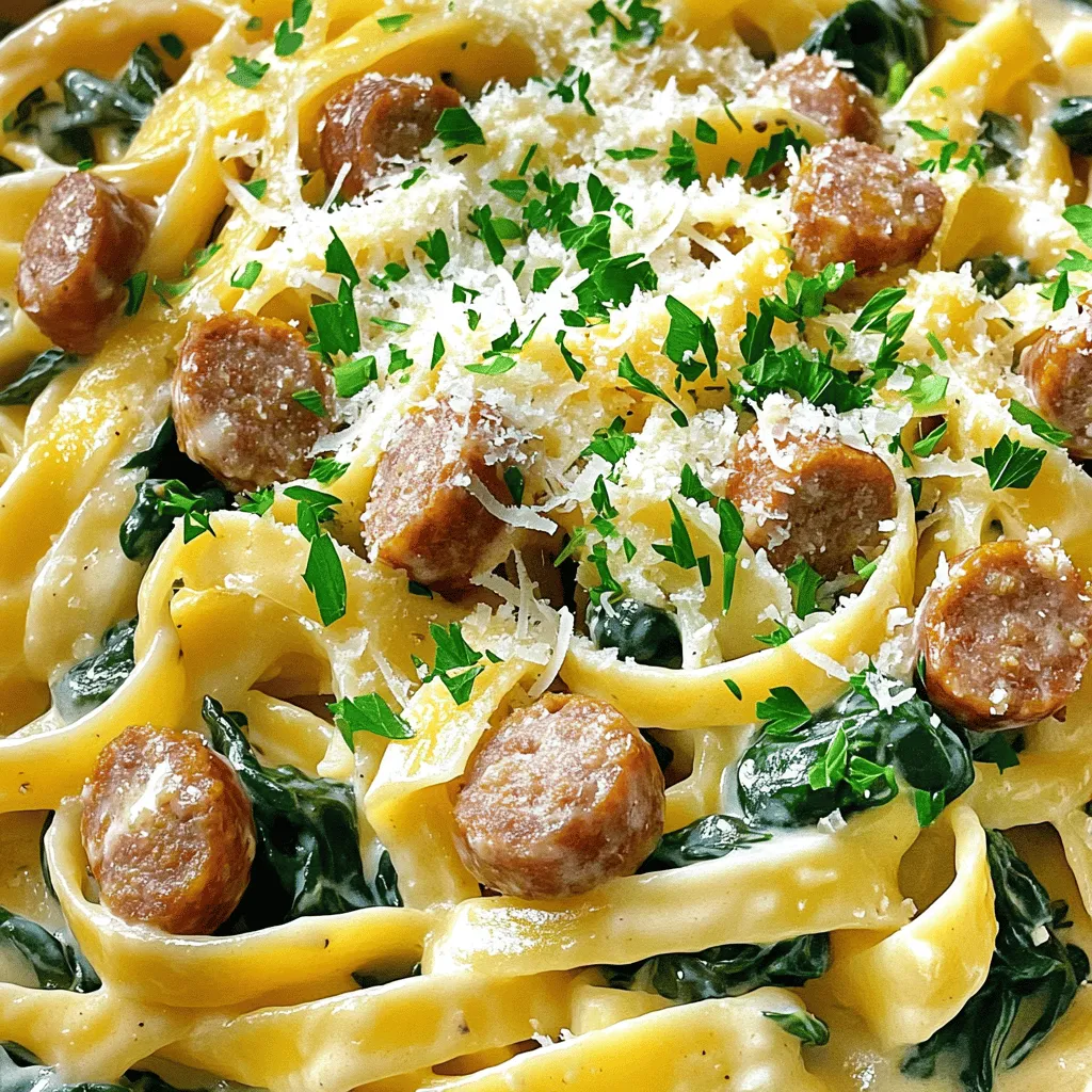 - 12 oz fettuccine pasta - 1 lb Italian sausage (mild or spicy, sliced) - 2 cups heavy cream - 1 cup freshly grated Parmesan cheese