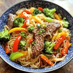 - 8 oz. beef sirloin, thinly sliced - 8 oz. fresh rice noodles - 2 tablespoons vegetable oil - 2 cloves garlic, minced - 1 inch ginger, grated - Salt and pepper to taste - 1 bell pepper, sliced - 1 cup broccoli florets - 2 carrots, julienned - 3 green onions, chopped (white and green parts) - 3 tablespoons soy sauce - 1 tablespoon oyster sauce (optional) - 1 tablespoon hoisin sauce - 1 teaspoon sesame oil - Toasted sesame seeds for garnish When it comes to making beef noodle stir fry, the right ingredients make all the difference. Let’s break them down. First, you need main ingredients. Thinly sliced beef sirloin gives a rich flavor and tender bite. Fresh rice noodles are perfect for soaking up all the yummy sauces. Don’t forget the vegetable oil; it helps everything cook evenly. Next, we have aromatics and seasoning. Garlic and ginger bring warmth and zest to the dish. A little salt and pepper balance the flavors. For vegetables, I love to use colorful bell peppers, bright green broccoli, and crisp carrots. They add texture and nutrition. Green onions add a fresh touch at the end. Finally, we need sauces. Soy sauce is key for that savory flavor. If you like, add oyster sauce for extra depth. Hoisin sauce adds sweetness, while sesame oil gives a nutty aroma. Don’t skip the toasted sesame seeds for a crunchy finish. These ingredients come together for a meal that is quick, easy, and packed with flavor. For the full recipe, follow the steps closely, and you’ll have a delicious dish in no time! - Prep all ingredients: slice beef, chop vegetables, and ready the sauces. - This makes cooking fast and easy. - Keep everything close by for quick access. - Boil water in a large pot. - Add the fresh rice noodles and cook according to package instructions. - This usually takes about 2-3 minutes. - Drain and set aside, adding a little sesame oil to stop sticking. - Heat 1 tablespoon of vegetable oil in a large wok over high heat. - Add the sliced beef and stir-fry for about 2-3 minutes until it browns. - Remove the beef and set it aside. - In the same pan, add the rest of the oil. - Once hot, toss in minced garlic and grated ginger. - Stir-fry for about 30 seconds until they smell great. - Add the bell pepper, broccoli, and carrots. - Stir-fry for 3-4 minutes until the veggies are crisp-tender. - Put the beef back in, along with the noodles. - Pour in soy sauce, oyster sauce (if using), and hoisin sauce. - Mix everything together for about a minute. - Season to taste with salt and pepper. - Stir in the chopped green onion (white parts) just before serving. - Serve in bowls, garnished with green onion tops and toasted sesame seeds. - Enjoy your beef noodle stir fry from the Full Recipe! Use high heat for better stir-frying results. This helps your beef and veggies cook fast. A hot pan gives you that lovely sear. It locks in flavors and keeps your food crisp. Make sure to stir constantly to avoid burning. This way, your meal stays juicy and tender. If you want to change up your beef noodle stir fry, you have options. You can swap beef for chicken, shrimp, or even tofu. Each choice brings a new taste. For noodles, try egg noodles or udon if you can't find rice noodles. They both work well in stir fries. For veggies, many can fit in this dish. Use snap peas, mushrooms, or bok choy. Just remember to cut them small for even cooking. This keeps everything balanced in flavor and texture. Add more zing to your dish with extra sauces! A splash of chili paste can bring heat. If you love sweetness, try hoisin sauce or a bit of honey. You might also like adding rice vinegar for tang. Don’t forget about spices! A pinch of five-spice powder or sesame seeds can boost flavor. Try experimenting with these options to find your perfect mix. Each twist makes your beef noodle stir fry unique. For the full recipe, check out the complete guide. {{image_2}} You can switch up your protein in this beef noodle stir fry. Chicken, shrimp, or tofu work great. Each option offers a unique taste. Chicken gives a mild flavor and is easy to cook. Shrimp adds a sweet touch and cooks fast. Tofu is perfect for a plant-based version. It soaks up flavors well. Feel free to mix and match! The type of noodle you use can change the whole dish. While fresh rice noodles are great, you can also try egg noodles or udon. Egg noodles add a nice chewiness. Udon gives a thicker texture and holds sauce well. You can even use whole wheat noodles for a healthier twist. Just cook them according to package directions. Don’t forget about veggies! Adding more can boost flavor and nutrition. Snap peas add a nice crunch. Mushrooms bring an earthy taste that pairs well with beef. You can also try bok choy, bell peppers, or zucchini. The key is to use colorful, fresh veggies. They make your dish look and taste better. Explore the [Full Recipe] for more ideas and enjoy creating your own twist on this dish! To store your beef noodle stir fry, let it cool first. Place it in an airtight container. Keep it in the fridge. It stays fresh for up to three days. Make sure to label the container with the date. This helps you track how long it has been stored. You can freeze beef noodle stir fry too! First, let it cool completely. Then, transfer it to a freezer-safe container. It will last for about three months in the freezer. To reheat, thaw it in the fridge overnight. Then, warm it in a pan over medium heat. Add a splash of water or broth to keep it moist. When stored right, beef noodle stir fry can last for a while. In the fridge, expect it to stay good for three days. If you freeze it, it can last up to three months. Always check for any off smells or changes in color before eating. Enjoy your meal, knowing it’s safe to eat! You can serve beef noodle stir fry with several tasty sides. Here are some ideas: - Steamed jasmine rice - Crispy spring rolls - A fresh cucumber salad - Edamame beans - A simple side of sautéed bok choy These sides add great flavors and textures. They also help to balance the meal. To add heat to beef noodle stir fry, try these tips: - Add sliced fresh chili peppers while cooking. - Use chili paste or sauce in the stir fry. - Sprinkle some crushed red pepper flakes on top. - Serve with a side of spicy chili oil for drizzling. These options let you control the heat level to your liking. Yes, you can prepare beef noodle stir fry ahead of time. Here's how to do it: - Cook the beef and vegetables, then let them cool. - Store them in an airtight container in the fridge. - Cook the noodles fresh when you're ready to eat. - Reheat the beef and veggies in a pan before combining with the noodles. Doing this saves time on busy days. Beef noodle stir fry offers a balanced meal. Here’s a basic breakdown: - Calories: Around 450 per serving - Protein: 30 grams from beef - Carbohydrates: 50 grams from noodles and veggies - Fat: 15 grams, mainly from oil and sauces - Fiber: 4-5 grams from vegetables This dish provides a good mix of nutrients, keeping it healthy and satisfying. In this blog post, we explored how to make a tasty beef noodle stir fry. We covered the main ingredients, cooking steps, and helpful tips. You can use various proteins, noodles, and vegetables for your dish. Proper storage methods keep leftovers fresh and tasty. Enjoy experimenting with flavors and variations to suit your taste. This dish is easy to make and can become a regular in your meal rotation. Happy cooking!