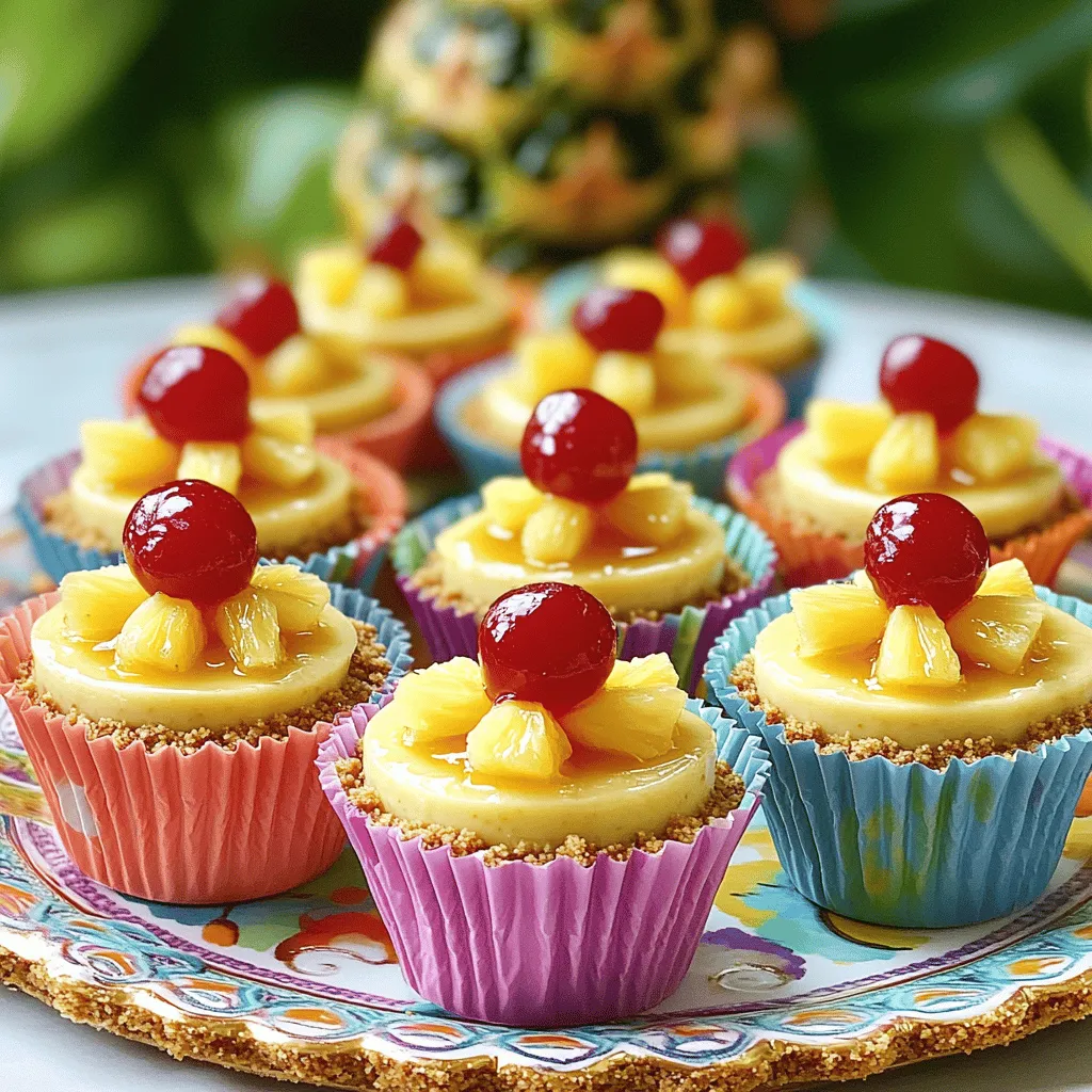 - <strong>Crust ingredients:</strong> – 1 cup crushed graham crackers – 1/4 cup unsalted butter, melted – 2 tablespoons brown sugar” /></p>
</p>
<h2>Variations</h2>
</p>
<h3>Different Fruit Options</h3>
<p>You can switch out the pineapple for other fruits. Mango adds a sweet flavor. Berries like strawberries or blueberries bring a fresh taste. Each fruit can change the whole vibe of your cheesecake. You can even mix fruits for a fun twist!</p>
</p>
<h3>Alternative Crust Options</h3>
<p>If you want a different base, try cookie crumbs. Gingersnap or Oreo crumbs work great. You can also use nuts for a crunchier crust. For a gluten-free option, almond or coconut flour works well. Just make sure to mix it with butter!</p>
</p>
<h3>Customizing Sweetness Levels</h3>
<p>Not everyone likes the same level of sweetness. You can cut back on sugar if you want. For those who need sugar-free options, use substitutes like Stevia or Erythritol. This way, everyone can enjoy these mini cheesecakes! For the full recipe, check here.</p>
</p>
<h2>Storage Info</h2>
</p>
<h3>How to Store Unused Mini Cheesecakes</h3>
<p>To keep your mini cheesecakes fresh, store them in the fridge. Place them in an airtight container. This helps prevent them from drying out or absorbing other smells. If you want to freeze them, wrap each cheesecake in plastic wrap. Then, put them in a freezer bag. This method keeps them safe for later treats.</p>
</p>
<h3>Shelf Life</h3>
<p>These mini cheesecakes last about five days in the fridge. After that, they may start to lose flavor. Look for signs of spoilage before eating. If they smell sour or have a strange texture, toss them. Always check for freshness to enjoy the best taste. For the full recipe, you can refer back to the beginning.</p>
</p>
<h2>FAQs</h2>
</p>
<h3>Can I make these cheesecakes ahead of time?</h3>
<p>Yes, you can make these cheesecakes a day in advance. Just follow these steps:</p>
<p>– Prepare the cheesecakes as per the recipe.</p>
<p>– After baking, let them cool at room temperature.</p>
<p>– Cover them with plastic wrap and chill in the fridge.</p>
<p>– They will stay fresh and tasty for up to three days.</p>
</p>
<h3>Can I use fresh pineapple instead of crushed?</h3>
<p>You can use fresh pineapple, but it has some downsides.</p>
<p>– Fresh pineapple adds a bright flavor and texture.</p>
<p>– However, it needs more prep time to chop and crush.</p>
<p>– Canned pineapple is easier and saves time.</p>
<p>– Canned pineapple is also sweeter and more consistent.</p>
</p>
<h3>What can I serve alongside these cheesecakes?</h3>
<p>Pair these cheesecakes with fun sides to enhance flavors.</p>
<p>– A scoop of vanilla ice cream is a classic choice.</p>
<p>– Fresh fruit like strawberries or bananas works well too.</p>
<p>– Serve with a light tropical drink, like coconut water.</p>
<p>– For a crunchy option, add some toasted nuts on the side.</p>
</p>
<p>For the full recipe, check out the [Full Recipe].</p>
</p>
<p>These mini pineapple upside-down cheesecakes are fun and easy to make. We explored crust and filling ingredients, along with tips for baking and presentation. You learned to avoid common mistakes and found ways to customize sweetness and fruit flavor. With proper storage, these treats last longer, ensuring delightful enjoyment.</p>
</p>
<p>Now, gather your ingredients and impress your family with these yummy cheesecakes. I hope you enjoy every bite!</p>
<div id=