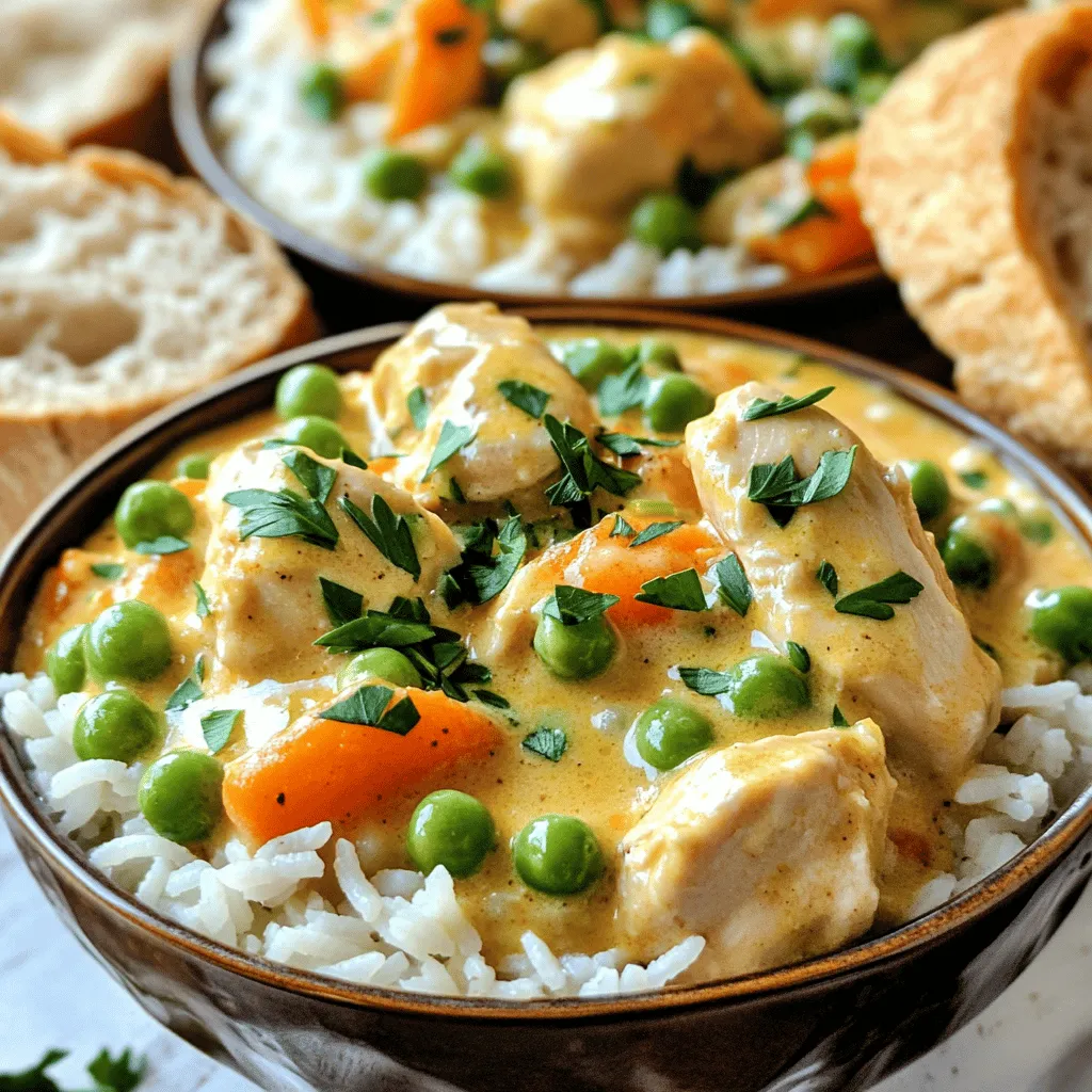 To make creamy chicken and rice, you will need: - 2 cups cooked rice (white or brown) - 2 chicken breasts, diced - 1 cup chicken broth - 1 cup heavy cream - 1 cup frozen peas and carrots mix - 1 yellow onion, finely chopped - 3 cloves garlic, minced - 1 teaspoon dried thyme - 1 teaspoon paprika - Salt and pepper to taste - 2 tablespoons olive oil - Fresh parsley, chopped (for garnish)