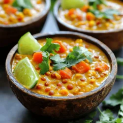 - 1 cup red lentils, rinsed - 1 can (14 oz) coconut milk - 1 medium onion, finely chopped - 2 cloves garlic, minced - 1-inch piece ginger, grated - 1 medium carrot, diced - 1 red bell pepper, diced - 2 cups vegetable broth - 1 tablespoon curry powder - 1 teaspoon turmeric powder - 1 teaspoon cumin seeds - Salt and pepper to taste - 2 tablespoons olive oil - Fresh cilantro, for garnish - Lime wedges, for serving Gather these ingredients before you start cooking. They create a rich, creamy flavor that is perfect for any weeknight. The red lentils will cook quickly, making this dish a great choice for busy nights. Coconut milk adds a velvety texture, while spices like curry and turmeric bring warmth. Fresh cilantro and lime add the perfect touch at the end. You can find the full recipe linked in the article. These ingredients will help you make a delicious, satisfying meal that everyone will enjoy! - Step 1: Sauté cumin seeds Start by heating olive oil in a large pot over medium heat. Add the cumin seeds. Sauté them for about 30 seconds until they smell great. This step unlocks the spice's flavor. - Step 2: Cook onions, garlic, and ginger Next, add the chopped onion, minced garlic, and grated ginger. Cook this mix for about 5 minutes. You want the onions to be soft and clear. The aroma will fill your kitchen. - Step 3: Add diced vegetables Stir in the diced carrot and red bell pepper. Cook these for another 5 minutes. This helps the veggies soften and blend with the spices. - Step 4: Stir in spices Now, add the curry powder and turmeric powder. Stir everything for about a minute. Toasting the spices adds depth to the dish. - Step 5: Combine lentils and liquids Pour in the rinsed lentils, coconut milk, and vegetable broth. Stir well to mix all the ingredients. This creates a creamy base for the curry. - Step 6: Simmer until ready Bring everything to a gentle simmer. Reduce the heat to low, cover the pot, and let it cook for about 20 minutes. Check on it occasionally to stir. The lentils should be tender when done. - Step 7: Season and adjust consistency Once the lentils are cooked, taste the curry. Add salt and pepper to your liking. If it feels too thick, mix in a little more broth or water to reach the right texture. - Step 8: Remove from heat and garnish Take the pot off the heat. Let it sit for a few minutes. Garnish with fresh cilantro before serving. This adds a pop of color and flavor. Serve with lime wedges for a zesty touch. You can find the Full Recipe linked here for more details. - Use fresh spices for enhanced flavor. Fresh spices make a big difference. - Adjust salt and pepper to taste. This step personalizes the dish for you. - To prevent lentils from sticking, stir them well during cooking. This keeps them loose. - Simmering covered helps the curry cook evenly and keeps it moist. - Fresh cilantro works well. It adds a nice touch and flavor. - You can serve this curry with rice or naan. Both options are tasty and filling. {{image_2}} You can switch up the veggies to boost nutrition. Try adding spinach, sweet potatoes, or zucchini. These veggies add color and great taste. You can also use green or brown lentils instead of red lentils. They have a firmer texture and will change the look of your dish. Want a milder curry? Just cut back on the curry powder. For a spicier kick, add chili peppers or red pepper flakes. You can also use fresh jalapeños for heat. Always taste as you go to find your perfect spice level. If you want a vegan dish, this recipe is already vegan! It uses coconut milk for creaminess. For gluten-free needs, check your broth for gluten. Most vegetable broths are safe, but always read the label. Enjoy your curry without worry! After making Creamy Coconut Lentil Curry, let it cool down. I place it in the fridge within two hours. Use an airtight container to keep it fresh. Glass containers are great for this. They are easy to clean and do not stain. You can also use plastic containers, but make sure they seal well. For long-term storage, freezing is a good option. First, let the curry cool completely. Then, pour it into freezer-safe bags or containers. Make sure to leave some space at the top. This allows the curry to expand while freezing. To thaw, move it to the fridge overnight. This way, it keeps its texture and flavor. To reheat your curry, use a stovetop or microwave. For the stovetop, place it in a pot over low heat. Stir often to prevent sticking. For microwave reheating, use a microwave-safe bowl. Heat on medium for two to three minutes. Check and stir halfway for even heating. This keeps the flavor bright and tasty. What can I serve with Creamy Coconut Lentil Curry? You can serve this curry with rice or naan. Both pair well with its rich flavor. For a fresh touch, add a side salad. This balance adds crunch and freshness to your meal. Can I make this recipe ahead of time? Yes, you can make it ahead of time. Just store it in the fridge. It tastes great after resting, as the flavors mix more. How long does Creamy Coconut Lentil Curry last in the fridge? It lasts about 4 to 5 days in the fridge. Just keep it in a sealed container. Can I use dried lentils instead of red lentils? You can use dried lentils, but adjust the cooking time. Dried lentils take longer to cook. Soak them for a few hours if possible. This helps them cook faster and softer. Is coconut milk essential for this recipe? Yes, coconut milk is key for creaminess. It adds rich flavor and texture. If you need a substitute, try almond or soy milk, but the taste will be different. How healthy is Creamy Coconut Lentil Curry? This curry is quite healthy. It is rich in protein and fiber from lentils. Coconut milk adds healthy fats, which help your body absorb nutrients. What are the health benefits of lentils? Lentils are great for your heart and digestion. They help lower cholesterol and keep you full. Plus, they are packed with vitamins and minerals. Creamy Coconut Lentil Curry is a nutritious and tasty dish. We covered the key ingredients, simple steps, and helpful tips. You learned how to adjust flavors and storage methods. Remember, you can use different veggies and spices to make this recipe yours. It’s a versatile meal for any diet. Enjoy making it and have fun experimenting! Your kitchen adventures await, and delicious food is just a cook away.