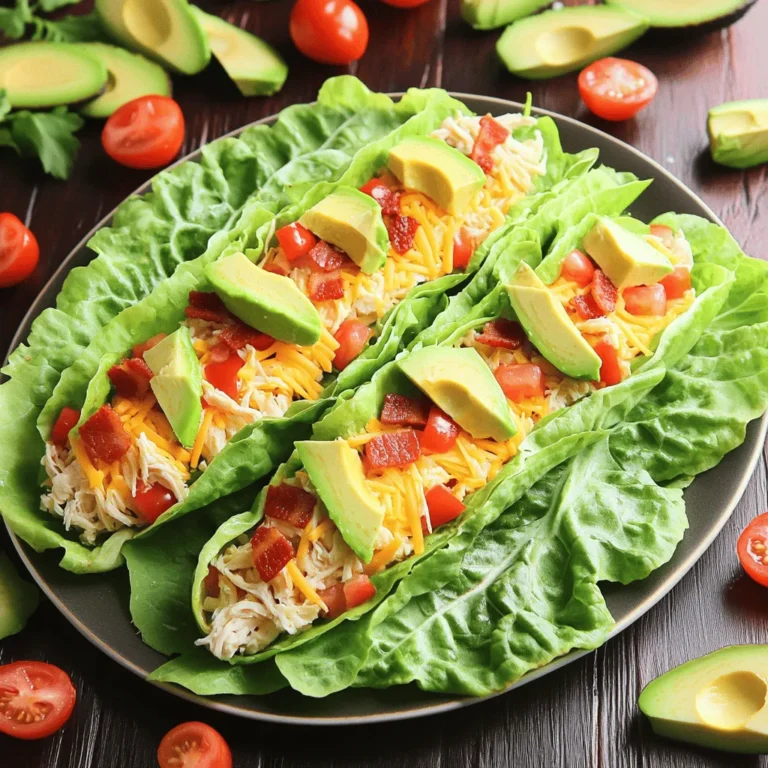 - 2 cups cooked chicken breast, shredded - 1/2 cup cooked bacon, crumbled - 12 large romaine or butter lettuce leaves For the Chicken Club Lettuce Wraps, the key items are simple. You need tender, cooked chicken breast for protein and flavor. I love using shredded chicken because it blends well with other ingredients. Crumbled cooked bacon adds a nice crunch and smoky taste. Finally, large lettuce leaves hold everything together. Romaine or butter lettuce works best as they are sturdy yet crisp. - Fresh parsley - Extra avocado or tomatoes You can elevate your wraps with optional garnishes. Fresh parsley adds color and a burst of freshness. If you want more creaminess, slices of avocado fit perfectly. Diced tomatoes also bring extra flavor and texture to the dish. Feel free to add these for a more colorful plate. - 1/4 cup mayonnaise - 1 tablespoon Dijon mustard - 1 tablespoon fresh lemon juice The dressing makes the Chicken Club Lettuce Wraps shine. Mix mayonnaise, Dijon mustard, and fresh lemon juice for a zesty kick. This dressing adds creaminess and tang to the wraps. Adjust the amount of each ingredient to match your taste. A little salt and pepper can enhance the flavors even more. For the full recipe, check out the full recipe section. This recipe takes just 15 minutes. It serves four people, making it great for a quick meal. Start by gathering these key ingredients: - 2 cups cooked chicken breast, shredded - 1/2 cup cooked bacon, crumbled - 1 medium tomato, diced - 1/2 cup cheddar cheese, shredded In a medium bowl, combine the shredded chicken, crumbled bacon, diced tomato, and cheddar cheese. Mix well. This blend gives a nice texture and flavor. For the dressing, you will need: - 1/4 cup mayonnaise - 1 tablespoon Dijon mustard - 1 tablespoon fresh lemon juice - Salt and pepper to taste In a small bowl, mix the mayonnaise, Dijon mustard, lemon juice, salt, and pepper. Stir until smooth. This dressing adds creaminess and tang to the wraps. Now, let’s assemble the wraps. Grab 12 large romaine or butter lettuce leaves. For each wrap: 1. Spoon about 1/4 cup of the chicken mixture onto the center of a lettuce leaf. 2. Add a few slices of avocado for creaminess. 3. Fold the sides of the leaf over the filling. Roll it up tightly, like a burrito, or leave it open. Repeat until all wraps are ready. Arrange them on a platter and garnish with fresh parsley. This makes the dish colorful and inviting. For the full recipe, check out the detailed steps. When making chicken club lettuce wraps, choose the right lettuce. The best types are romaine and butter lettuce. They are strong, crisp, and hold fillings well. Romaine gives a nice crunch, while butter lettuce offers a soft, delicate texture. Both types add flavor and keep your wraps fresh. Feel free to swap ingredients based on your taste. For example, use turkey instead of chicken for a lighter option. You can also replace bacon with crispy tofu for a vegetarian twist. If you want more flavor, add some jalapeños or hot sauce. Experiment with different cheeses too, like pepper jack or feta. Presentation is key for chicken club lettuce wraps. Serve them on a large platter with colorful sides. Add extra slices of avocado and diced tomatoes for a vibrant display. You can also sprinkle fresh herbs like cilantro or basil on top for a burst of flavor. For easy eating, provide toothpicks or small bowls of extra dressing for dipping. For the complete recipe, check out the [Full Recipe]. {{image_2}} You can switch up the protein in these wraps. If you want to go lighter, use turkey. Turkey has a similar taste and works well with the other flavors. For a plant-based option, try chickpeas or tofu. Both can soak up the dressing and add a nice texture. Add spices or toppings to elevate the flavor. Try smoked paprika for a smoky touch. You can also mix in some jalapeños for heat. Fresh herbs like basil or cilantro can add a burst of freshness. Feel free to experiment with your favorite flavors! For a low-carb or keto version, adjust the ingredients. Skip the cheese or use a low-fat option. You can replace the mayonnaise with Greek yogurt for fewer carbs. Use a thicker lettuce like romaine for more crunch and fewer calories. Enjoy a delicious meal that fits your dietary needs! For the full recipe, check out the detailed instructions to make your Chicken Club Lettuce Wraps. To keep your leftover wraps fresh, wrap them tightly in plastic wrap. This helps prevent the lettuce from wilting. Store them in an airtight container in the fridge. They stay good for up to three days. You can also separate the filling from the lettuce. This keeps the lettuce crisp and fresh longer. For reheating, I recommend not microwaving the lettuce. It can become soggy. Instead, heat the filling in a pan over low heat. Stir until warm, then serve it in fresh lettuce leaves. You can also enjoy the filling on its own as a salad. Yes, you can freeze these wraps! First, prepare the filling. Let it cool completely. Then, place it in a freezer-safe container. You can store it for up to three months. When ready to eat, thaw it in the fridge overnight. Reheat it gently before serving. Just remember to use fresh lettuce when assembling. For the full recipe, check out the instructions above! Yes, you can use leftover rotisserie chicken. It saves time and adds flavor. Just shred the chicken into bite-sized pieces. Mix it with other ingredients in the bowl. The cooked chicken works well with the dressing. This method helps you use what you have, making cooking easier. Yes, these wraps are healthy. They offer protein, healthy fats, and fiber. The chicken and bacon add protein, while the avocado provides good fats. Lettuce is low in calories and high in water. Each wrap is fresh and full of nutrients. This meal can fit into many diets, like low-carb or keto. To add spice, try these ideas: - Add sliced jalapeños to the filling. - Mix in a dash of hot sauce in the dressing. - Sprinkle red pepper flakes on top. - Use spicy mustard instead of Dijon. These options give you control over spice levels. Adjust it to your taste for a bold kick. In summary, we explored how to make tasty Chicken Club Lettuce Wraps. You need cooked chicken, bacon, and lettuce as the base. We mixed together a simple dressing for more flavor. I shared tips on choosing the right lettuce and suggested alternative ingredients. These wraps are easy to modify for any taste or diet. With simple steps and fresh ingredients, you can create a healthy meal everyone will love. Enjoy making your wraps!