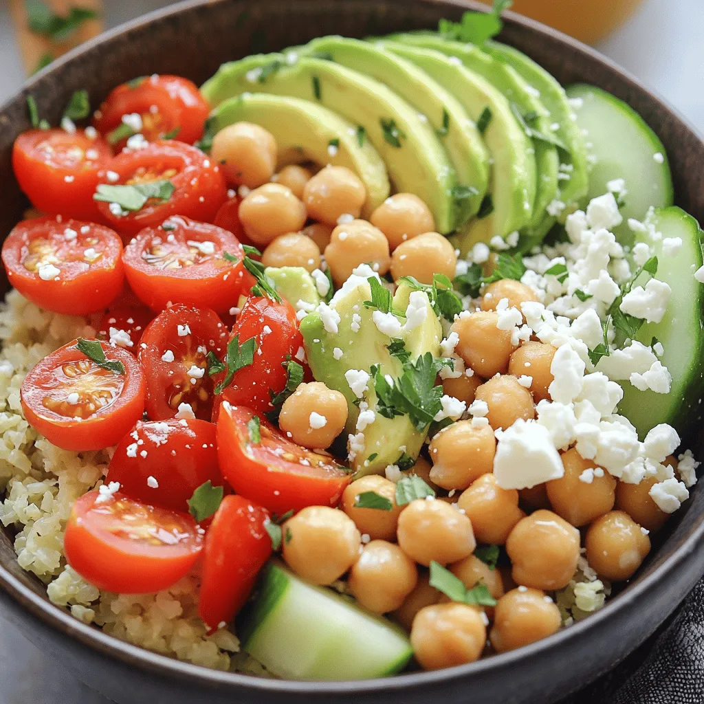- 1 medium head of cauliflower (or 4 cups pre-riced cauliflower) - 1 cup cherry tomatoes - 1 cup cooked chickpeas - 1 small red bell pepper - 1 small cucumber - ½ avocado - ¼ cup feta cheese - 2 tablespoons olive oil - 1 tablespoon lemon juice - 1 teaspoon garlic powder - ½ teaspoon cumin - Salt and pepper to taste - Fresh parsley for garnish Cauliflower rice is a great base for a healthy bowl. Start with one medium head of cauliflower. If you want a quick option, just grab 4 cups of pre-riced cauliflower. Ricing fresh cauliflower is easy. Cut it into florets and pulse it in a food processor until it looks like rice. Next, add some color and flavor with cherry tomatoes, chickpeas, red bell pepper, and cucumber. These veggies not only add taste but also make the bowl pretty. Slice half an avocado and a sprinkle of feta cheese for creaminess and tang. Drizzle 2 tablespoons of olive oil and 1 tablespoon of lemon juice over your veggies. This will brighten up the dish. For seasoning, use 1 teaspoon of garlic powder and ½ teaspoon of cumin. Add salt and pepper to taste. Finish with fresh parsley for a pop of green and flavor. This recipe is all about balance and freshness. You can find the full recipe above for more details. Enjoy making your Cauliflower Rice Bowl! To make cauliflower rice, start with a medium head of cauliflower. Cut it into small florets. Place the florets in a food processor. Pulse until the pieces look like rice grains. This fresh riced cauliflower gives great flavor and texture. If you want a quicker method, use pre-riced cauliflower. You can find this in most grocery stores. It saves time and effort in the kitchen. Next, heat 1 tablespoon of olive oil in a large skillet on medium heat. Once the oil is hot, add the riced cauliflower. Sprinkle in 1 teaspoon of garlic powder and ½ teaspoon of cumin. Add salt and pepper to your taste. Sauté the mixture for about 5-7 minutes. You want the cauliflower to become tender, not mushy. Once done, remove it from heat and set it aside. Now it’s time to put everything together. In a large mixing bowl, combine 1 cup of halved cherry tomatoes, 1 cup of cooked chickpeas, 1 small diced red bell pepper, and 1 small diced cucumber. Drizzle the remaining olive oil and 1 tablespoon of lemon juice over the veggies. Mix well to combine. Layer the sautéed cauliflower rice in the bottom of your bowl. Top it with the vegetable mixture. Arrange ½ sliced avocado on one side of the bowl. Finally, sprinkle ¼ cup of crumbled feta cheese on top. For a fresh touch, garnish with chopped parsley. Your Cauliflower Rice Bowl is now ready to enjoy! Check out the Full Recipe for more details. To avoid mushy cauliflower rice, you need to manage moisture. Start by cooking it over medium heat. This heat level helps release steam without boiling the cauliflower. I suggest sautéing it for about 5 to 7 minutes. This timing cooks it just right, keeping it tender but firm. Herbs and spices can elevate your dish. Use fresh parsley or cilantro for brightness. Cumin adds a warm depth, while garlic powder packs a punch. Consider drizzling your bowl with tahini or a yogurt sauce for creaminess. These dressings tie all the flavors together. You can prepare this bowl ahead of time for quick meals. Pack it for lunch or serve it at dinner. Pair it with grilled chicken or fish for added protein. For guests, use a large platter and let everyone build their bowls. It makes for a fun and interactive meal! {{image_2}} For a vegetarian or vegan Cauliflower Rice Bowl, swap out the feta cheese. Use a vegan cheese that melts well. Nutritional yeast is a great option too. It adds a cheesy flavor without dairy. You can also boost protein by adding more chickpeas or black beans. Tofu or tempeh works well, too. Just sauté them until golden. These changes keep the dish filling and tasty. This recipe is naturally gluten-free. Just make sure all your ingredients are safe. Check labels for any hidden gluten. If you want more texture, try using quinoa or millet instead of cauliflower rice. Both grains add a nice crunch and flavor. Enhance your bowl with fun toppings. Nuts and seeds add crunch and healthy fats. Try slivered almonds or pumpkin seeds for a nutty twist. Seasonal veggies can also change the taste. Add roasted zucchini in summer or roasted butternut squash in fall. Mixing these options gives you a fresh taste every time. To keep your cauliflower rice bowl fresh, use airtight containers. Glass or BPA-free plastic works well. Store the bowl in the fridge within two hours of cooking. This will help keep it safe to eat. The dish will stay good for up to three days. If you see any changes in smell or texture, it's best to toss it out. When reheating, choose the microwave or a skillet. For the microwave, place the bowl on a microwave-safe plate. Heat in short bursts of 30 seconds, stirring in between. For a skillet, heat a small amount of olive oil over low heat. Add the bowl and stir until warm. This method helps keep the texture nice. Avoid high heat, as it can make the cauliflower mushy. Enjoy your leftovers just as much as the first time! Cauliflower rice is finely chopped cauliflower that looks like rice. It is low in carbs and high in fiber. This makes it a great choice for healthy eating. It provides vitamins C and K, plus antioxidants. You can use it in many dishes, from stir-fries to salads. Cauliflower rice also absorbs flavors well, making it very versatile. To prep cauliflower rice for meal prep, start by ricing the cauliflower. You can do this by cutting it into florets and using a food processor. Once riced, store it in an airtight container. Keep it in the fridge for up to five days. You can also sauté it lightly before storing. This will save time when you are ready to cook. Yes, you can freeze cauliflower rice! Spread it out on a baking sheet and freeze it for a few hours. Once frozen, transfer it to a bag or container. This method helps keep it from clumping. When you want to use it, just take the desired amount and thaw it in the fridge overnight. You can also cook it straight from frozen, just add a few extra minutes to your cooking time. This blog post covered how to create a delicious cauliflower rice bowl. I discussed key ingredients and how to prepare them. You learned the steps to make and assemble the bowl. I also shared tips for enhancing flavor and serving suggestions. In conclusion, this dish is not only tasty but also healthy. You can customize it easily. Don't hesitate to try different ingredients or spices. Enjoy making this meal your own!