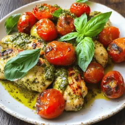- 4 boneless, skinless chicken breasts - 1 cup homemade or store-bought pesto - 1 cup heavy cream - 1 cup cherry tomatoes, halved - 2 tablespoons olive oil - 1 teaspoon garlic powder - Salt and pepper to taste - ½ cup grated Parmesan cheese - Fresh basil leaves for garnish In Creamy Pesto Chicken with Roasted Tomatoes, the ingredients are key to flavor. The chicken breasts serve as a tender base. Pesto adds a rich, herby taste. Heavy cream brings a smooth texture to the dish. The cherry tomatoes, when roasted, become sweet and juicy. They balance the creamy sauce with their brightness. Olive oil and garlic powder help enhance the natural flavors of the tomatoes. Using salt and pepper to season the chicken brings out its taste. The grated Parmesan cheese melts into the sauce, adding depth. Fresh basil leaves add a pop of color and freshness. This easy recipe is a delight for any meal. You can find the full recipe in the next section. Enjoy! 1. Preheat your oven to 400°F (200°C). This step is key for roasting tomatoes well. 2. In a large bowl, mix 1 cup of halved cherry tomatoes with 2 tablespoons of olive oil, 1 teaspoon of garlic powder, salt, and pepper. Stir until all tomatoes are coated. 3. Spread the seasoned tomatoes on a parchment-lined baking sheet. Roast in the oven for 15-20 minutes until they are soft and a bit caramelized. 1. While the tomatoes roast, season 4 boneless, skinless chicken breasts with salt and pepper. This adds flavor to the meat. 2. Heat a large skillet over medium-high heat. Add a splash of olive oil. 3. When the oil is hot, add the chicken breasts. Sear each side for 5-7 minutes until golden brown. The chicken doesn’t need to be cooked all the way at this point. 1. Lower the heat to medium-low. Pour in 1 cup of heavy cream and 1 cup of pesto over the chicken. Stir gently to mix it well. 2. Sprinkle ½ cup of grated Parmesan cheese on top of the chicken. Cover the skillet and let it simmer for 10-12 minutes. Make sure the chicken reaches 165°F (75°C) inside. 3. Once cooked, remove from heat. Serve the chicken with the creamy sauce drizzled on top and add the roasted tomatoes around it. For the complete recipe, check out the [Full Recipe]. To ensure perfect chicken doneness, use a meat thermometer. The chicken should reach 165°F (75°C). This keeps it juicy and safe to eat. If you don’t have a thermometer, cut into the thickest part. The meat should be white, with no pink. Adjusting the pesto flavor intensity is easy. Start with a small amount, then taste. If you want it stronger, add more. The balance is key. The cream will mellow the pesto, so keep that in mind. You want a nice, rich flavor without it being too overpowering. For elegant plating, use a large white plate. Place the chicken in the center. Drizzle extra creamy pesto sauce over the top. Arrange the roasted tomatoes around the chicken. Garnish with fresh basil leaves for a bright touch. Suggested side dishes include crusty bread or pasta. Both options pair well with the creamy sauce. You can also serve it with a simple green salad. This adds freshness and color to your meal. {{image_2}} If you want to switch things up, there are easy swaps you can make. - Alternatives for heavy cream: You can use half-and-half for a lighter option. For a dairy-free choice, try coconut cream or cashew cream. Both will keep the dish creamy and flavorful. - Using different types of chicken: You can use thighs instead of breasts. Thighs have more fat, giving you a richer taste. Bone-in chicken also works well. Just adjust cooking time to ensure they cook through. Adding new flavors can make this dish your own. - Adding extra vegetables or spices: Toss in spinach or zucchini for added nutrition. You can also add red pepper flakes for heat or lemon zest for brightness. These additions will complement the pesto nicely. - Using different pesto flavors: Try sun-dried tomato pesto or spinach pesto for a unique twist. Each type will bring its own taste and pair well with the creamy sauce. Experiment and find your favorite! For the full recipe, check out Creamy Pesto Chicken with Roasted Tomatoes. Enjoy your cooking adventure! To store leftovers, let the chicken cool down. Place it in an airtight container. You can keep it in the fridge for up to three days. To keep chicken fresh, separate it from sauces and veggies. This helps prevent sogginess. You can reheat the dish in several ways. The best method is using a skillet. Heat it over low heat with a splash of water. This keeps the chicken moist. You can also use the microwave. Cover the dish with a damp paper towel to help retain moisture. For more details on how to make this dish, check out the Full Recipe. Can I make this dish ahead of time? Yes, you can prepare the chicken and sauce ahead of time. Cook the chicken and let it cool. Store it in the fridge. When you’re ready to eat, reheat it on the stove. This way, the flavors stay fresh. How can I make it dairy-free? You can swap the heavy cream for coconut cream or a dairy-free cream. Use dairy-free cheese for a similar taste. This keeps the creaminess while making it dairy-free. What sides go well with Creamy Pesto Chicken? You can serve this dish with many sides. Here are some great options: - Garlic bread - Steamed vegetables - Pasta tossed in olive oil - A fresh green salad These sides will balance the creamy sauce and make a complete meal. How long does this dish keep in the fridge? Creamy Pesto Chicken lasts about 3-4 days in the fridge. Store it in an airtight container. Make sure to cool it completely before putting it away. What can I use instead of pesto? If you don’t have pesto, try using sun-dried tomato paste or a fresh herb mix. You can also blend basil, garlic, nuts, and olive oil to make a quick sauce. Can I use another kind of cheese? Yes, you can use different cheeses. Mozzarella or goat cheese works well. You can even try feta for a tangy kick. Just remember to adjust the amount based on your taste. For the full recipe, check out Creamy Pesto Chicken with Roasted Tomatoes. This blog post covers the tasty recipe for Creamy Pesto Chicken. You learned about the main ingredients, like chicken, pesto, and heavy cream. I shared step-by-step instructions for roasting, searing, and serving. You also found helpful tips for perfecting the dish and ideas for variations. Keeping leftovers fresh is easy with the right storage. Lastly, I answered common questions about the recipe. Overall, this dish is simple to make and full of flavor. Enjoy trying it out!