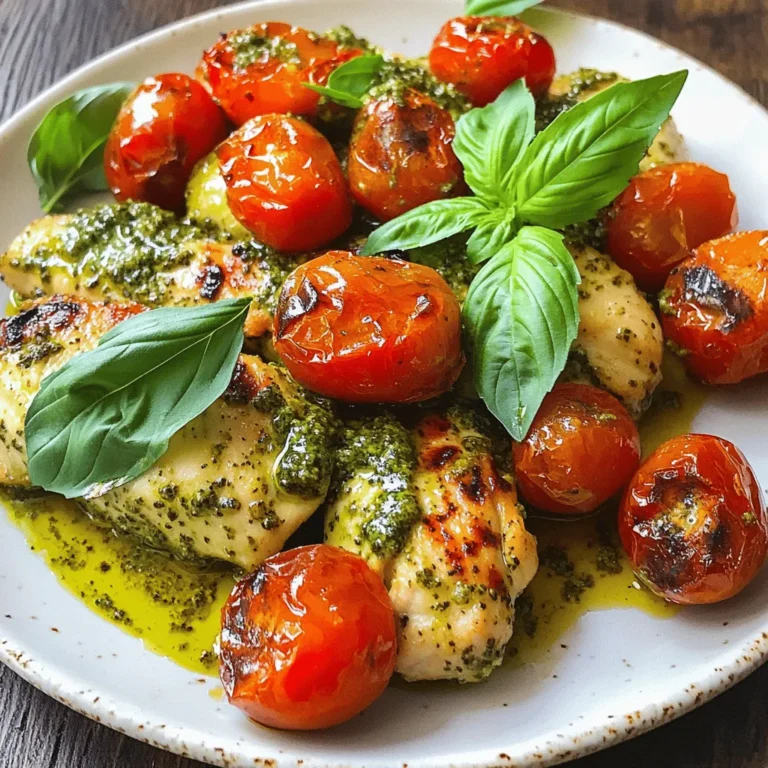 - 4 boneless, skinless chicken breasts - 1 cup homemade or store-bought pesto - 1 cup heavy cream - 1 cup cherry tomatoes, halved - 2 tablespoons olive oil - 1 teaspoon garlic powder - Salt and pepper to taste - ½ cup grated Parmesan cheese - Fresh basil leaves for garnish In Creamy Pesto Chicken with Roasted Tomatoes, the ingredients are key to flavor. The chicken breasts serve as a tender base. Pesto adds a rich, herby taste. Heavy cream brings a smooth texture to the dish. The cherry tomatoes, when roasted, become sweet and juicy. They balance the creamy sauce with their brightness. Olive oil and garlic powder help enhance the natural flavors of the tomatoes. Using salt and pepper to season the chicken brings out its taste. The grated Parmesan cheese melts into the sauce, adding depth. Fresh basil leaves add a pop of color and freshness. This easy recipe is a delight for any meal. You can find the full recipe in the next section. Enjoy! 1. Preheat your oven to 400°F (200°C). This step is key for roasting tomatoes well. 2. In a large bowl, mix 1 cup of halved cherry tomatoes with 2 tablespoons of olive oil, 1 teaspoon of garlic powder, salt, and pepper. Stir until all tomatoes are coated. 3. Spread the seasoned tomatoes on a parchment-lined baking sheet. Roast in the oven for 15-20 minutes until they are soft and a bit caramelized. 1. While the tomatoes roast, season 4 boneless, skinless chicken breasts with salt and pepper. This adds flavor to the meat. 2. Heat a large skillet over medium-high heat. Add a splash of olive oil. 3. When the oil is hot, add the chicken breasts. Sear each side for 5-7 minutes until golden brown. The chicken doesn’t need to be cooked all the way at this point. 1. Lower the heat to medium-low. Pour in 1 cup of heavy cream and 1 cup of pesto over the chicken. Stir gently to mix it well. 2. Sprinkle ½ cup of grated Parmesan cheese on top of the chicken. Cover the skillet and let it simmer for 10-12 minutes. Make sure the chicken reaches 165°F (75°C) inside. 3. Once cooked, remove from heat. Serve the chicken with the creamy sauce drizzled on top and add the roasted tomatoes around it. For the complete recipe, check out the [Full Recipe]. To ensure perfect chicken doneness, use a meat thermometer. The chicken should reach 165°F (75°C). This keeps it juicy and safe to eat. If you don’t have a thermometer, cut into the thickest part. The meat should be white, with no pink. Adjusting the pesto flavor intensity is easy. Start with a small amount, then taste. If you want it stronger, add more. The balance is key. The cream will mellow the pesto, so keep that in mind. You want a nice, rich flavor without it being too overpowering. For elegant plating, use a large white plate. Place the chicken in the center. Drizzle extra creamy pesto sauce over the top. Arrange the roasted tomatoes around the chicken. Garnish with fresh basil leaves for a bright touch. Suggested side dishes include crusty bread or pasta. Both options pair well with the creamy sauce. You can also serve it with a simple green salad. This adds freshness and color to your meal. {{image_2}} If you want to switch things up, there are easy swaps you can make. - Alternatives for heavy cream: You can use half-and-half for a lighter option. For a dairy-free choice, try coconut cream or cashew cream. Both will keep the dish creamy and flavorful. - Using different types of chicken: You can use thighs instead of breasts. Thighs have more fat, giving you a richer taste. Bone-in chicken also works well. Just adjust cooking time to ensure they cook through. Adding new flavors can make this dish your own. - Adding extra vegetables or spices: Toss in spinach or zucchini for added nutrition. You can also add red pepper flakes for heat or lemon zest for brightness. These additions will complement the pesto nicely. - Using different pesto flavors: Try sun-dried tomato pesto or spinach pesto for a unique twist. Each type will bring its own taste and pair well with the creamy sauce. Experiment and find your favorite! For the full recipe, check out Creamy Pesto Chicken with Roasted Tomatoes. Enjoy your cooking adventure! To store leftovers, let the chicken cool down. Place it in an airtight container. You can keep it in the fridge for up to three days. To keep chicken fresh, separate it from sauces and veggies. This helps prevent sogginess. You can reheat the dish in several ways. The best method is using a skillet. Heat it over low heat with a splash of water. This keeps the chicken moist. You can also use the microwave. Cover the dish with a damp paper towel to help retain moisture. For more details on how to make this dish, check out the Full Recipe. Can I make this dish ahead of time? Yes, you can prepare the chicken and sauce ahead of time. Cook the chicken and let it cool. Store it in the fridge. When you’re ready to eat, reheat it on the stove. This way, the flavors stay fresh. How can I make it dairy-free? You can swap the heavy cream for coconut cream or a dairy-free cream. Use dairy-free cheese for a similar taste. This keeps the creaminess while making it dairy-free. What sides go well with Creamy Pesto Chicken? You can serve this dish with many sides. Here are some great options: - Garlic bread - Steamed vegetables - Pasta tossed in olive oil - A fresh green salad These sides will balance the creamy sauce and make a complete meal. How long does this dish keep in the fridge? Creamy Pesto Chicken lasts about 3-4 days in the fridge. Store it in an airtight container. Make sure to cool it completely before putting it away. What can I use instead of pesto? If you don’t have pesto, try using sun-dried tomato paste or a fresh herb mix. You can also blend basil, garlic, nuts, and olive oil to make a quick sauce. Can I use another kind of cheese? Yes, you can use different cheeses. Mozzarella or goat cheese works well. You can even try feta for a tangy kick. Just remember to adjust the amount based on your taste. For the full recipe, check out Creamy Pesto Chicken with Roasted Tomatoes. This blog post covers the tasty recipe for Creamy Pesto Chicken. You learned about the main ingredients, like chicken, pesto, and heavy cream. I shared step-by-step instructions for roasting, searing, and serving. You also found helpful tips for perfecting the dish and ideas for variations. Keeping leftovers fresh is easy with the right storage. Lastly, I answered common questions about the recipe. Overall, this dish is simple to make and full of flavor. Enjoy trying it out!