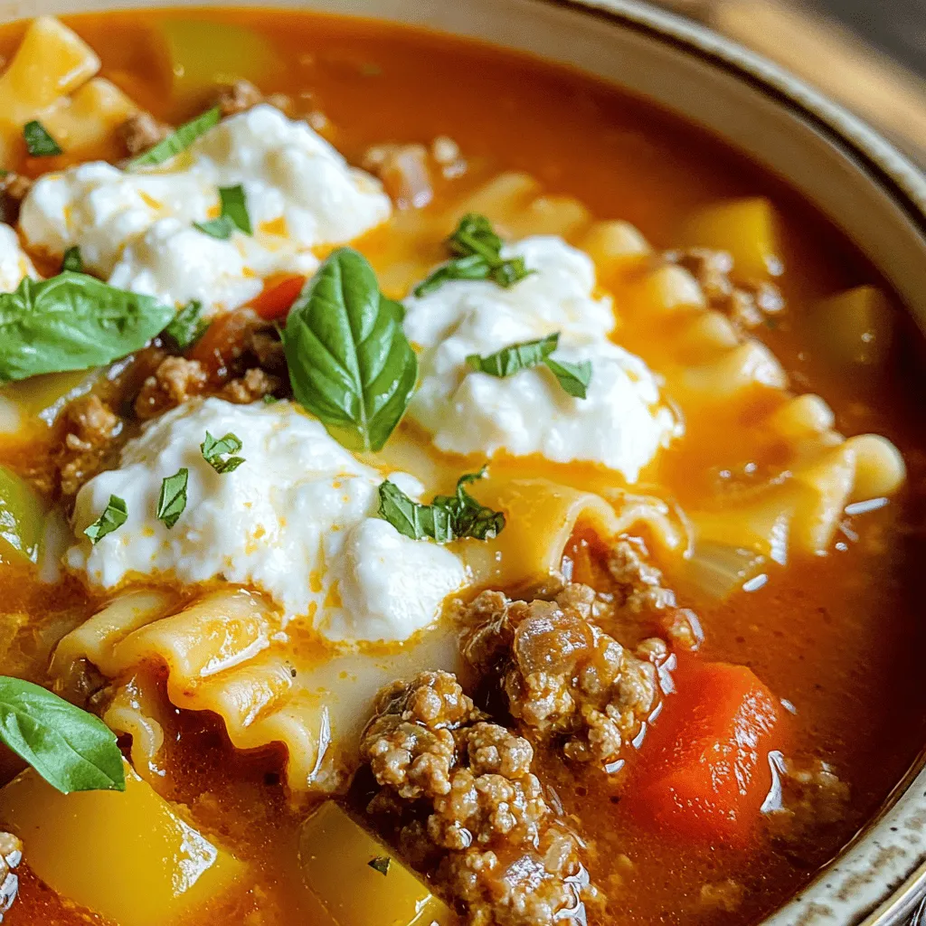 Lasagna soup has a rich and tasty mix of ingredients. Here are the key items you will need: - 1 lb ground beef or Italian sausage - 1 medium onion, diced - 3 cloves garlic, minced - 1 bell pepper, diced (any color) - 1 can (28 oz) crushed tomatoes - 4 cups beef broth - 2 teaspoons Italian seasoning - 1 teaspoon dried basil - 1 teaspoon sugar - Salt and pepper to taste - 8 oz lasagna noodles, broken into smaller pieces Each ingredient adds depth and flavor. The meat gives it heartiness, while the veggies add freshness. The broth brings all the flavors together, and the tomatoes provide sweetness and acidity. Cheese is a big part of lasagna soup. Here are the cheeses you should use: - 1 cup ricotta cheese - 1 cup shredded mozzarella cheese - 1/2 cup grated Parmesan cheese These cheeses create a creamy, cheesy topping that melts beautifully. Ricotta adds richness, mozzarella offers a stretchy texture, and Parmesan gives a sharp bite. For a pop of color and flavor, you can add garnishes. Here are some great options: - Fresh basil - Parsley Garnishes not only make your soup look nice but also add fresh flavor. Sprinkle them on right before serving for the best taste. You can find the Full Recipe above to guide you in preparing this delightful dish. To start, you need to brown the meat. In a large pot over medium heat, add 1 pound of ground beef or Italian sausage. Cook it until it turns brown, breaking it apart with a spoon. Drain any extra fat if necessary. Next, sauté the vegetables. Add 1 diced medium onion, 3 minced garlic cloves, and 1 diced bell pepper to the pot. Sauté for about 5 minutes. This step softens the veggies and brings out their flavors. Now, it’s time to build the soup. Stir in 1 can of crushed tomatoes and 4 cups of beef broth. Then, add 2 teaspoons of Italian seasoning, 1 teaspoon of dried basil, 1 teaspoon of sugar, and salt and pepper to taste. Bring this mixture to a boil. Once it boils, lower the heat. Let it simmer for about 10 minutes. This helps all the flavors blend together nicely. Next, add the noodles. Toss in 8 ounces of broken lasagna noodles. Cook them for about 10 to 12 minutes until they are tender. While the noodles cook, prepare the cheese mixture. In a separate bowl, mix together 1 cup of ricotta cheese, half of the shredded mozzarella cheese, and 1/2 cup of grated Parmesan cheese. Once the noodles are done, take the pot off the heat. Serve the soup in bowls, adding a dollop of the cheese mixture on top. Sprinkle the remaining mozzarella cheese over each bowl. You can garnish with fresh basil or parsley. This adds a nice touch of color and flavor. For the full recipe, check out the instructions provided earlier. To get your noodles just right, cook them at the end. This keeps them from getting mushy. Add them to the pot just before serving. They will soak up the broth but stay firm. Boosting flavors in your soup is easy. Use fresh herbs like basil and parsley. They add a bright taste. A splash of red wine can enhance the depth too. Don't skip the seasoning; salt and pepper are key. Lasagna soup pairs well with crusty bread. A side salad can add fresh crunch. You can also serve it with garlic bread for a tasty twist. For garnish, sprinkle extra cheese on top. Fresh basil leaves make it look pretty. A drizzle of olive oil adds a nice touch too. Using the wrong pasta can ruin your soup. Lasagna noodles work best. Avoid small pasta shapes, as they cook too quickly. Never skip the simmering step. This is when all the flavors blend. Letting it simmer for a bit makes a big difference. {{image_2}} You can make a tasty vegetarian version of lasagna soup. Start by swapping the meat for plant-based proteins. Options like lentils, mushrooms, or tempeh work well. They add heartiness and flavor. Next, boost the veggie count! Toss in spinach, zucchini, or carrots for a colorful mix. This not only enhances nutrition but also makes your soup more vibrant and appealing. For gluten-free eaters, use gluten-free noodles. There are many brands available that mimic regular pasta well. They hold up nicely in soup. You can also choose an alternative broth. Vegetable broth is a great option here, giving a light and fresh taste. Just check the label to ensure it is gluten-free. If you like a kick, try adding red pepper flakes. Just a pinch can turn up the heat. You can also incorporate spicy sausage instead of the regular meat. This adds rich flavors and a delightful bite. Adjust the spice level to your taste. Remember, you want a cozy feel, not overwhelming heat! For all these variations, keep in mind the [Full Recipe] to guide you through the base. Enjoy experimenting with flavors! To keep your lasagna soup fresh, store it in an airtight container. Place it in the fridge. It’s best to let the soup cool before sealing it. Avoid adding the cheese mixture until you’re ready to eat. This helps keep flavors fresh. For freezing, use a freezer-safe container. Leave some space at the top for expansion. You can freeze it for up to three months. Just remember to label the container with the date. When reheating, the best method is using the stove. Pour the soup into a pot and heat it over medium heat. Stir often to avoid sticking. You can also use the microwave. Just place it in a microwave-safe bowl and cover it. Heat in short bursts, stirring in between. To keep the flavor and texture, add a splash of broth or water. This helps to avoid dryness. If you added the cheese mixture before freezing, stir it in after reheating. Lasagna soup lasts in the fridge for about three to four days. If you see any mold or off smells, it's time to toss it. When in doubt, trust your senses. It's better to be safe than sorry. Lasagna soup is a warm and cozy dish. It mixes the flavors of classic lasagna in a broth. You get layers of taste in every spoonful. The main components include ground beef or sausage, tomatoes, and broth. You also have noodles that soak up the rich flavors. The cheese adds creaminess and balance. It’s like having lasagna but in a comforting bowl of soup. Yes, you can make lasagna soup in advance. To prepare, cook the soup as directed. Let it cool, then store it in the fridge. It will keep well for three to four days. When ready to eat, reheat the soup on the stove. Add a splash of broth if it’s too thick. This makes it quick and easy for busy weeknights. Lasagna soup can be a healthy meal choice. It offers protein from the meat and cheese. You also get vitamins from the vegetables. The amount of cheese can be adjusted to lower fat. You can even swap in whole-grain noodles for added fiber. Just keep an eye on portion sizes for a balanced meal. To boost the flavor, use fresh herbs like basil or parsley. You can also add a splash of balsamic vinegar. This gives a nice tang to the soup. Try using homemade broth for richer taste. Adding spicy sausage instead of regular meat can also enhance flavor. For an extra kick, sprinkle in some red pepper flakes. These tips will make your soup even better. For the full recipe, check out the Lasagna Soup Delight. Lasagna soup combines hearty flavors and comfort in one bowl. We explored the essential ingredients, from ground meat to rich cheeses. Preparing it step by step ensures a delicious result. Always remember to avoid common mistakes to perfect your soup. Whether you want a vegetarian or spicy version, options abound. Store leftovers properly to enjoy later. Overall, lasagna soup is flexible, satisfying, and worth a try. Enjoy your cooking journey and savor each delicious bite!