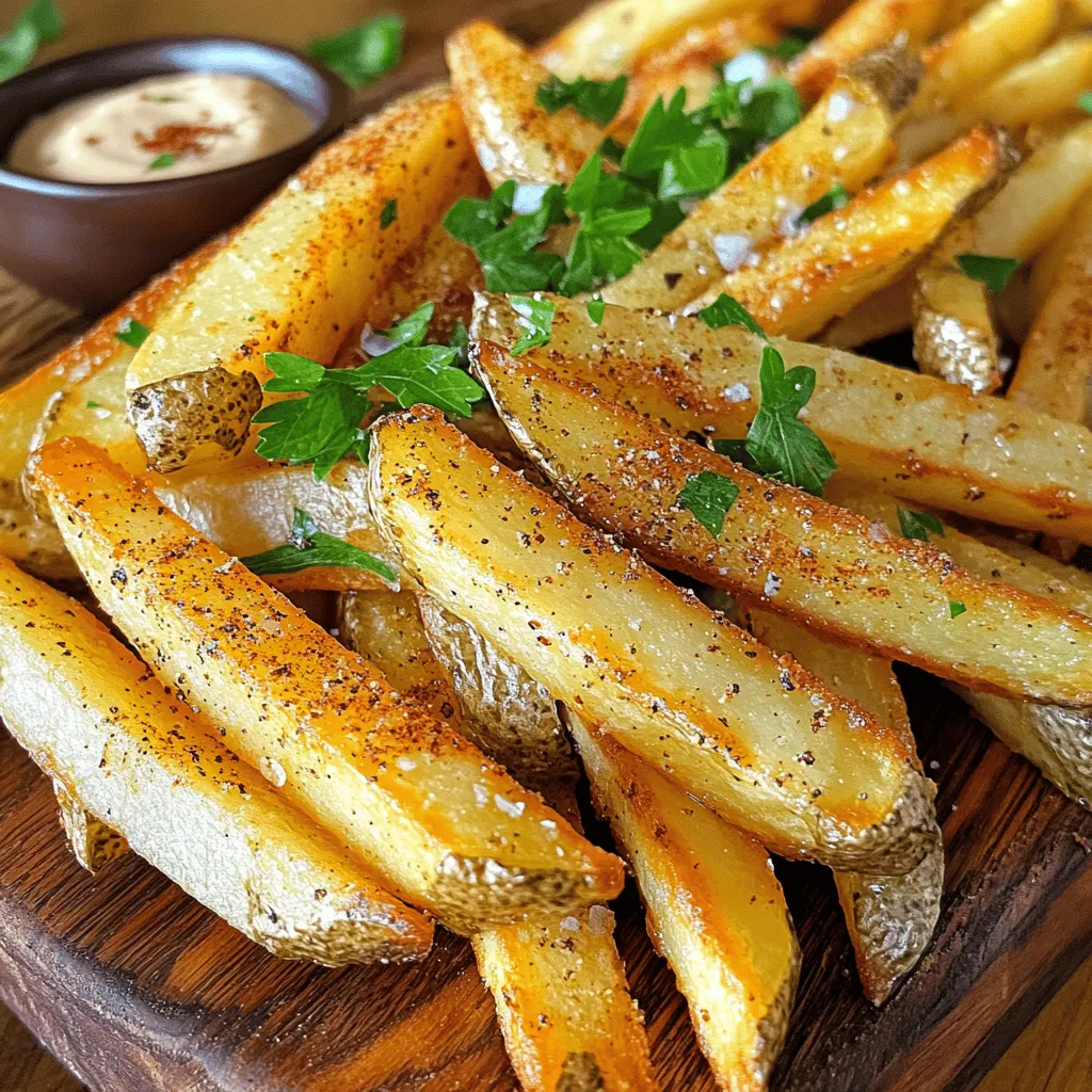 To make crispy oven baked French fries, you need a few key items: - 4 large russet potatoes - 2 tablespoons olive oil - 1 teaspoon garlic powder - 1 teaspoon onion powder - 1 teaspoon paprika - ½ teaspoon sea salt - ½ teaspoon black pepper - ½ teaspoon dried rosemary (optional) - Fresh parsley for garnish (optional) These ingredients work together to create fries that are crunchy outside and soft inside. The olive oil helps to crisp them up, while the seasonings add great flavor. When it comes to potatoes, I always choose russet potatoes. They have high starch content, which gives fries a fluffy inside. You can also use Yukon Gold potatoes. They have a creamy texture and add a nice flavor. Avoid waxy potatoes like red potatoes. They do not crisp up well. While the basic seasoning mix is fantastic, you can get creative! Here are some fun ideas: - Cheddar and chive: Add grated cheddar cheese and chopped chives for a cheesy touch. - Spicy: Mix in cayenne pepper or chili powder for heat. - Herbed: Use dried thyme or Italian seasoning for a fresh taste. - Sweet: Sprinkle with cinnamon and a bit of sugar for a sweet twist. Feel free to mix and match these seasonings. The goal is to create flavors you love. For the full recipe, check out the detailed steps. Start by gathering your ingredients. You need: - 4 large russet potatoes - 2 tablespoons olive oil - 1 teaspoon garlic powder - 1 teaspoon onion powder - 1 teaspoon paprika - ½ teaspoon sea salt - ½ teaspoon black pepper - ½ teaspoon dried rosemary (optional) - Fresh parsley for garnish (optional) Make sure you have a clean workspace. This helps you stay organized. Next, wash and peel the russet potatoes. Cut them into 1/4 inch thick fries. This size helps them cook evenly. Now, soak the cut fries in cold water for at least 30 minutes. Why should you soak them? It removes excess starch. Less starch means crispier fries. After soaking, drain the fries and pat them dry with a clean kitchen towel. The drier they are, the better they will crisp up. Preheat your oven to 425°F (220°C). Line a baking sheet with parchment paper. This makes cleanup easy. In a large bowl, toss the dried fries with olive oil and spices. Make sure each fry gets some oil and seasoning. Spread the fries in a single layer on the baking sheet. Avoid crowding them. This allows hot air to circulate, making them crispier. Bake for 25-30 minutes. Flip the fries halfway through for even browning. Once golden brown and crispy, take them out. Let them cool for a couple of minutes. This helps them crisp up even more. Garnish with fresh parsley if you like. Serve hot and enjoy your crispy oven-baked fries! For more details, check the Full Recipe. When making crispy oven baked French fries, avoid these common mistakes: - Not Soaking the Potatoes: Skipping the soak leads to soggy fries. Always soak for at least 30 minutes. - Overcrowding the Baking Sheet: Piling fries makes them steam, not crisp. Spread them out. - Skipping the Drying Step: Wet fries will not crisp well. Pat them dry before oiling. To get the best crispiness, follow these steps: - Use the Right Potatoes: Russet potatoes are starchy and perfect for fries. - Cut Evenly: Make sure your fries are all the same size. This helps them cook evenly. - High Heat: Bake at 425°F (220°C). The heat helps create that golden, crispy finish. - Flip Halfway: Turn the fries halfway through baking for even browning all around. Seasoning makes your fries special. Here are my tips: - Don’t Overdo It: Use just enough salt and spices to enhance the flavor without overwhelming it. - Mix Well: Toss fries in oil and seasoning thoroughly. Each fry should be coated. - Experiment: Try different spices like cumin or cayenne for a fun twist. - Garnish Creatively: Fresh parsley adds color and flavor. It makes the fries look even better! For a complete guide with all the steps, check the Full Recipe. {{image_2}} You can make oven-baked fries healthier. Instead of russet potatoes, use sweet potatoes. They add a sweet flavor and more nutrients. You can also try zucchini or carrots. Cut them into fry shapes and bake them just like regular fries. Use less oil or try an air fryer for even less fat. Get creative with your seasonings. Instead of the simple mix, try adding parmesan cheese or ranch seasoning. For a spicy kick, add cayenne pepper or chili powder. You can even use taco seasoning for a fun twist. Mix and match flavors to keep things exciting. Dipping sauces can elevate your fries. Classic ketchup is always a hit. Try ranch dressing for a creamy option. For something different, mix mayo with sriracha for a spicy dip. You can also blend Greek yogurt with herbs for a healthy sauce. Get inspired by the full recipe to create your perfect fry experience! To store leftover French fries, first let them cool down. Place them in an airtight container. Make sure to layer them with parchment paper to keep them from sticking. Store them in the fridge for up to three days. Avoid storing them in a sealed plastic bag, as this can trap moisture and make them soggy. Reheating fries can be tricky. To keep them crispy, use the oven. Preheat your oven to 400°F (200°C). Spread the fries in a single layer on a baking sheet. Bake for about 10 minutes. Check them often to prevent burning. You can also use an air fryer for extra crispiness. Set it to 375°F (190°C) and heat the fries for 5-7 minutes. Freezing fries is easy and great for meal prep. First, cool the baked fries completely. Then, spread them in a single layer on a baking sheet. Freeze them for about an hour. Once frozen, transfer them to a freezer bag. Remove as much air as possible before sealing. They can last in the freezer for up to three months. When you want to enjoy them, bake them from frozen. To make fries crispy, start with the right potato. I prefer russet potatoes. They have low moisture and high starch. Soaking the cut fries in cold water for 30 minutes helps too. This step removes starch. After soaking, dry the fries well with a towel. The drier they are, the better they will crisp up. Toss them in olive oil and seasonings. Spread them out on a baking sheet in a single layer. This allows hot air to circulate around each fry. Flip them halfway through cooking for even browning. Bake until golden brown and crispy. Yes, you can use other potatoes. Yukon Golds are a great choice. They are creamy and have a buttery taste. Sweet potatoes also work well for a different flavor. Just remember, different potatoes may change the texture. For best results, stick to russets or Yukon Golds. Many sauces pair well with fries. Ketchup is a classic choice. You can also try ranch dressing for a creamy dip. Garlic aioli adds a gourmet touch. Barbecue sauce brings a sweet and smoky flavor. For something spicy, try sriracha mayo. These sauces make your fries even more enjoyable. Check out the Full Recipe for more tips on serving. Oven-baked French fries can be simple and tasty. We explored essential ingredients, like good potatoes and seasonings. Preparing and baking them well is key for crispiness. We also shared tips to avoid mistakes and maximize flavor. Variations let you get creative, and storage tips help keep leftovers fresh. Remember, crispiness comes from drying your potatoes and baking them right. Enjoy your fries with fun dips for extra flavor. With these steps, you can make fries that everyone will love. Happy cooking!