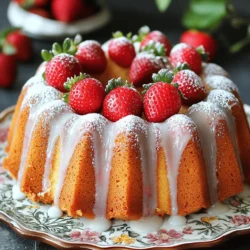 - 2 cups all-purpose flour - 1 ½ teaspoons baking powder - ½ teaspoon baking soda - ¼ teaspoon salt - ½ cup unsalted butter, softened - 1 cup granulated sugar - 2 large eggs - 1 teaspoon vanilla extract - 1 cup buttermilk - 1 ½ cups fresh strawberries, hulled and chopped - ½ cup powdered sugar (for glaze) - 2 tablespoons milk (for glaze) - Fresh strawberries for garnish Gather these ingredients first. Using fresh strawberries makes a big difference in flavor. I love how the sweet and juicy berries shine in this cake. The buttermilk adds a nice tang and keeps the cake moist. Measure your flour carefully. Too much flour can make the cake dry. I always use a spoon to scoop flour into the measuring cup and level it off. This way, I get just the right amount. The butter should be softened, but not melted. Creaming it with sugar helps create a light texture. It’s key to the cake’s success. Use large eggs for the best rise. They provide moisture and richness. I always crack them into a bowl first, just in case one is bad. When you mix the ingredients, be gentle when adding the strawberries. Overmixing can break them down and change the cake’s texture. You want to see those lovely pieces of fruit throughout. Finally, set aside powdered sugar and milk for the glaze. It adds the perfect sweet touch. You can adjust the glaze thickness to your liking. Now that you have everything, you're ready to make Strawberry Bundt Cake Bliss! For the full recipe, follow the steps in the next section. 1. Preheat your oven to 350°F (175°C). 2. Grease and flour a 10-cup Bundt pan well. This keeps the cake from sticking. 3. In a medium bowl, mix dry ingredients. Whisk together the flour, baking powder, baking soda, and salt. Set it aside. 4. In a separate bowl, prepare the wet ingredients. 1. In a large bowl, cream the butter and sugar. Use an electric mixer on medium speed. Mix until it’s light and fluffy, about 3-4 minutes. 2. Add the eggs one at a time. Mix well after each egg. Then add the vanilla extract and mix until combined. 3. With the mixer on low, combine the wet and dry ingredients. Alternate adding the dry mix and buttermilk, starting and ending with the flour mixture. Mix until just combined. Do not overmix. 4. Gently fold in the chopped strawberries with a spatula. Distribute them evenly in the batter. 1. Carefully pour the batter into the prepared Bundt pan. Smooth the top with a spatula. 2. Bake in the preheated oven for 45-50 minutes. A toothpick inserted in the center should come out clean. 3. Let the cake cool in the pan for 10-15 minutes. Then, invert it onto a wire rack to cool completely. 4. For the glaze, whisk together powdered sugar and milk in a small bowl until smooth. 5. Drizzle the glaze over the cooled Bundt cake. Let it drip down the sides. 6. Finally, garnish with whole fresh strawberries for a lovely look. For the complete recipe, refer to the [Full Recipe]. Proper mixing is key to a great Bundt cake. First, cream the butter and sugar until light and fluffy. This step adds air, making the cake soft. Be sure to mix in the eggs one at a time. This helps the batter come together smoothly. To check if your cake is done, insert a toothpick into the center. If it comes out clean, your cake is ready. This simple test helps ensure you don’t overbake or underbake your cake. You can add extra flavor to your Bundt cake. Consider mixing in lemon or orange zest for a fruity twist. A touch of almond extract also adds a nice depth. Using different types of strawberries can change the taste. Try ripe, juicy strawberries for sweetness. You could also use a mix of berries for a fun burst of flavor. For the best results, always use fresh strawberries. They give the best taste and texture to your cake. Follow the Full Recipe for a tasty Strawberry Bundt Cake Bliss that will impress your guests! {{image_2}} You can change the flavor of your Strawberry Bundt Cake in fun ways. One option is adding citrus zest. A little lemon or orange zest gives the cake a bright, fresh taste. Just mix in about one tablespoon of zest when you add the vanilla. Another choice is to swap the flavor base. You can use chocolate or vanilla instead of the basic vanilla extract. If you want a chocolate twist, add ¼ cup of cocoa powder to the dry mix. For a vanilla boost, just use a bit more vanilla extract. Each change brings a new flavor to your cake. To make your cake a bit healthier, consider using whole wheat flour. Replace all-purpose flour with the same amount of whole wheat flour. It adds fiber and nutrients, making your cake a bit better for you. You can also reduce the sugar in the recipe. Cutting it down to ¾ cup still keeps the cake sweet but makes it lighter. This way, you enjoy a treat without as much sugar. These simple swaps let you have your cake and eat it too! For the full recipe, check out the Strawberry Bundt Cake Bliss section. To keep your Strawberry Bundt Cake fresh, follow these steps: - Let the cake cool completely before storing. - Wrap it tightly in plastic wrap to avoid air. - Place the wrapped cake in an airtight container. - Store it in the fridge for up to five days. This method helps keep the cake moist and tasty. If you want to serve it later, simply take it out and enjoy. To freeze your Bundt cake, do this: - Wrap the cooled cake tightly in plastic wrap. - Place it in a freezer-safe bag or container. - Label it with the date for easy use. You can freeze the cake for up to three months. When you’re ready to eat it, thaw it in the fridge overnight. To keep the texture nice, avoid thawing at room temperature. Enjoy your delicious Strawberry Bundt Cake bliss anytime! Can I use frozen strawberries instead of fresh? Yes, you can use frozen strawberries. Just make sure to thaw and drain them first. This keeps your cake from becoming too wet. Fresh strawberries bring a brighter flavor, but frozen is fine in a pinch. How do I make a dairy-free version of this recipe? To make this cake dairy-free, you can swap buttermilk for almond milk or oat milk. Use a dairy-free butter substitute to replace the unsalted butter. The cake will still be soft and tasty. What should I do if my cake sticks to the pan? If your cake sticks, try greasing the pan with butter or oil before adding batter. You can also dust the pan with flour. If it still sticks, let it cool a bit longer before trying to remove it. Best accompaniments for strawberry bundt cake This cake pairs well with whipped cream, vanilla ice cream, or fresh fruit. A drizzle of chocolate sauce adds a rich touch. You can also serve it with a cup of tea or coffee for a nice treat. Ideal occasions for serving the cake Strawberry Bundt Cake is perfect for birthdays, picnics, and holiday gatherings. It also works well for brunches or as a sweet end to a dinner party. Its bright colors make it a showstopper for any event. The Strawberry Bundt Cake is simple, fun, and tasty. You gathered the right ingredients, mixed them well, and baked to perfection. Remember to store any leftovers properly and explore variations for new flavors. With a few tips, you can make this cake even better. Enjoy this delight on special occasions or just because. Happy baking!