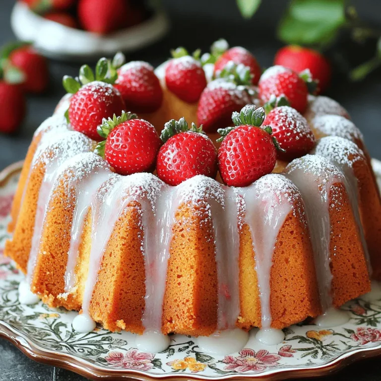 - 2 cups all-purpose flour - 1 ½ teaspoons baking powder - ½ teaspoon baking soda - ¼ teaspoon salt - ½ cup unsalted butter, softened - 1 cup granulated sugar - 2 large eggs - 1 teaspoon vanilla extract - 1 cup buttermilk - 1 ½ cups fresh strawberries, hulled and chopped - ½ cup powdered sugar (for glaze) - 2 tablespoons milk (for glaze) - Fresh strawberries for garnish Gather these ingredients first. Using fresh strawberries makes a big difference in flavor. I love how the sweet and juicy berries shine in this cake. The buttermilk adds a nice tang and keeps the cake moist. Measure your flour carefully. Too much flour can make the cake dry. I always use a spoon to scoop flour into the measuring cup and level it off. This way, I get just the right amount. The butter should be softened, but not melted. Creaming it with sugar helps create a light texture. It’s key to the cake’s success. Use large eggs for the best rise. They provide moisture and richness. I always crack them into a bowl first, just in case one is bad. When you mix the ingredients, be gentle when adding the strawberries. Overmixing can break them down and change the cake’s texture. You want to see those lovely pieces of fruit throughout. Finally, set aside powdered sugar and milk for the glaze. It adds the perfect sweet touch. You can adjust the glaze thickness to your liking. Now that you have everything, you're ready to make Strawberry Bundt Cake Bliss! For the full recipe, follow the steps in the next section. 1. Preheat your oven to 350°F (175°C). 2. Grease and flour a 10-cup Bundt pan well. This keeps the cake from sticking. 3. In a medium bowl, mix dry ingredients. Whisk together the flour, baking powder, baking soda, and salt. Set it aside. 4. In a separate bowl, prepare the wet ingredients. 1. In a large bowl, cream the butter and sugar. Use an electric mixer on medium speed. Mix until it’s light and fluffy, about 3-4 minutes. 2. Add the eggs one at a time. Mix well after each egg. Then add the vanilla extract and mix until combined. 3. With the mixer on low, combine the wet and dry ingredients. Alternate adding the dry mix and buttermilk, starting and ending with the flour mixture. Mix until just combined. Do not overmix. 4. Gently fold in the chopped strawberries with a spatula. Distribute them evenly in the batter. 1. Carefully pour the batter into the prepared Bundt pan. Smooth the top with a spatula. 2. Bake in the preheated oven for 45-50 minutes. A toothpick inserted in the center should come out clean. 3. Let the cake cool in the pan for 10-15 minutes. Then, invert it onto a wire rack to cool completely. 4. For the glaze, whisk together powdered sugar and milk in a small bowl until smooth. 5. Drizzle the glaze over the cooled Bundt cake. Let it drip down the sides. 6. Finally, garnish with whole fresh strawberries for a lovely look. For the complete recipe, refer to the [Full Recipe]. Proper mixing is key to a great Bundt cake. First, cream the butter and sugar until light and fluffy. This step adds air, making the cake soft. Be sure to mix in the eggs one at a time. This helps the batter come together smoothly. To check if your cake is done, insert a toothpick into the center. If it comes out clean, your cake is ready. This simple test helps ensure you don’t overbake or underbake your cake. You can add extra flavor to your Bundt cake. Consider mixing in lemon or orange zest for a fruity twist. A touch of almond extract also adds a nice depth. Using different types of strawberries can change the taste. Try ripe, juicy strawberries for sweetness. You could also use a mix of berries for a fun burst of flavor. For the best results, always use fresh strawberries. They give the best taste and texture to your cake. Follow the Full Recipe for a tasty Strawberry Bundt Cake Bliss that will impress your guests! {{image_2}} You can change the flavor of your Strawberry Bundt Cake in fun ways. One option is adding citrus zest. A little lemon or orange zest gives the cake a bright, fresh taste. Just mix in about one tablespoon of zest when you add the vanilla. Another choice is to swap the flavor base. You can use chocolate or vanilla instead of the basic vanilla extract. If you want a chocolate twist, add ¼ cup of cocoa powder to the dry mix. For a vanilla boost, just use a bit more vanilla extract. Each change brings a new flavor to your cake. To make your cake a bit healthier, consider using whole wheat flour. Replace all-purpose flour with the same amount of whole wheat flour. It adds fiber and nutrients, making your cake a bit better for you. You can also reduce the sugar in the recipe. Cutting it down to ¾ cup still keeps the cake sweet but makes it lighter. This way, you enjoy a treat without as much sugar. These simple swaps let you have your cake and eat it too! For the full recipe, check out the Strawberry Bundt Cake Bliss section. To keep your Strawberry Bundt Cake fresh, follow these steps: - Let the cake cool completely before storing. - Wrap it tightly in plastic wrap to avoid air. - Place the wrapped cake in an airtight container. - Store it in the fridge for up to five days. This method helps keep the cake moist and tasty. If you want to serve it later, simply take it out and enjoy. To freeze your Bundt cake, do this: - Wrap the cooled cake tightly in plastic wrap. - Place it in a freezer-safe bag or container. - Label it with the date for easy use. You can freeze the cake for up to three months. When you’re ready to eat it, thaw it in the fridge overnight. To keep the texture nice, avoid thawing at room temperature. Enjoy your delicious Strawberry Bundt Cake bliss anytime! Can I use frozen strawberries instead of fresh? Yes, you can use frozen strawberries. Just make sure to thaw and drain them first. This keeps your cake from becoming too wet. Fresh strawberries bring a brighter flavor, but frozen is fine in a pinch. How do I make a dairy-free version of this recipe? To make this cake dairy-free, you can swap buttermilk for almond milk or oat milk. Use a dairy-free butter substitute to replace the unsalted butter. The cake will still be soft and tasty. What should I do if my cake sticks to the pan? If your cake sticks, try greasing the pan with butter or oil before adding batter. You can also dust the pan with flour. If it still sticks, let it cool a bit longer before trying to remove it. Best accompaniments for strawberry bundt cake This cake pairs well with whipped cream, vanilla ice cream, or fresh fruit. A drizzle of chocolate sauce adds a rich touch. You can also serve it with a cup of tea or coffee for a nice treat. Ideal occasions for serving the cake Strawberry Bundt Cake is perfect for birthdays, picnics, and holiday gatherings. It also works well for brunches or as a sweet end to a dinner party. Its bright colors make it a showstopper for any event. The Strawberry Bundt Cake is simple, fun, and tasty. You gathered the right ingredients, mixed them well, and baked to perfection. Remember to store any leftovers properly and explore variations for new flavors. With a few tips, you can make this cake even better. Enjoy this delight on special occasions or just because. Happy baking!