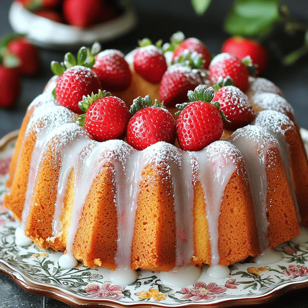 - 2 cups all-purpose flour - 1 ½ teaspoons baking powder - ½ teaspoon baking soda - ¼ teaspoon salt - ½ cup unsalted butter, softened - 1 cup granulated sugar - 2 large eggs - 1 teaspoon vanilla extract - 1 cup buttermilk - 1 ½ cups fresh strawberries, hulled and chopped - ½ cup powdered sugar (for glaze) - 2 tablespoons milk (for glaze) - Fresh strawberries for garnish Gather these ingredients first. Using fresh strawberries makes a big difference in flavor. I love how the sweet and juicy berries shine in this cake. The buttermilk adds a nice tang and keeps the cake moist. Measure your flour carefully. Too much flour can make the cake dry. I always use a spoon to scoop flour into the measuring cup and level it off. This way, I get just the right amount. The butter should be softened, but not melted. Creaming it with sugar helps create a light texture. It’s key to the cake’s success. Use large eggs for the best rise. They provide moisture and richness. I always crack them into a bowl first, just in case one is bad. When you mix the ingredients, be gentle when adding the strawberries. Overmixing can break them down and change the cake’s texture. You want to see those lovely pieces of fruit throughout. Finally, set aside powdered sugar and milk for the glaze. It adds the perfect sweet touch. You can adjust the glaze thickness to your liking. Now that you have everything, you're ready to make Strawberry Bundt Cake Bliss! For the full recipe, follow the steps in the next section. 1. Preheat your oven to 350°F (175°C). 2. Grease and flour a 10-cup Bundt pan well. This keeps the cake from sticking. 3. In a medium bowl, mix dry ingredients. Whisk together the flour, baking powder, baking soda, and salt. Set it aside. 4. In a separate bowl, prepare the wet ingredients. 1. In a large bowl, cream the butter and sugar. Use an electric mixer on medium speed. Mix until it’s light and fluffy, about 3-4 minutes. 2. Add the eggs one at a time. Mix well after each egg. Then add the vanilla extract and mix until combined. 3. With the mixer on low, combine the wet and dry ingredients. Alternate adding the dry mix and buttermilk, starting and ending with the flour mixture. Mix until just combined. Do not overmix. 4. Gently fold in the chopped strawberries with a spatula. Distribute them evenly in the batter. 1. Carefully pour the batter into the prepared Bundt pan. Smooth the top with a spatula. 2. Bake in the preheated oven for 45-50 minutes. A toothpick inserted in the center should come out clean. 3. Let the cake cool in the pan for 10-15 minutes. Then, invert it onto a wire rack to cool completely. 4. For the glaze, whisk together powdered sugar and milk in a small bowl until smooth. 5. Drizzle the glaze over the cooled Bundt cake. Let it drip down the sides. 6. Finally, garnish with whole fresh strawberries for a lovely look. For the complete recipe, refer to the [Full Recipe]. Proper mixing is key to a great Bundt cake. First, cream the butter and sugar until light and fluffy. This step adds air, making the cake soft. Be sure to mix in the eggs one at a time. This helps the batter come together smoothly. To check if your cake is done, insert a toothpick into the center. If it comes out clean, your cake is ready. This simple test helps ensure you don’t overbake or underbake your cake. You can add extra flavor to your Bundt cake. Consider mixing in lemon or orange zest for a fruity twist. A touch of almond extract also adds a nice depth. Using different types of strawberries can change the taste. Try ripe, juicy strawberries for sweetness. You could also use a mix of berries for a fun burst of flavor. For the best results, always use fresh strawberries. They give the best taste and texture to your cake. Follow the Full Recipe for a tasty Strawberry Bundt Cake Bliss that will impress your guests! {{image_2}} You can change the flavor of your Strawberry Bundt Cake in fun ways. One option is adding citrus zest. A little lemon or orange zest gives the cake a bright, fresh taste. Just mix in about one tablespoon of zest when you add the vanilla. Another choice is to swap the flavor base. You can use chocolate or vanilla instead of the basic vanilla extract. If you want a chocolate twist, add ¼ cup of cocoa powder to the dry mix. For a vanilla boost, just use a bit more vanilla extract. Each change brings a new flavor to your cake. To make your cake a bit healthier, consider using whole wheat flour. Replace all-purpose flour with the same amount of whole wheat flour. It adds fiber and nutrients, making your cake a bit better for you. You can also reduce the sugar in the recipe. Cutting it down to ¾ cup still keeps the cake sweet but makes it lighter. This way, you enjoy a treat without as much sugar. These simple swaps let you have your cake and eat it too! For the full recipe, check out the Strawberry Bundt Cake Bliss section. To keep your Strawberry Bundt Cake fresh, follow these steps: - Let the cake cool completely before storing. - Wrap it tightly in plastic wrap to avoid air. - Place the wrapped cake in an airtight container. - Store it in the fridge for up to five days. This method helps keep the cake moist and tasty. If you want to serve it later, simply take it out and enjoy. To freeze your Bundt cake, do this: - Wrap the cooled cake tightly in plastic wrap. - Place it in a freezer-safe bag or container. - Label it with the date for easy use. You can freeze the cake for up to three months. When you’re ready to eat it, thaw it in the fridge overnight. To keep the texture nice, avoid thawing at room temperature. Enjoy your delicious Strawberry Bundt Cake bliss anytime! Can I use frozen strawberries instead of fresh? Yes, you can use frozen strawberries. Just make sure to thaw and drain them first. This keeps your cake from becoming too wet. Fresh strawberries bring a brighter flavor, but frozen is fine in a pinch. How do I make a dairy-free version of this recipe? To make this cake dairy-free, you can swap buttermilk for almond milk or oat milk. Use a dairy-free butter substitute to replace the unsalted butter. The cake will still be soft and tasty. What should I do if my cake sticks to the pan? If your cake sticks, try greasing the pan with butter or oil before adding batter. You can also dust the pan with flour. If it still sticks, let it cool a bit longer before trying to remove it. Best accompaniments for strawberry bundt cake This cake pairs well with whipped cream, vanilla ice cream, or fresh fruit. A drizzle of chocolate sauce adds a rich touch. You can also serve it with a cup of tea or coffee for a nice treat. Ideal occasions for serving the cake Strawberry Bundt Cake is perfect for birthdays, picnics, and holiday gatherings. It also works well for brunches or as a sweet end to a dinner party. Its bright colors make it a showstopper for any event. The Strawberry Bundt Cake is simple, fun, and tasty. You gathered the right ingredients, mixed them well, and baked to perfection. Remember to store any leftovers properly and explore variations for new flavors. With a few tips, you can make this cake even better. Enjoy this delight on special occasions or just because. Happy baking!