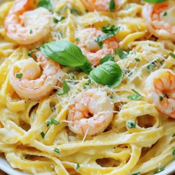 To make a tasty Creamy Mozzarella Shrimp Pasta, gather these essential ingredients: - 8 oz fettuccine pasta - 1 lb large shrimp, peeled and deveined - 2 tablespoons olive oil - 3 cloves garlic, minced - 1 cup heavy cream - 1 cup shredded mozzarella cheese - 1/2 cup fresh basil, chopped - 1/4 teaspoon red pepper flakes (optional) - Salt and pepper to taste - Fresh parsley for garnish - Grated Parmesan cheese for serving When measuring your ingredients, use dry measuring cups for the pasta and cheese. For liquid ingredients, use a liquid measuring cup. This helps ensure accuracy. If you want a dairy-free version, use coconut milk instead of heavy cream. You can swap mozzarella with a dairy-free cheese. For a gluten-free option, use gluten-free pasta. Fresh seafood makes a big difference in taste. Look for shrimp that smell fresh and have a firm texture. For mozzarella, choose a high-quality brand. Fresh mozzarella gives a creamy texture that melts beautifully. Avoid low-fat cheeses, as they may not melt well. To start, bring a large pot of salted water to a boil. You want the water to be bubbling before adding the fettuccine. Cook the pasta until it is al dente. This means it should be firm but not hard. Check the package for timing. Once cooked, drain the pasta but save about a cup of that pasta water. This water has starch, which helps thicken your sauce later. Set it aside until you need it. Next, heat 2 tablespoons of olive oil in a large skillet over medium heat. When the oil is hot, add 3 cloves of minced garlic. Cook the garlic for about one minute. You want it fragrant but not brown. Now, add 1 pound of shrimp. Cook them for 2-3 minutes on each side. The shrimp should turn pink and opaque when done. Remove the shrimp and set them aside. In the same skillet, pour in 1 cup of heavy cream. Stir it with the garlic oil. Bring the mix to a gentle simmer. Lower the heat to keep it warm. Gradually add 1 cup of shredded mozzarella cheese. Stir constantly until the cheese melts. If the sauce seems too thick, mix in some reserved pasta water. This will help reach the perfect creamy consistency. Now, it’s time to bring it all together. Add the cooked shrimp back into the skillet. Then, add the drained fettuccine. Using tongs, toss everything together. You want the pasta to be well coated with that creamy sauce. Finally, stir in 1/2 cup of chopped fresh basil. Season with salt, pepper, and optional red pepper flakes to taste. This adds a nice kick! - Avoiding overcooked shrimp: Cook shrimp just until they turn pink and opaque. This usually takes about 2-3 minutes on each side. If you see them curling tightly, they are overcooked. - Balancing flavors in the creamy sauce: Use fresh garlic and add salt gradually. The mozzarella will add saltiness, so taste as you go. If the sauce is too rich, add a splash of pasta water to lighten it. - Garnishing for visual appeal: Use fresh parsley and a sprinkle of grated Parmesan on top. This adds color and makes the dish look fancy. - Serving suggestions with side dishes or salads: Pair your pasta with a light salad. A simple arugula salad with lemon vinaigrette works well. - Preparing ingredients in advance: Chop garlic and basil ahead of time. You can also clean and devein shrimp a day before to save time. - Quick cleanup tips: Use one pot for cooking pasta and sauce. This reduces dishes. Wipe down surfaces as you cook to keep the kitchen tidy. These tips will help you create a delicious and visually stunning creamy mozzarella shrimp pasta. For the full recipe, check out the detailed instructions above. {{image_2}} You can easily swap shrimp for other proteins. Chicken is a great choice. Just cut it into small pieces. Sauté it until it’s cooked through. Scallops also work well. Cook them just like the shrimp until they turn golden. If you prefer a vegetarian dish, consider using sautéed mushrooms or tofu. Both options add nice flavor and texture. Want a bit of heat? You can make a spicy cream sauce. Just add extra spices like cayenne or chili flakes. This will give your dish a nice kick. If you need a dairy-free option, use coconut milk instead of heavy cream. It gives a creamy texture while keeping it light. Don’t feel stuck with fettuccine. You can try different types of pasta. Gluten-free pasta options are widely available. They work just as well in this dish. If you're looking for a lighter base, you can use zoodles. Simply spiralize zucchini into noodles. It’s a fun way to add veggies to your meal. For the full recipe, check out the link. Store your leftovers in the fridge. Use airtight containers to keep them fresh. Glass or plastic containers work well. Make sure to cool the pasta before sealing the container. This helps prevent moisture buildup. Reheat your creamy shrimp pasta slowly. Use a skillet over low heat. Add a splash of cream or reserved pasta water. This keeps the sauce creamy and helps it blend again. Stir often to warm evenly. Yes, you can freeze creamy shrimp pasta. However, the shrimp might become chewy when thawed. To freeze, place the pasta in a freezer-safe container. Leave some space for expansion. When ready to eat, thaw in the fridge overnight. Reheat gently to keep the creaminess. Yes, you can make this recipe in advance. To prep ahead, cook the pasta and shrimp separately. Store them in airtight containers in the fridge. When you are ready to eat, just reheat the pasta and shrimp. Then make the cream sauce fresh. This way, the dish stays creamy and tasty. Pair this pasta with a light salad or steamed vegetables. A fresh garden salad adds crunch and brightness. You can also serve garlic bread on the side for a nice touch. For drinks, consider a crisp white wine or sparkling water. These drinks complement the rich flavors of the pasta well. To make this dish healthier, you can reduce the heavy cream. Use half and half instead for fewer calories. You can also add more veggies, like spinach or cherry tomatoes. They add flavor and nutrients. Another option is to use whole wheat pasta for more fiber. These small changes can create a healthier meal without losing taste. For the full recipe, check out the “Creamy Mozzarella Shrimp Pasta” recipe. This will guide you through every step and help you create this delicious dish. To create a delicious creamy shrimp pasta, focus on fresh ingredients like fettuccine and shrimp. Accurate measurements help you achieve the perfect dish. Sauté shrimp correctly and make a rich cream sauce. Don’t forget to garnish for presentation. You can also explore variations and storage tips to enjoy this dish later. Remember, cooking is fun! With these steps, you'll impress everyone. Treat yourself to this creamy delight anytime you crave pasta. Happy cooking!