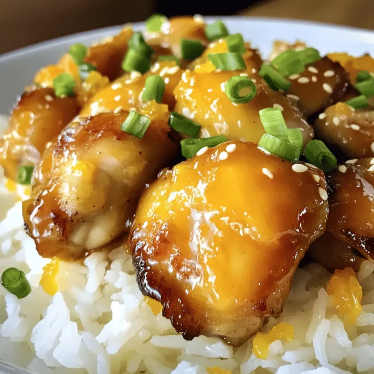 To make this easy orange chicken, you need just three main items: - 1 pound boneless chicken thighs, cut into bite-sized pieces - 1 cup orange marmalade - 2 tablespoons soy sauce These ingredients work together to create a tasty dish. The chicken thighs give a tender bite, while the orange marmalade adds sweetness. Soy sauce brings a nice saltiness to balance the flavors. To make your dish look even better, consider adding these garnishes: - Thinly sliced green onions - Sesame seeds These garnishes add color and a fresh taste. You can sprinkle them on right before serving. You will need a few tools to make this dish: - Large mixing bowl - Separate bowl for the sauce - Large skillet or pan - Cooking spoon With these tools, you’ll find it easy to prepare and cook the orange chicken. Enjoy making this simple yet delicious meal! First, gather your chicken thighs. Cut them into bite-sized pieces. This helps them cook evenly. Place the chicken in a large bowl. You want enough space to mix well. In a different bowl, combine one cup of orange marmalade with two tablespoons of soy sauce. Stir until smooth. This sauce adds a sweet and tangy flavor. It will coat the chicken nicely. Pour the orange sauce over the chicken pieces. Mix well to cover each piece. Let the chicken marinate for 15 to 20 minutes. This step is key for great flavor. Heat a large skillet over medium-high heat. Add the marinated chicken and all of the sauce to the pan. Cook for 8 to 10 minutes. Stir occasionally to make sure it cooks evenly. The chicken should reach an internal temperature of 165°F (75°C). Once it’s done, remove it from the heat. Serve your orange chicken over steamed white rice. Add thinly sliced green onions and sesame seeds on top for a nice touch. For the full recipe, check out the [Full Recipe]. To get the best flavor in your orange chicken, focus on the marinade. The orange marmalade gives a sweet and tangy taste. Soy sauce adds a nice salty touch. Mix these two well before adding chicken. Let the chicken sit in this mix for at least 15 minutes. This allows the flavors to soak in. If you can, marinate longer for a stronger taste. Cook the chicken over medium-high heat. This helps it brown nicely. Stir the chicken often. This ensures even cooking. You want the chicken to reach 165°F (75°C) inside. Use a meat thermometer to check. This keeps the chicken juicy and safe to eat. If you want a bit of crunch, let it sizzle a little longer in the pan. Look for a bright plate to serve your orange chicken. Place a bed of steamed white rice on the plate. This adds color and makes the meal more filling. Top the chicken with thinly sliced green onions. Add sesame seeds for a nice touch. This makes your dish pop and look gourmet. Serve it hot for the best experience. If you want more details, check the Full Recipe. {{image_2}} You can switch up the protein in this dish. If you want, try using shrimp or tofu. Both options cook quickly and soak up the orange flavor well. For shrimp, use large, peeled shrimp. Make sure to cook them for just a few minutes until they turn pink. If you choose tofu, press it first to remove excess water. Cut it into cubes and cook until golden brown. Want to add more zest? Try adding fresh ginger or garlic to the sauce. Just a little bit can boost the flavor. You can also swap orange marmalade for apricot or peach jam. This change will give you a new twist on the taste. If you like heat, add some red pepper flakes to the sauce. It brings a nice kick to the dish. Serving styles can change your meal’s look and feel. Serve your orange chicken over steamed rice for a classic touch. You can also use quinoa or cauliflower rice for a healthier option. If you want to make it a full meal, add steamed vegetables on the side. Broccoli or snap peas work great. For a fun twist, try making lettuce wraps. Just spoon the chicken into large lettuce leaves and roll them up. For the full recipe, check out the complete guide! To keep your leftover orange chicken fresh, place it in an airtight container. Make sure to let it cool down first. This helps avoid steam build-up, which can make the chicken soggy. Store it in the fridge for up to three days. If you want to keep it longer, freezing is a good option. When you are ready to eat the leftovers, reheating is easy. You can use the microwave or a skillet. For the microwave, place the chicken in a safe bowl. Heat it for one to two minutes, stirring halfway through. If using a skillet, add a little water to it. Heat over medium until hot. Stir often to prevent burning. If you want to freeze the orange chicken, use a freezer-safe bag. Squeeze out as much air as you can before sealing. This helps to avoid freezer burn. You can freeze it for up to three months. When you are ready to eat it, thaw it in the fridge overnight. Reheat as mentioned above for best results. For the full recipe, check out the previous sections. Yes, you can use frozen chicken for this recipe. Just make sure to thaw it first. Thawing allows the chicken to cook evenly. You can thaw the chicken in the fridge overnight or use the microwave. After thawing, cut the chicken into bite-sized pieces as usual. This will help the chicken absorb the flavors better. If you do not have orange marmalade, use a different fruit jam. Apricot or peach jam works well. You can also mix orange juice with sugar. This blend gives a similar sweet and tangy flavor. For a more complex taste, try adding a splash of vinegar. This adds brightness to the dish. To spice up this recipe, add red pepper flakes. Start with a pinch and taste as you go. You can also use spicy sauce, like Sriracha or chili paste. Mix this into the orange marmalade and soy sauce. Another option is to add fresh ginger or garlic for a kick. These ingredients enhance the flavor and heat. This blog post showed you how to make easy, tasty orange chicken. You learned about the main ingredients and kitchen tools you need. I shared step-by-step instructions for cooking and serving. I also included helpful tips for flavor and presentation. You discovered variations and storage tips to keep your dish fresh. Remember, cooking is fun and creative. Enjoy making this dish your own!