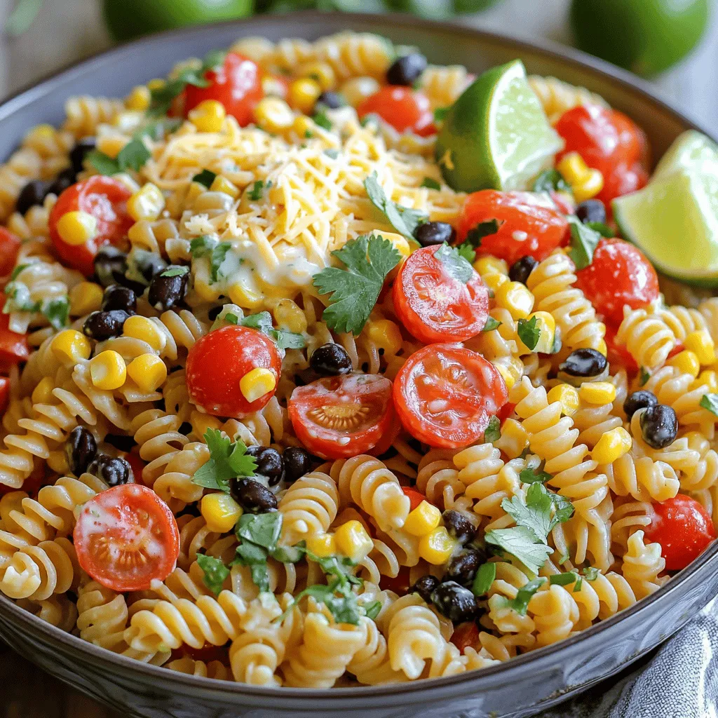 To make a tasty Cowboy Pasta Salad, you need fresh and simple ingredients. Here’s what to gather: - 8 oz (about 2 cups) rotini pasta - 1 cup cherry tomatoes, halved - 1 cup sweet corn, cooked (fresh or frozen) - 1 red bell pepper, diced - 1 cup black beans, rinsed and drained - 1/2 cup red onion, finely chopped - 1 cup shredded cheddar cheese - 1/2 cup cooked bacon, crumbled (optional) - 1/4 cup fresh cilantro, chopped - 1/4 cup ranch dressing - 2 tablespoons lime juice - Salt and pepper to taste Gathering these ingredients makes the salad colorful and fun. The rotini pasta serves as a great base. It holds the dressing well and adds a nice chew. Cherry tomatoes bring sweetness, while sweet corn adds crunch. The red bell pepper adds a nice pop of color and flavor. Black beans are not just tasty; they add protein too. Red onion gives a sharp bite that balances the flavors. Cheddar cheese adds creaminess, and bacon gives a smoky twist if you choose to use it. Fresh cilantro brightens the dish and adds a fresh herbal note. The ranch dressing and lime juice tie everything together. They add creaminess and a zesty kick. You can find the full recipe in the article, which guides you through the easy steps. This salad is perfect for summer gatherings. You’ll love how easy it is to make! To boil rotini pasta perfectly, fill a large pot with water. Add a pinch of salt and bring it to a boil. Once boiling, add the pasta. Stir it gently to prevent sticking. Cook according to the package instructions until it is al dente, about 8-10 minutes. I like to taste a piece to check if it’s just right. After cooking, drain the pasta in a colander. This will remove the hot water. Rinsing the pasta is key! Rinse it under cold water for about a minute. This stops the cooking process and cools it down quickly. It also helps the pasta not stick together later. In a large mixing bowl, combine the cooled rotini with the vegetables. This includes 1 cup of halved cherry tomatoes, 1 cup of sweet corn, 1 diced red bell pepper, 1 cup of rinsed black beans, and 1/2 cup of finely chopped red onion. If you like bacon, add 1/2 cup of crumbled cooked bacon too. Mix everything well. Next, let’s make the dressing. In a smaller bowl, whisk together 1/4 cup of ranch dressing and 2 tablespoons of lime juice. Add salt and pepper to taste. Pour this dressing over the pasta and vegetable mix. Toss it gently until everything is coated in that creamy goodness. Now, let’s bring it all together! Add 1 cup of shredded cheddar cheese and 1/4 cup of chopped fresh cilantro into the bowl. Toss all the ingredients again to mix well. Before serving, taste the salad. Adjust the seasoning. You can add more salt or pepper if needed. Cover the bowl and refrigerate for at least 30 minutes. This lets the flavors meld, making the salad even better. Enjoy this Cowboy Pasta Salad! It’s a fun and tasty summer dish. For detailed measurements and steps, check the Full Recipe. To make the perfect Cowboy Pasta Salad, cook your rotini pasta until it is al dente. Al dente means the pasta is firm yet tender. This texture holds up well in salads. Follow the package instructions for the best results. Once cooked, drain the pasta and rinse it with cold water. This stops the cooking process and cools the pasta down quickly. To prevent your pasta from sticking, add a splash of olive oil after rinsing. Toss it gently to coat each piece. This small step keeps the pasta from clumping together. Garnishing can elevate your Cowboy Pasta Salad. Try adding fresh cilantro on top for a burst of color. A sprinkle of shredded cheese adds texture and flavor. You can also serve lime wedges on the side. This adds a zesty touch that brightens the dish. For creative serving, use small mason jars or clear cups. Layer the ingredients for a fun, rustic look. This works well for picnics or potlucks. Cowboy Pasta Salad is great on warm days. It pairs well with grilled meats like chicken or steak. The flavors complement each other nicely. It also works as a side dish for barbecues or gatherings. This salad is perfect for summer parties, picnics, or family meals. The bright colors and fresh flavors make it a crowd-pleaser. Serve it chilled to keep it refreshing. You can make it ahead, and the flavors will blend beautifully. For the full recipe, make sure to check out the complete instructions! {{image_2}} You can swap out black beans for other beans. Chickpeas or kidney beans work well too. If you want a different flavor, try using cooked lentils. You can also change the veggies. If you don't like red bell pepper, use yellow or green. You can add cucumbers or avocado for extra crunch. If you want to keep it simple, skip the red onion. To add some heat, try jalapeños or red pepper flakes. You can also mix in hot sauce for a spicy kick. If you love bold flavors, add some smoked paprika or chipotle powder. Experiment with different dressings. While ranch is great, try Italian or chipotle dressing for a twist. You can even make your own dressing using olive oil and vinegar. If you want to make it vegetarian, leave out the bacon. You can add more veggies or nuts for protein. To make it vegan, swap ranch dressing for a vegan option. For gluten-free options, use gluten-free pasta made from rice or quinoa. There are many great choices that taste just as good. Enjoy your Cowboy Pasta Salad with these fun twists! To keep your Cowboy Pasta Salad fresh, store it in an airtight container. This method prevents air from making it soggy. You can keep it in the fridge for up to three days. After that, the flavors may fade. Yes, you can freeze Cowboy Pasta Salad! However, some ingredients like tomatoes and cheese may change in texture. To freeze, first, cool the salad completely. Then place it in a freezer-safe bag or container. Make sure to remove as much air as possible. It can last in the freezer for about three months. To enjoy your leftovers, thaw the salad in the fridge overnight. Once thawed, add a splash of ranch dressing and lime juice to freshen it up. This small adjustment revives the flavors nicely. Taste and add salt and pepper if needed. Enjoy your revitalized Cowboy Pasta Salad! For the full recipe, check out the complete details above. Cowboy Pasta Salad is a colorful and hearty dish. It blends pasta, beans, and fresh veggies. This dish has roots in Southwestern cuisine, reflecting bold flavors. It often features ranch dressing, which adds a creamy touch. The combination of textures and tastes makes it fun to eat. You can enjoy it as a side or a main dish. This salad is quick to make. It takes about 15 minutes to prep the ingredients. Cooking the pasta adds another 10 minutes. After mixing everything, let it chill for 30 minutes. In total, you need about 45 minutes from start to finish. This makes it great for a summer meal or potluck. Yes, you can make Cowboy Pasta Salad ahead of time. It actually tastes better after chilling. For meal prep, make it a day in advance. Just store it in an airtight container in the fridge. This allows the flavors to blend well. When you’re ready to serve, give it a quick toss. If needed, add a splash of lime juice or extra dressing to liven it up. For the full recipe, check out the details above. Cowboy Pasta Salad is a fun, colorful dish. We covered all the key steps. You learned about the ingredients, cooking tips, and serving ideas. I shared variations and storage tips to keep it fresh. Remember, you can make this salad your own with easy swaps. Enjoy it at picnics, barbecues, or as a quick meal. I hope you feel ready to make this tasty dish. Happy cooking!