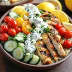 - 2 boneless, skinless chicken breasts - 1 cup cooked quinoa - 1 cup cherry tomatoes, halved - 1 cucumber, diced - 1 red bell pepper, chopped