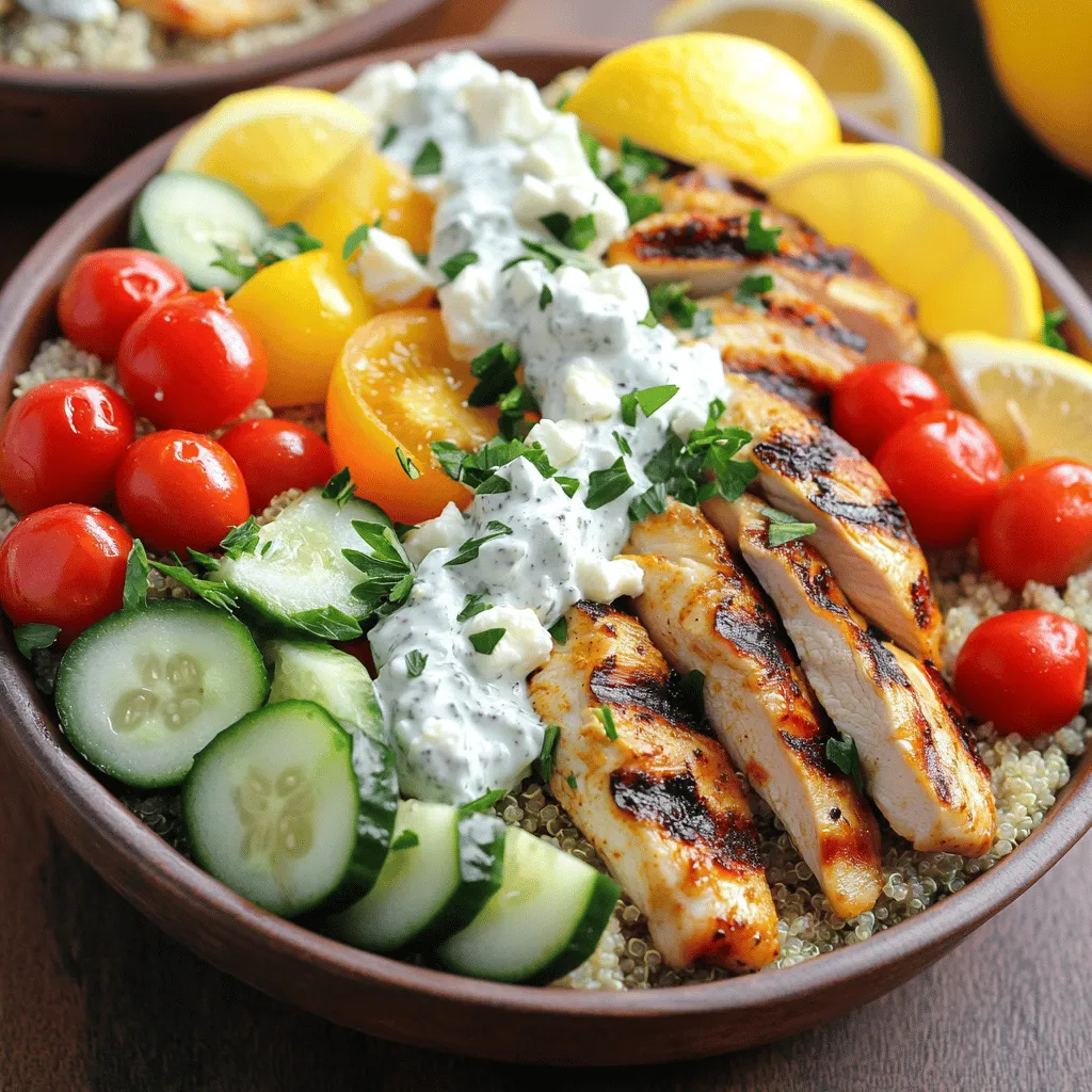 - 2 boneless, skinless chicken breasts - 1 cup cooked quinoa - 1 cup cherry tomatoes, halved - 1 cucumber, diced - 1 red bell pepper, chopped