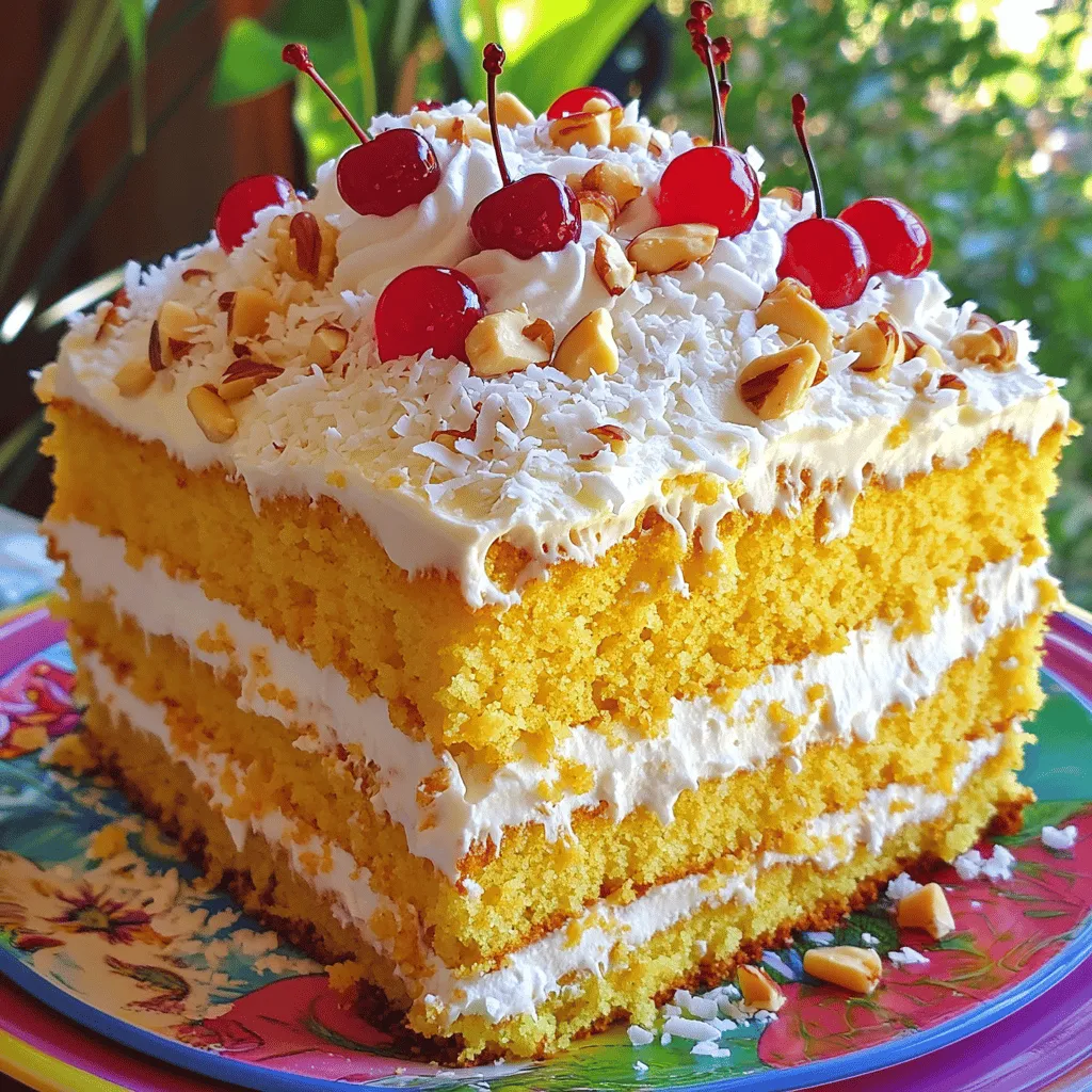 - 1 box yellow cake mix - 3 large eggs - 1/2 cup unsalted butter, melted - 1 cup coconut milk - 1 cup crushed pineapple, drained - 1 container (8 oz) whipped topping - 1/2 cup sweetened shredded coconut - 1/2 cup maraschino cherries, drained - 1/4 cup chopped macadamia nuts (optional) - 1 pack (3 oz) instant coconut cream pudding mix - 1/4 cup milk (for the jello) Gather these ingredients for a fun and tasty dessert. The yellow cake mix is the base. Eggs and melted butter add richness. Coconut milk gives the cake a tropical twist. Crushed pineapple adds sweetness and moisture. The whipped topping makes it creamy and light. Shredded coconut gives texture and a burst of flavor. Maraschino cherries add a pop of color and taste. Chopped macadamia nuts can add crunch if you like. Instant coconut cream pudding mix creates a smooth filling. Finally, milk helps the pudding mix come together. Check the Full Recipe for detailed steps to make this dessert. Enjoy your cooking! 1. Prep the oven and baking pan: Set your oven to 350°F (175°C). Grease and flour a 9x13-inch baking pan. This step helps prevent sticking. 2. Mixing the cake batter: In a large bowl, combine the yellow cake mix, eggs, melted butter, and coconut milk. Beat on medium speed for 2 minutes. This helps create a smooth batter. 3. Baking time and checking for doneness: Pour the batter into your prepared pan. Smooth it out with a spatula. Bake for 25 to 30 minutes. Check for doneness by inserting a toothpick. If it comes out clean, your cake is ready! 1. Cooling and poking the cake: After baking, remove the cake from the oven. Let it cool in the pan for 10 minutes. Use a wooden spoon handle to poke holes all over the cake, spaced about 2 inches apart. This allows the filling to soak in. 2. Preparing the pudding filling: In another bowl, mix the coconut cream pudding with 1/4 cup of milk. Whisk until it thickens. Stir in the crushed pineapple until well combined. 1. Filling the holes and chilling: Pour the pudding mixture over the cake, filling the holes. Use a spatula to spread it evenly. Cover the cake and place it in the fridge for at least 2 hours. This helps the flavors meld and the cake to set. 2. Topping with whipped cream and garnishes: After chilling, spread the whipped topping over the cake. Sprinkle shredded coconut on top. Add maraschino cherries and chopped macadamia nuts if you like. Now you have a stunning Tropical Paradise Poke Cake to enjoy! For the full recipe, check the section above. To make your poke cake moist and flavorful, always use the right ingredients. Choose a quality cake mix for the best taste. I like to add a little more liquid, like coconut milk, for extra moisture. This keeps your cake from being dry. For a fluffier texture, mix the cake batter well but do not overdo it. Beat it for about two minutes. This helps to incorporate air and gives your cake that lightness. Let the batter rest for a few minutes before baking. This helps the bubbles settle and makes the cake rise better. There are many fun ways to serve poke cake. Cut it into squares and place each piece on a colorful plate. You can add a slice of fresh pineapple or a cherry on top for flair. This makes it look more inviting and tasty. For presentation, consider adding a drizzle of chocolate or caramel sauce. This adds flavor and makes the dish pop! You can also sprinkle some extra shredded coconut on top for a tropical touch. With these tips, you'll create a poke cake that looks and tastes amazing. For the complete recipe, check out the Full Recipe section. {{image_2}} You can play with flavors in poke cakes. Here are some fun options: - Chocolate Poke Cake: Use chocolate cake mix instead. After baking, poke holes and fill with chocolate pudding. Top with whipped cream and chocolate shavings for a treat. - Strawberry Poke Cake: Swap yellow cake mix for strawberry. Fill the holes with strawberry jello and fresh strawberries. Top with whipped cream for a fruity delight. - Lemon Poke Cake: Choose lemon cake mix for a zesty twist. Fill with lemon pudding and a splash of lemon juice. Garnish with lemon zest for a bright finish. You can make poke cakes fit special diets too. - Gluten-free adaptations: Use gluten-free cake mix. Ensure all other ingredients are gluten-free. This way, everyone can enjoy a slice. - Vegan modifications: Replace eggs with flax eggs. Use almond milk instead of cow's milk. Choose a vegan whipped topping for a delicious vegan poke cake. These variations help you create flavors everyone will love. Check out the Full Recipe for more ideas! To keep your poke cake fresh, refrigeration works best. - Wrap it tightly: Use plastic wrap or aluminum foil to cover the cake. This keeps it moist and prevents odors. - Use an airtight container: If you have one, store the cake in a container. This can help keep it fresh longer. For freezing, follow these simple steps: - Cool the cake completely: Make sure it’s at room temperature. - Slice it: Cut it into squares for easy serving later. - Wrap each piece: Use plastic wrap, then place it in a freezer bag. Remove as much air as possible. How long does poke cake last? - In the fridge, it lasts about 3 to 5 days. - In the freezer, it can last up to 3 months. Signs of spoilage to watch for include: - Dry texture: If the cake feels dry, it may not taste good. - Off smell: If it smells strange, it’s best to throw it out. - Mold: Any sign of mold means it’s time to say goodbye. Following these tips will help you enjoy your tropical paradise poke cake longer! For the full recipe, check back to create this tasty treat. A poke cake is a dessert where you poke holes in a baked cake. Then, you soak it with a flavored liquid. This method makes the cake moist and full of flavor. It’s usually topped with whipped cream or frosting. Poke cakes are easy to make and fun to eat. Yes, you can use any flavor cake mix you like. Chocolate, vanilla, or even red velvet works well. Each flavor can change the taste of your poke cake. Feel free to mix and match flavors for fun combinations. I recommend chilling the poke cake for at least 2 hours. This allows the flavors to blend and the cake to set. The longer you chill it, the better it tastes. For best results, prepare it the day before. While whipped topping adds a creamy texture, it’s not a must. You can use whipped cream or even a frosting instead. If you prefer a healthier option, you can skip it altogether. The cake will still be tasty without it. Absolutely! Poke cakes are perfect for making ahead. You can bake it a day or two before your event. Just make sure to cover it well in the fridge. It will stay fresh and delicious for days. Check out the Full Recipe for a tasty option! This blog post covered everything you need for a Tropical Paradise Poke Cake. We looked at the key ingredients, step-by-step instructions, and tips for making it extra delicious. You learned various ways to serve and store your cake. In my view, this poke cake is a fun and tasty treat. Try it out with friends or at your next gathering. Enjoy every bite!