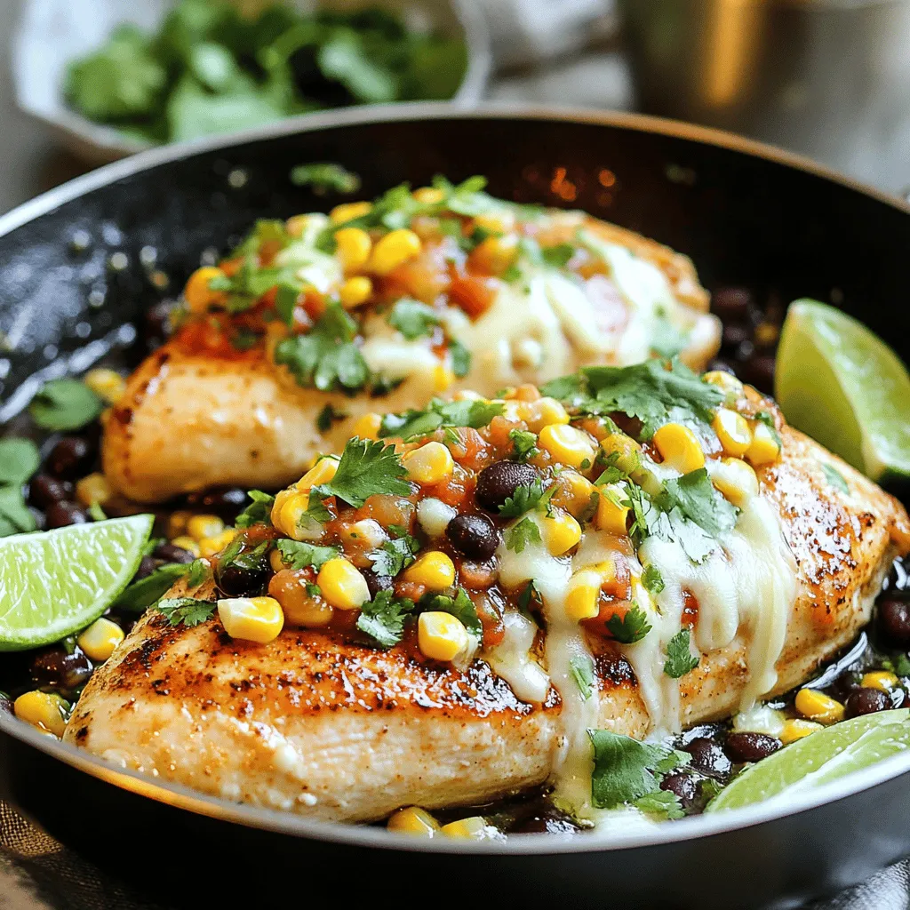 - 4 boneless, skinless chicken breasts - 1 cup fresh salsa (store-bought or homemade) - 1 cup corn (frozen and thawed or fresh) - 1 cup black beans, drained and rinsed - 1 teaspoon cumin - 1 teaspoon chili powder - 1 tablespoon olive oil - 1 cup shredded Monterey Jack cheese - Fresh cilantro for garnish - Salt and pepper to taste - Lime wedges for serving - Additions like avocado or jalapeños - Suggested spices for added flavor - Alternatives for chicken include tofu or fish - Variations for homemade salsa can include tomatoes or peppers Each ingredient in this recipe brings unique flavors and textures. The chicken serves as a hearty base. The fresh salsa adds brightness and zest. Corn provides sweetness, while black beans add protein and fiber. Cumin and chili powder give depth to the dish. Olive oil helps with cooking and flavor. Monterey Jack cheese melts beautifully, adding creaminess. Fresh cilantro brightens the dish, and lime wedges offer a fresh kick. If you're feeling adventurous, consider adding avocado for creaminess or jalapeños for heat. You can swap the chicken for tofu or fish if you want a different protein. You can also make homemade salsa with fresh tomatoes and peppers for a unique twist. Using these ingredients wisely will create a meal that feels special. Explore different combinations to find what you love best. If you want to see the complete list, check out the Full Recipe. First, grab a large bowl for your salsa mixture. Add these ingredients: - 1 cup fresh salsa - 1 cup corn - 1 cup black beans - 1 teaspoon cumin - 1 teaspoon chili powder - Salt and pepper to taste Mix all these together. Use a spoon to combine everything well. Check the taste. Adjust the salt and pepper as needed. This mixture should be fresh and zesty. Next, heat your olive oil in a large oven-safe skillet over medium-high heat. Make sure the oil is hot, but not smoking. Season each chicken breast with salt and pepper. Place the chicken in the skillet. Sear each side for about 4-5 minutes. Look for a golden-brown color. This means your chicken is seared just right. Once the chicken is seared, pour the salsa mixture over it. Make sure to cover each piece well. Sprinkle 1 cup of shredded Monterey Jack cheese on top. Preheat your oven to 375°F (190°C) and transfer the skillet inside. Bake for about 20-25 minutes. Use a meat thermometer to check. The chicken should reach 165°F (74°C) for safe eating. Let it rest for 5 minutes before serving. Try this full recipe for a simple and tasty dinner. To avoid stickiness in the pan, use a hot skillet. Heat the olive oil before adding the chicken. If the chicken sticks, it may need more time to sear. Wait for a golden crust to form before flipping. For even browning, don’t overcrowd the pan. Cook in batches if needed. This method helps the chicken cook evenly and develop a nice color. For cheese, Monterey Jack works well, but you can try others. Cheddar adds a sharp taste, while pepper jack gives a kick. To melt cheese perfectly, ensure it’s evenly spread and not piled high. Cover the skillet with a lid for a few minutes. This traps heat and helps the cheese melt smoothly. Pair Salsa Fresca Chicken with rice or warm tortillas for a full meal. Cilantro adds a fresh touch. Squeeze lime over the top for brightness. A side salad can add crunch and balance. For presentation, serve the chicken on a colorful plate. Add lime wedges and a sprinkle of cilantro for visual appeal. {{image_2}} You can easily spice up Salsa Fresca Chicken. If you like heat, add chopped jalapeños or a dash of hot sauce. For a smoky flavor, try adding chipotle peppers. You can also play with spices. A bit of smoked paprika brings a nice depth. For a Tex-Mex twist, use taco seasoning instead of cumin and chili powder. For a Southwest flair, add roasted red peppers and black olives in the salsa mix. Each change gives a new taste. This dish can fit many diets. To make it gluten-free, simply check your salsa and spices. Most are naturally gluten-free. You can use corn tortillas instead of flour ones for serving. If you want a vegan version, swap chicken for grilled tofu or tempeh. Use a vegan cheese alternative to keep it creamy. A hearty plant-based meal can be just as tasty. Leftovers are a chance for creativity. You can turn extra Salsa Fresca Chicken into tacos. Just shred the chicken and add it to corn tortillas with fresh toppings. Another idea is to make a salad. Toss the chicken with greens, avocado, and a lime dressing for a fresh meal. You can even mix it into a rice bowl with veggies for a quick lunch. To keep your Salsa Fresca Chicken fresh, store it in an airtight container. Place it in the fridge within two hours of cooking. It stays good for three to four days. For longer storage, freeze it in a freezer-safe bag. It can last up to three months in the freezer. When reheating, use the oven for the best taste. Preheat your oven to 350°F (175°C). Place the chicken in an oven-safe dish and cover it with foil. Heat for about 20 minutes or until warm. To keep the chicken moist, add a splash of chicken broth before reheating. Prepare the salsa and chicken in advance for easy dinners. You can chop the veggies and mix the salsa a day ahead. Store them separately in the fridge. For batch cooking, make double the chicken and freeze half for later. This way, you have an easy meal ready to go. To check if the chicken is done, use a meat thermometer. The inside should reach 165°F (74°C). This ensures it's safe to eat. Signs of overcooking include dry, tough chicken. Undercooked chicken looks pink and feels soft. Always check to be safe! Yes, you can use frozen chicken breasts. Just remember they need a bit more time to cook. If cooking from frozen, add about 10-15 minutes to the baking time. You can also thaw chicken in the fridge overnight for faster cooking. For a complete meal, serve Salsa Fresca Chicken with rice or warm tortillas. You can also pair it with a fresh salad. A simple green salad or a corn salad works well too. Salsa Fresca Chicken has roots in Mexican cuisine. This dish uses fresh salsa, a staple in many Mexican meals. It highlights the use of fresh ingredients. The dish celebrates the vibrant flavors of the culture, making it a favorite for many! This blog covered a simple and tasty Salsa Fresca Chicken recipe. You learned about the essential ingredients, including chicken, salsa, corn, and spices. I shared tips on cooking methods, storage, and even how to use leftovers. You can also explore variations to make it your own. In conclusion, this dish is versatile and easy to prepare. Whether you're cooking for a family dinner or meal prep, it delivers flavor and nutrition. Enjoy creating this meal and feel free to experiment with your favorites!