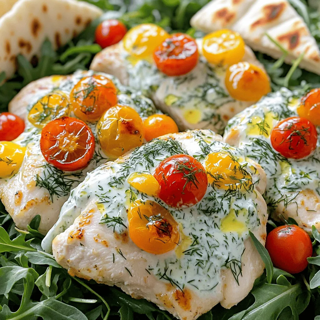 - 4 boneless, skinless chicken breasts - 1 cup Greek yogurt - ½ cup cucumber, finely grated and excess water squeezed out - 2 cloves garlic, minced - 1 tablespoon fresh dill, chopped (or 1 teaspoon dried) - 1 tablespoon lemon juice - 1 teaspoon olive oil - ½ teaspoon salt - ¼ teaspoon black pepper - 1 teaspoon smoked paprika - 1 cup cherry tomatoes, halved - Fresh greens (like arugula or spinach) for serving - Pita bread or rice, for serving Greek yogurt is the star of this dish. It gives a creamy base and tangy taste. The cucumber adds freshness, while the garlic brings a strong flavor. Fresh dill adds a bright, herbal note, making it more exciting. Lemon juice helps to balance the richness. Olive oil adds a nice smoothness to the sauce. Smoked paprika gives a warm depth to the chicken, enhancing its flavor. Cherry tomatoes provide a sweet burst, making everything better. If you can’t find Greek yogurt, plain yogurt works too. You can swap chicken breasts for thighs if you prefer dark meat. Don’t have dill? Try parsley or mint for a different taste. If you want a less strong flavor, skip the garlic or use garlic powder. You can replace cherry tomatoes with bell peppers for a different texture. Start by preheating your oven to 375°F (190°C). This helps cook the chicken evenly. Next, in a medium bowl, mix the Greek yogurt, grated cucumber, minced garlic, dill, lemon juice, olive oil, salt, and black pepper. This mixture becomes your Tzatziki sauce. Remember to set aside half for drizzling later. Now, take a large baking dish and place the boneless, skinless chicken breasts inside. Rub each piece with smoked paprika for extra flavor. This spice adds a nice smokiness to the dish. Pour the remaining Tzatziki sauce over the chicken, covering it well. This ensures the chicken stays moist while cooking. Scatter halved cherry tomatoes around the chicken for sweetness and color. Cover the dish tightly with aluminum foil. This keeps the moisture in, making the chicken tender. Bake in the preheated oven for about 25 to 30 minutes. Check that the chicken reaches an internal temperature of 165°F (75°C). Once done, remove the foil and bake for another 5 to 10 minutes. This step gives the chicken a lovely golden color. After baking, let the dish cool for a few minutes. This helps the juices settle, making it easier to serve. To serve, place the chicken over a bed of fresh greens, like arugula or spinach. Drizzle the reserved Tzatziki sauce on top for added flavor. It adds a creamy touch that pairs perfectly with the chicken. You can also serve this dish with pita bread or rice on the side. Both options soak up the delicious sauce well. Enjoy your Dump-and-Bake Chicken Tzatziki! To make your Dump-and-Bake Chicken Tzatziki pop, add fresh herbs. Fresh dill works great, but you can also use parsley or mint. A splash of lemon juice brightens the dish too. If you crave heat, sprinkle in some red pepper flakes. For a touch of sweetness, add some honey to the Tzatziki sauce. This makes it more complex and yummy. The oven should be set to 375°F (190°C) for best results. If you want a faster cook, raise the temperature to 400°F (200°C). Just keep an eye on the chicken to avoid overcooking. If you use thick chicken breasts, you may need a bit more time. Always check that the chicken reaches 165°F. This keeps your meal safe and delicious. One mistake is not seasoning the chicken well. Always rub spices on each piece for depth. Another common error is overcooking. Use a meat thermometer to check the temperature. Lastly, don’t skip the foil. Covering the dish helps keep the chicken juicy. These tips will ensure your meal is a hit! For the complete recipe, refer to [Full Recipe]. {{image_2}} You can switch the chicken for other meats. Try using turkey breast or pork tenderloin. Both cook well and soak up the Tzatziki sauce. If you prefer, you can use fish. Salmon or tilapia works great. Just adjust cooking times. Fish cooks faster, so check it around 20 minutes. For a vegetarian twist, use tofu or tempeh. Press tofu to remove moisture, then cube it. Marinate it in Tzatziki sauce before baking. For a vegan option, use chickpeas instead of chicken. Toss them in the same sauce and bake until golden. Both options give you a tasty meal. You can get creative with sauces. Try a spicy harissa if you want heat. A lemon tahini sauce can add creaminess. Use pesto for a fresh herb taste. Each sauce brings a new flavor to the dish. Feel free to mix and match sauces to find your favorite blend. After making Dump-and-Bake Chicken Tzatziki, let it cool. Place leftovers in an airtight container. Store it in the fridge for up to three days. The chicken stays juicy, and the tzatziki flavors blend nicely. When ready to eat, check for any off smells or visible changes before serving. To freeze, allow the dish to cool completely. Transfer it to a freezer-safe container. You can keep it frozen for up to three months. Make sure to label the container with the date. For best results, freeze the chicken and tzatziki sauce separately. This helps maintain texture and flavor. To reheat, thaw in the fridge overnight if frozen. You can use the oven or microwave. For the oven, preheat to 350°F (175°C). Place the chicken in a baking dish, cover with foil, and heat for about 20 minutes. If using the microwave, heat in short bursts, stirring occasionally. Ensure the chicken reaches 165°F (75°C) before serving again. Enjoy it warm with fresh greens and pita bread or rice. Yes, you can use chicken thighs instead of breasts. Chicken thighs have more fat, which makes them juicy and flavorful. They also cook well in this dish. Just remember to check the cooking time. Thighs may take a bit longer than breasts. You want the internal temperature to reach 165°F (75°C). Making tzatziki sauce ahead is a great idea! Simply mix all the tzatziki ingredients in a bowl. Cover it with plastic wrap and store it in the fridge. You can make it up to a day in advance. The flavors will blend nicely if you let it sit. Just remember to save some for drizzling later when you serve. You have many choices for sides! Fresh greens like arugula or spinach work well. They add a nice crunch and color. You can also serve warm pita bread or fluffy rice. Both complement the chicken and tzatziki sauce perfectly. Try adding a simple salad for extra freshness. This article covered key ingredients, clear steps, and useful tips for your dish. You learned about ingredient options and tricks to avoid mistakes. Variations make your meals exciting, while storage tips keep leftovers fresh. Always consider different proteins and sauces to suit your taste. Now, you have the tools to create a delicious meal with ease. Enjoy cooking and exploring flavors that excite your palate.