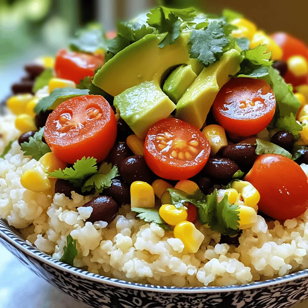 For a colorful and healthy bowl, you'll need fresh produce. Gather these ingredients: - 1 medium head of cauliflower, riced - 1 cup black beans, rinsed and drained - 1 cup corn (fresh, frozen, or canned) - 1 red bell pepper, diced - 1 avocado, diced - 1 cup cherry tomatoes, halved - Fresh cilantro, chopped, for garnish - 1 lime, juiced