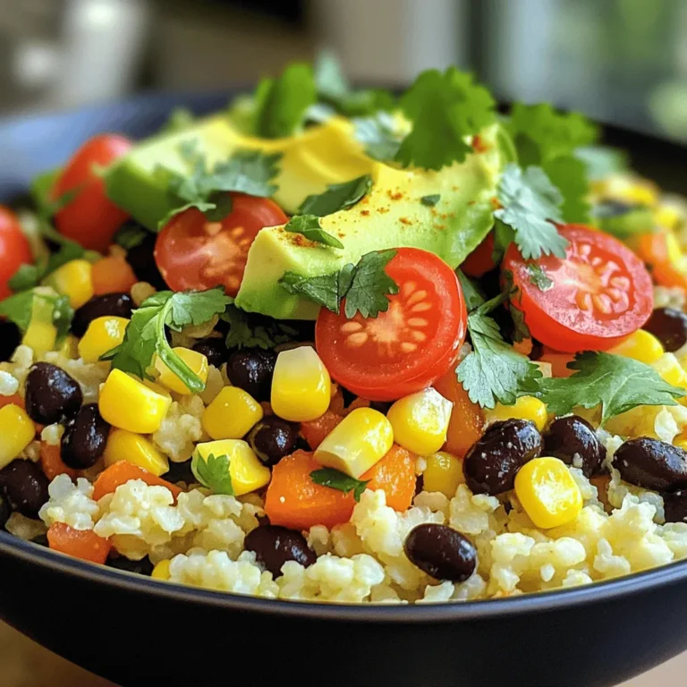 For a colorful and healthy bowl, you'll need fresh produce. Gather these ingredients: - 1 medium head of cauliflower, riced - 1 cup black beans, rinsed and drained - 1 cup corn (fresh, frozen, or canned) - 1 red bell pepper, diced - 1 avocado, diced - 1 cup cherry tomatoes, halved - Fresh cilantro, chopped, for garnish - 1 lime, juiced