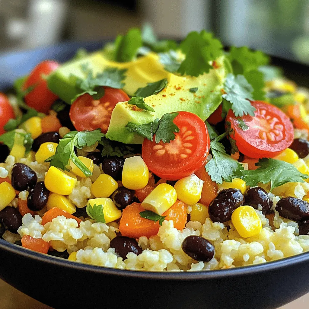 For a colorful and healthy bowl, you'll need fresh produce. Gather these ingredients: - 1 medium head of cauliflower, riced - 1 cup black beans, rinsed and drained - 1 cup corn (fresh, frozen, or canned) - 1 red bell pepper, diced - 1 avocado, diced - 1 cup cherry tomatoes, halved - Fresh cilantro, chopped, for garnish - 1 lime, juiced