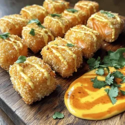 To make crispy Bang Bang salmon bites, you need a few key items. Here’s what you’ll need: - 1 lb salmon fillet, skinless and diced into bite-sized pieces - 1 cup panko breadcrumbs - ½ cup all-purpose flour - 2 large eggs, beaten - Oil for frying (vegetable or canola) The right seasonings make all the difference. For this recipe, use: - 1 teaspoon garlic powder - 1 teaspoon paprika - ½ teaspoon salt - ¼ teaspoon black pepper These spices create a flavorful crust that enhances the salmon. The Bang Bang sauce adds a tasty kick. Gather these ingredients: - ⅓ cup mayonnaise - 2 tablespoons sweet chili sauce - 1 tablespoon sriracha (adjust for heat preference) - 1 teaspoon lime juice - Fresh cilantro, chopped (for garnish) Mixing these ingredients gives you a creamy, spicy, and tangy sauce. It pairs perfectly with the crispy salmon bites. For the full recipe, check the details above. Start with a fresh salmon fillet. Cut it into bite-sized pieces. Make sure to remove the skin. Dry the salmon with paper towels. This helps them get crispy when cooked. Patting them dry is key to a great texture. Set up your breading station. In one bowl, mix the flour with garlic powder, paprika, salt, and black pepper. This gives the salmon a nice flavor. In another bowl, beat the two eggs. In a third bowl, spread out the panko breadcrumbs. This is what gives your bites that crunchy finish. To coat the salmon, take a piece and dip it in the flour mixture. Then, move it to the egg and coat it well. Finally, roll it in the panko breadcrumbs. Make sure each piece is fully covered. Repeat this for all the salmon pieces. Heat oil in a deep skillet or frying pan. You want about half an inch of oil. Heat it over medium-high heat until it shimmers. This means it’s hot enough to fry. Carefully add the salmon bites to the oil. Don’t overcrowd the pan; this keeps them crispy. Fry each side for about 3-4 minutes. You want them golden brown and crispy. Use a slotted spoon to take them out. Place them on paper towels to drain extra oil. Grab a small bowl for the sauce. Combine mayonnaise, sweet chili sauce, sriracha, and lime juice. Mix all the ingredients until smooth and creamy. This sauce adds a kick and balances the flavors of the salmon bites. Arrange the crispy salmon bites on a serving platter. Drizzle the Bang Bang sauce over them or serve it on the side. For an extra touch, sprinkle some chopped cilantro on top. This adds freshness and looks great. For the full recipe, check the details above. To make your salmon bites super crispy, follow these steps. First, dry the salmon well with paper towels. Any moisture can make them soggy. Second, use panko breadcrumbs. They are lighter and crispier than regular breadcrumbs. When frying, ensure the oil is hot. If the oil is too cool, the bites will absorb oil and become greasy. A good temperature is around 350°F (175°C). Fry in small batches. This helps keep the oil hot and the bites crispy. One common mistake is overcrowding the pan. If too many salmon bites are in the oil, they won’t fry evenly. Also, don’t skip the breading steps. Each layer adds flavor and crunch. Missing any step can make the bites less crispy. Another issue is not letting the oil heat enough. Always wait until it shimmers before adding the salmon. Finally, avoid turning the bites too soon. Let them develop a golden crust before flipping. For frying, use a deep skillet or a heavy pan. These can hold the oil temperature better. A slotted spoon is great for removing the bites once cooked. It lets excess oil drain off easily. Consider using a thermometer to check the oil temperature. This tool helps you avoid guesswork. If you want to prepare the Bang Bang sauce, a small bowl and whisk are all you need. This simple setup makes cooking fun and easy! Try making these crispy Bang Bang salmon bites at home. You will love how easy and tasty they are! For the full recipe, check the earlier section. {{image_2}} You can switch up the salmon for shrimp or chicken. Both options work well and taste great. If you want a plant-based dish, try using tofu. Make sure to press it to remove excess moisture. For a twist, add some grated cheese to the panko. This gives a nice flavor and crisp. For a lighter version, bake instead of frying. Brush the salmon bites with olive oil and bake at 400°F for about 15 minutes. You can also use whole wheat flour and breadcrumbs for added fiber. To cut calories, use Greek yogurt in place of mayonnaise in the sauce. It still tastes creamy and delicious. You can easily adjust the heat of the Bang Bang sauce. For a mild version, use less sriracha. You can even skip it altogether if you want. If you love spice, add more sriracha or a pinch of cayenne pepper. A dash of fresh lime juice brightens the sauce too. This simple change makes it even tastier. For the full recipe, check the earlier section for details. To keep your crispy Bang Bang salmon bites fresh, store them in an airtight container. Lay a paper towel at the bottom to absorb moisture. This helps keep the bites crispy. Place the container in the fridge. They will last for up to 2 days. If you have more leftovers, consider freezing them. When you want to enjoy the salmon bites again, reheating is key. Preheat your oven to 350°F (175°C). Place the salmon bites on a baking sheet. Bake for about 10-15 minutes. This method keeps them crispy. You can also use an air fryer. Set it to 350°F (175°C) and heat for around 5-7 minutes. To freeze salmon bites, let them cool completely first. Arrange them in a single layer on a baking sheet. Freeze until solid, then transfer them to a freezer-safe bag. Remove as much air as possible. They can stay frozen for up to 2 months. When ready to eat, thaw in the fridge overnight before reheating. The best salmon for this dish is wild-caught salmon. It has great flavor and a firm texture. You can use sockeye or king salmon. Both types work well for crispy bites. Farmed salmon can be used too, but may be less flavorful. Yes, you can bake the salmon bites. Preheat your oven to 425°F (220°C). Place the breaded bites on a baking sheet lined with parchment paper. Bake for 12-15 minutes until they are golden and crispy. Spray a little oil on top for extra crispiness. To kick up the heat, add more sriracha to your Bang Bang sauce. You can also mix in a pinch of cayenne pepper or red pepper flakes. Start with a small amount, then adjust to taste. This way, you can find the perfect heat level for you. Absolutely! Use gluten-free flour, like almond flour or rice flour. For breadcrumbs, try gluten-free panko or crushed gluten-free crackers. These swaps keep the recipe safe for those avoiding gluten while still tasting great. These bites pair well with many sides. You can serve them with a fresh salad or steamed veggies. Try them with rice or quinoa for a hearty meal. For a fun twist, serve with sweet potato fries or a dipping sauce like extra Bang Bang sauce. This blog post covered all you need to know about making crispy Bang Bang salmon bites. We explored ingredients, step-by-step instructions, and tips for perfect results. I shared serving ideas and variations to keep things fresh. Remember to store leftovers properly for future enjoyment. Now you can impress friends and family with this tasty dish. Enjoy the cooking adventure and the delicious bites!