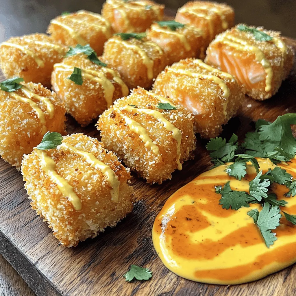To make crispy Bang Bang salmon bites, you need a few key items. Here’s what you’ll need: - 1 lb salmon fillet, skinless and diced into bite-sized pieces - 1 cup panko breadcrumbs - ½ cup all-purpose flour - 2 large eggs, beaten - Oil for frying (vegetable or canola) The right seasonings make all the difference. For this recipe, use: - 1 teaspoon garlic powder - 1 teaspoon paprika - ½ teaspoon salt - ¼ teaspoon black pepper These spices create a flavorful crust that enhances the salmon. The Bang Bang sauce adds a tasty kick. Gather these ingredients: - ⅓ cup mayonnaise - 2 tablespoons sweet chili sauce - 1 tablespoon sriracha (adjust for heat preference) - 1 teaspoon lime juice - Fresh cilantro, chopped (for garnish) Mixing these ingredients gives you a creamy, spicy, and tangy sauce. It pairs perfectly with the crispy salmon bites. For the full recipe, check the details above. Start with a fresh salmon fillet. Cut it into bite-sized pieces. Make sure to remove the skin. Dry the salmon with paper towels. This helps them get crispy when cooked. Patting them dry is key to a great texture. Set up your breading station. In one bowl, mix the flour with garlic powder, paprika, salt, and black pepper. This gives the salmon a nice flavor. In another bowl, beat the two eggs. In a third bowl, spread out the panko breadcrumbs. This is what gives your bites that crunchy finish. To coat the salmon, take a piece and dip it in the flour mixture. Then, move it to the egg and coat it well. Finally, roll it in the panko breadcrumbs. Make sure each piece is fully covered. Repeat this for all the salmon pieces. Heat oil in a deep skillet or frying pan. You want about half an inch of oil. Heat it over medium-high heat until it shimmers. This means it’s hot enough to fry. Carefully add the salmon bites to the oil. Don’t overcrowd the pan; this keeps them crispy. Fry each side for about 3-4 minutes. You want them golden brown and crispy. Use a slotted spoon to take them out. Place them on paper towels to drain extra oil. Grab a small bowl for the sauce. Combine mayonnaise, sweet chili sauce, sriracha, and lime juice. Mix all the ingredients until smooth and creamy. This sauce adds a kick and balances the flavors of the salmon bites. Arrange the crispy salmon bites on a serving platter. Drizzle the Bang Bang sauce over them or serve it on the side. For an extra touch, sprinkle some chopped cilantro on top. This adds freshness and looks great. For the full recipe, check the details above. To make your salmon bites super crispy, follow these steps. First, dry the salmon well with paper towels. Any moisture can make them soggy. Second, use panko breadcrumbs. They are lighter and crispier than regular breadcrumbs. When frying, ensure the oil is hot. If the oil is too cool, the bites will absorb oil and become greasy. A good temperature is around 350°F (175°C). Fry in small batches. This helps keep the oil hot and the bites crispy. One common mistake is overcrowding the pan. If too many salmon bites are in the oil, they won’t fry evenly. Also, don’t skip the breading steps. Each layer adds flavor and crunch. Missing any step can make the bites less crispy. Another issue is not letting the oil heat enough. Always wait until it shimmers before adding the salmon. Finally, avoid turning the bites too soon. Let them develop a golden crust before flipping. For frying, use a deep skillet or a heavy pan. These can hold the oil temperature better. A slotted spoon is great for removing the bites once cooked. It lets excess oil drain off easily. Consider using a thermometer to check the oil temperature. This tool helps you avoid guesswork. If you want to prepare the Bang Bang sauce, a small bowl and whisk are all you need. This simple setup makes cooking fun and easy! Try making these crispy Bang Bang salmon bites at home. You will love how easy and tasty they are! For the full recipe, check the earlier section. {{image_2}} You can switch up the salmon for shrimp or chicken. Both options work well and taste great. If you want a plant-based dish, try using tofu. Make sure to press it to remove excess moisture. For a twist, add some grated cheese to the panko. This gives a nice flavor and crisp. For a lighter version, bake instead of frying. Brush the salmon bites with olive oil and bake at 400°F for about 15 minutes. You can also use whole wheat flour and breadcrumbs for added fiber. To cut calories, use Greek yogurt in place of mayonnaise in the sauce. It still tastes creamy and delicious. You can easily adjust the heat of the Bang Bang sauce. For a mild version, use less sriracha. You can even skip it altogether if you want. If you love spice, add more sriracha or a pinch of cayenne pepper. A dash of fresh lime juice brightens the sauce too. This simple change makes it even tastier. For the full recipe, check the earlier section for details. To keep your crispy Bang Bang salmon bites fresh, store them in an airtight container. Lay a paper towel at the bottom to absorb moisture. This helps keep the bites crispy. Place the container in the fridge. They will last for up to 2 days. If you have more leftovers, consider freezing them. When you want to enjoy the salmon bites again, reheating is key. Preheat your oven to 350°F (175°C). Place the salmon bites on a baking sheet. Bake for about 10-15 minutes. This method keeps them crispy. You can also use an air fryer. Set it to 350°F (175°C) and heat for around 5-7 minutes. To freeze salmon bites, let them cool completely first. Arrange them in a single layer on a baking sheet. Freeze until solid, then transfer them to a freezer-safe bag. Remove as much air as possible. They can stay frozen for up to 2 months. When ready to eat, thaw in the fridge overnight before reheating. The best salmon for this dish is wild-caught salmon. It has great flavor and a firm texture. You can use sockeye or king salmon. Both types work well for crispy bites. Farmed salmon can be used too, but may be less flavorful. Yes, you can bake the salmon bites. Preheat your oven to 425°F (220°C). Place the breaded bites on a baking sheet lined with parchment paper. Bake for 12-15 minutes until they are golden and crispy. Spray a little oil on top for extra crispiness. To kick up the heat, add more sriracha to your Bang Bang sauce. You can also mix in a pinch of cayenne pepper or red pepper flakes. Start with a small amount, then adjust to taste. This way, you can find the perfect heat level for you. Absolutely! Use gluten-free flour, like almond flour or rice flour. For breadcrumbs, try gluten-free panko or crushed gluten-free crackers. These swaps keep the recipe safe for those avoiding gluten while still tasting great. These bites pair well with many sides. You can serve them with a fresh salad or steamed veggies. Try them with rice or quinoa for a hearty meal. For a fun twist, serve with sweet potato fries or a dipping sauce like extra Bang Bang sauce. This blog post covered all you need to know about making crispy Bang Bang salmon bites. We explored ingredients, step-by-step instructions, and tips for perfect results. I shared serving ideas and variations to keep things fresh. Remember to store leftovers properly for future enjoyment. Now you can impress friends and family with this tasty dish. Enjoy the cooking adventure and the delicious bites!