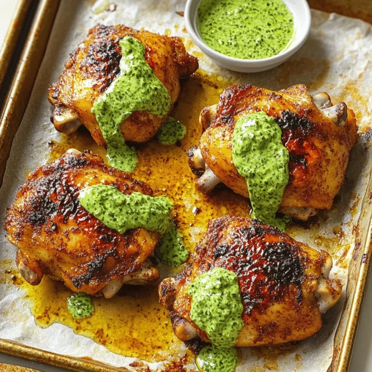 - 4 bone-in, skin-on chicken thighs - 2 tablespoons olive oil - 2 teaspoons cumin - 2 teaspoons paprika - 1 teaspoon garlic powder - 1 teaspoon onion powder - Salt and pepper to taste The chicken thighs are key to this dish. The skin adds flavor and keeps the meat juicy. I use olive oil for its rich taste and health benefits. Cumin and paprika give the chicken a warm, earthy flavor. Garlic and onion powder add depth. Don't forget the salt and pepper; they help all the other flavors shine. - 1 cup fresh cilantro leaves - 1/2 cup mayonnaise - 1/4 cup Greek yogurt - 1 jalapeño, seeded and roughly chopped - 2 tablespoons lime juice - 1 garlic clove, minced - Salt to taste The green sauce is what makes this dish special. The cilantro brings freshness, while mayonnaise and Greek yogurt add creaminess. A jalapeño gives it a kick, but you can adjust this to your taste. Lime juice brightens the flavors. The garlic adds zest, and salt pulls it all together. - Pair with Peruvian side dishes - Side options for a complete meal - Recommended beverages Serve this chicken with classic Peruvian sides. Think about rice, beans, or roasted veggies. You can even include a fresh salad. For drinks, a light beer or a fruity cocktail pairs well. The goal is to balance the rich chicken and sauce with lighter flavors. This way, every bite stays exciting. For the full recipe, check out the detailed steps above. To start, you need to prepare the marinade. In a bowl, mix 2 tablespoons of olive oil, 2 teaspoons of cumin, 2 teaspoons of paprika, 1 teaspoon of garlic powder, 1 teaspoon of onion powder, salt, and pepper. This mix adds great flavor. Next, coat the chicken well. Place the 4 chicken thighs in the marinade. Massage it into the meat to ensure every part is covered. This helps the chicken soak up the flavors. For the best taste, marinate for at least 1 hour. If you have time, let it sit overnight. The longer it marinates, the better it tastes. Now, let’s make the green sauce. In a food processor, combine 1 cup of fresh cilantro leaves, ½ cup of mayonnaise, ¼ cup of Greek yogurt, 1 seeded jalapeño, 2 tablespoons of lime juice, and 1 minced garlic clove. Blend until it’s smooth and creamy. Taste it and adjust the flavor. Add more salt or lime juice to enhance it. Refrigerate the sauce until you're ready to serve. This helps the flavors meld together. Preheat your oven to 425°F (220°C). This high heat gives the chicken a crispy skin. Place the marinated chicken thighs on a baking sheet lined with parchment paper. Make sure the skin side is up. Bake for 35-40 minutes. To check doneness, use a meat thermometer. The chicken should reach an internal temperature of 165°F (75°C). If you don't have a thermometer, check that the juices run clear. Enjoy the cooking process! This Peruvian chicken with green sauce is worth the effort. For the full recipe, check out the detailed instructions above. To get the most taste from your chicken, marinate it well. The key is to let it sit in the marinade for at least one hour. For even better flavor, try marinating overnight. The longer the chicken soaks, the more the spices will blend in. You can also swap out the olive oil for avocado oil for a different twist. To get crispy skin, bake the chicken on a wire rack over a baking sheet. This allows air to circulate and helps the skin crisp up. If you prefer grilling, cook it on medium-high heat for a nice char. Just remember to keep an eye on it to avoid burning. For a fun presentation, plate the chicken on a colorful dish. Drizzle the green sauce on top and add extra sauce in a small bowl for dipping. You can also sprinkle fresh cilantro on the plate for a vibrant look. This dish tastes great and looks even better! {{image_2}} You can switch the chicken for other meats. Try using pork or turkey. Each meat adds a new taste. For a vegetarian option, use hearty vegetables. Grilled portobello mushrooms or eggplant work well. These choices keep the dish tasty and satisfying. Want it spicier? Add more jalapeños to the green sauce. You can even use a hotter pepper. If you like fresh herbs, try adding mint or parsley. These herbs give a unique twist to the sauce. Experimenting with spices can also change the dish's flavor. Try adding smoked paprika or a hint of cumin for depth. If you're gluten-free, this recipe is safe for you. All ingredients are naturally gluten-free. For a lower-fat option, use less mayonnaise. You can replace it with more Greek yogurt. This keeps the creamy texture while cutting down on fat. Enjoy the same great taste with these easy swaps. To keep your Peruvian chicken fresh, use airtight containers. Glass or plastic containers work well. Store the chicken and green sauce separately for best results. In the fridge, the chicken lasts about 3 to 4 days. The green sauce stays fresh for about 1 week. When you reheat, moisture is key. Use the oven to keep the chicken crispy. Preheat the oven to 350°F (175°C). Cover the chicken with foil to trap steam. Heat for about 20 minutes. The microwave is faster but may dry out the chicken. If you use it, add a splash of water to keep it moist. You can freeze the chicken and green sauce separately. Wrap the chicken tightly in foil and place it in a freezer bag. It stays good for about 2 to 3 months. For the green sauce, use a freezer-safe container. Thaw both in the fridge overnight before reheating. This method preserves flavor and texture. Peruvian Chicken with Green Sauce, also known as Pollo a la Brasa, features juicy, marinated chicken. It gets its flavor from spices like cumin and paprika. The green sauce, called salsa verde, is fresh and zesty. It combines cilantro, mayonnaise, and jalapeño for a kick. Together, these elements create a bright and hearty dish you’ll love. Yes, you can prepare the chicken and sauce ahead of time. Marinate the chicken a day before cooking. This will deepen the flavors. You can also make the green sauce in advance. Store it in the fridge until you're ready to serve. This saves time on busy days. Peruvian chicken pairs well with many sides. Here are some popular options: - Rice: White or cilantro lime rice works great. - Beans: Black beans or Peruvian beans add protein. - Salad: A fresh salad with avocado and tomatoes brightens the meal. - Plantains: Fried sweet plantains offer a nice crunch. These sides complete your meal and add to the flavor. This recipe blends tasty chicken and bright green sauce. You gather simple ingredients and follow easy steps. Marinating boosts flavor while baking gives crispy skin. No need for fancy skills—anyone can master this dish. You can modify it for various diets and add your touch. Enjoy your Peruvian chicken feast, knowing you made it yourself!