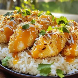 - Chicken and Coating Ingredients - 2 chicken breasts, boneless and skinless - 1 cup unsweetened coconut flakes - 1 cup all-purpose flour - 2 eggs, beaten - 1 teaspoon garlic powder - 1/2 teaspoon salt - 1/2 teaspoon black pepper - 1 tablespoon olive oil - Apricot Sauce Ingredients - 1 cup apricot preserves - 1 tablespoon Dijon mustard - 1 tablespoon apple cider vinegar - Garnishes - Fresh cilantro, for garnish The right ingredients make this dish shine. Start with fresh chicken breasts. They should be boneless and skinless for ease. The coconut flakes bring a sweet crunch. Unsweetened flakes work best to balance the dish. Use all-purpose flour for a crisp coating. Beat the eggs to help the coating stick. For the apricot sauce, apricot preserves are key. They add sweetness and flavor. Dijon mustard gives a nice tang. Apple cider vinegar adds a hint of acidity. These three ingredients blend well over low heat. Lastly, don’t forget the fresh cilantro. It adds a pop of green and fresh flavor. This simple garnish makes your dish look beautiful. You can find the full recipe in the earlier sections. Enjoy your cooking adventure! - Drying and Slicing Techniques Start by patting the chicken breasts dry with paper towels. This step helps the coating stick better. Next, slice each breast in half horizontally. This makes thinner cutlets that cook evenly. - Breading Setup Set up your breading station with three shallow bowls. In the first bowl, mix the flour, garlic powder, salt, and pepper. This creates a flavorful base. In the second bowl, beat the eggs. The eggs help the coconut stick to the chicken. In the third bowl, place the coconut flakes. This will create a crunchy outer layer. - Skillet Cooking Method Heat olive oil in a large skillet over medium heat. Make sure the oil is hot before adding the chicken. Carefully place the breaded cutlets in the skillet. Cook them for about 4-5 minutes on each side. Look for a golden brown color to know when they are done. - Tips for Achieving Perfect Browning If the chicken browns too fast, lower the heat. Keep an eye on the cutlets to avoid burning. You want them crispy and cooked through. - Combining Ingredients In a small saucepan, combine apricot preserves, Dijon mustard, and apple cider vinegar. Stir over low heat until the mixture is warm and smooth. This sauce has a sweet and tangy flavor that pairs well with the chicken. - Adjusting Sauce Consistency If the sauce is too thick, add a splash of water. Stir well until you reach your desired consistency. This keeps the sauce silky and easy to drizzle over your chicken. For the full recipe, check out the detailed steps and tips! Spice Adjustments To boost the flavor of coconut chicken, adjust spices. You can add a pinch of cayenne pepper for heat. A bit of smoked paprika gives a nice depth. Try adding some fresh ginger for a zesty kick. Recommended Seasoning Variations If you want a twist, use curry powder in the flour mix. Mix in some lime zest for a bright note. For a herby touch, add dried oregano or thyme. Each change can make the dish uniquely yours. Ensuring Juicy Chicken To keep chicken juicy, do not overcook. Use a meat thermometer; chicken should reach 165°F. Let the chicken rest for a few minutes after cooking. This helps the juices stay inside. Best Cooking Oils to Use For frying, olive oil works well for flavor. Coconut oil adds to the tropical taste. Avoid oils with low smoke points, like butter. They can burn and ruin the dish. Ideal Side Dishes Serve coconut chicken with jasmine rice for a perfect match. Steamed vegetables add color and nutrition. A simple salad with lime dressing brightens the meal. Presentation Techniques For a great look, use a deep plate. Place rice at the bottom and top with chicken. Drizzle warm apricot sauce over the chicken. Add fresh cilantro for a pop of color. A sprinkle of toasted coconut flakes completes the dish. Check the Full Recipe for more details! {{image_2}} Baking Instead of Frying You can bake the coconut chicken for a lighter meal. Preheat your oven to 400°F (200°C). Place the breaded chicken on a baking sheet lined with parchment paper. Spray a little cooking oil on top. Bake for 20-25 minutes or until the chicken is golden and cooked through. This method cuts down on oil and calories. Substituting Ingredients You can swap out some ingredients to make this dish healthier. Use whole wheat flour for a fiber boost. For a lower-calorie option, try using egg whites instead of whole eggs. You can also replace apricot preserves with unsweetened apple sauce for a fruity kick without added sugar. Adding Spices or Herbs To boost flavors, add spices to the flour mixture. Try a teaspoon of paprika or cumin for warmth. Fresh herbs like thyme or basil can add brightness to the dish. You can mix these herbs in with the coconut flakes for extra flavor. Alternative Fruit Sauces If you want a twist, try different fruit sauces. Mango or peach sauce works great. Simply replace apricot preserves with the fruit sauce of your choice. This adds a unique taste and makes your dish stand out. You can also add a splash of lime juice to the sauce for a refreshing zing. For the full recipe, check out the detailed instructions above. Refrigeration Guidelines Once you finish your meal, let the chicken cool. Store it in a sealed container. You can keep it in the fridge for up to three days. Make sure to also store the apricot sauce in a separate container. This helps keep the flavors fresh. Freezing Tips If you want to keep the chicken longer, freeze it. Wrap the chicken tightly in plastic wrap, then place it in a freezer bag. The apricot sauce can also be frozen in an airtight container. It can last for up to three months in the freezer. Remember to label the bags with the date! Best Methods for Reheating Chicken To reheat the chicken, use the oven for the best results. Preheat your oven to 350°F (175°C). Place the chicken on a baking sheet and cover it with foil. Heat for about 15-20 minutes, or until it's warmed through. This keeps the chicken juicy and crisp. Restoring Sauce Consistency If the apricot sauce thickens in the fridge, don’t worry! Just warm it in a small saucepan over low heat. Stir in a splash of water to bring it back to the right consistency. This helps the sauce coat the chicken nicely when you serve it. For the full recipe, check out the Coconut Chicken with Apricot Sauce. What can I substitute for chicken? You can use turkey cutlets or firm fish like salmon. Both options work well. They will soak up the apricot sauce nicely, too. Can I make this recipe gluten-free? Yes, you can! Replace all-purpose flour with gluten-free flour. Make sure your apricot preserves do not contain gluten. What do I serve with coconut chicken? I love serving coconut chicken with jasmine rice. The rice soaks up the apricot sauce. You can also add a fresh salad for crunch. How do I ensure the chicken is cooked through? Use a meat thermometer to check the chicken's thickest part. It should reach 165°F. If you don't have one, cut into the chicken to check for pink. Can I use sweetened coconut flakes? Yes, but it will make the chicken sweeter. If you like a sweeter flavor, sweetened flakes are fine. What type of apricot preserves works best? Look for high-quality, fruit-forward apricot preserves. I recommend ones with no high-fructose corn syrup for the best taste. In this blog post, we explored key ingredients like chicken, apricot sauce, and garnishes. I shared step-by-step instructions for preparing and cooking the chicken, along with making a delicious apricot sauce. You learned tips for enhancing flavors and serving suggestions to impress your guests. Remember, you can adapt this recipe with variations and healthier options. Storing and reheating tips ensure that leftovers stay tasty. Enjoy your cooking journey, and don't hesitate to experiment!