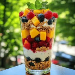 To make your Spring Berry Parfait, gather these simple ingredients: - 2 cups Greek yogurt (vanilla or plain) - 1 cup granola (your choice) - 1 cup mixed berries (strawberries, blueberries, raspberries) - 1 ripe mango, diced - 2 tablespoons honey or maple syrup (optional) - Fresh mint leaves for garnish You can easily tweak this recipe to fit your taste. Here are a few ideas: - Swap Greek yogurt for dairy-free yogurt if needed. - Use any nuts or seeds in place of granola. - Add other fruits like kiwi or bananas for extra flavor. - Try coconut flakes or chia seeds for added texture. This parfait offers a mix of protein, fiber, and vitamins. Here’s a quick look: - Calories: About 250 per serving - Protein: 10g from yogurt - Fiber: 4g from berries and granola If you want to lower the sugar, skip the honey or maple syrup. You can also use unsweetened yogurt to cut back on sweetness. Enjoy experimenting with this recipe! Check the Full Recipe for more details on preparation. Start by rinsing the mixed berries under cold water. Use strawberries, blueberries, and raspberries for a colorful mix. For strawberries, hull them and slice them into smaller pieces. Set all the berries aside on a clean plate. Next, dice the ripe mango into small cubes. This will add a sweet and juicy touch to your parfait. Grab a tall glass or a parfait cup. Begin with a layer of Greek yogurt at the bottom. This yogurt is creamy and rich, making it a great base. Next, sprinkle a layer of granola over the yogurt. The granola adds crunch and texture. Then, place a layer of the mixed berries and diced mango on top. If you like a bit of sweetness, drizzle honey or maple syrup over the fruit. Repeat these layers until the glass is filled. End with a final layer of berries on top for a stunning look. To finish, add a dollop of yogurt on top of the last layer. Place a few berries on this dollop for color. Finally, garnish with a fresh mint leaf. This adds a pop of green and a nice aroma. If you have time, chill the parfaits in the fridge for 10-15 minutes. This helps the flavors blend well. And there you have it, a beautiful Spring Berry Parfait ready to enjoy! For the complete recipe, check the Full Recipe section. When you layer your parfait, use a tall glass for the best look. Start with yogurt at the bottom. This keeps the yogurt from mixing with other layers. Add granola next. It adds a nice crunch. Then, layer your berries and mango on top. Repeat the steps until your glass is full. End with berries for a colorful top. This makes your parfait look pretty and tasty. Pick berries that are bright and firm. Strawberries should be red all over. Blueberries need to be deep blue. Raspberries should be plump and soft but not mushy. Avoid berries with dark spots or mold. Fresh berries taste best in your parfait. You can also mix and match your favorite berries for extra flavor. You can add sweeteners to your parfait if you like. Honey or maple syrup works well. Just drizzle a little over the fruit layer. You can also skip sweeteners if your berries are sweet enough. If you want a sugar-free option, try using a sugar substitute. This keeps your parfait tasty without extra sugar. Enjoy exploring different flavors! For the full recipe, check out the details above. {{image_2}} You can change the fruits in your parfait to match your taste. Try bananas, peaches, or kiwi. Each fruit adds its own flavor and texture. For a tropical twist, use pineapple or papaya. Mix and match fruits to keep it fun! If you want a vegan parfait, swap Greek yogurt for plant-based yogurt. Look for almond, coconut, or soy yogurt. Use maple syrup instead of honey. This keeps your parfait creamy and sweet without using animal products. You can still enjoy all the great flavors! Spices and extracts can boost the flavor of your parfait. Try adding a sprinkle of cinnamon or nutmeg. You can also mix in vanilla or almond extract for extra sweetness. Just a little goes a long way. Experiment with flavors to find your favorite blend! If you have leftover parfaits, store them in the fridge. Use an airtight container to keep them fresh. They will stay good for about two days. If you do not cover them, the yogurt may dry out. You can freeze the mixed berries and diced mango. Place them in a freezer-safe bag. Remove as much air as you can. When you want to use them, let them thaw in the fridge overnight. Do not freeze the yogurt or granola. They do not hold up well when frozen. To keep your parfait fresh, layer the yogurt and granola just before serving. This way, the granola stays crunchy. Store your berries in the fridge, but do not wash them until you are ready to use them. Keeping them dry helps them last longer. For the best taste, enjoy your parfaits within two days of making them. For full details, check the Full Recipe. Yes, you can make Spring Berry Parfaits ahead of time. Just layer the yogurt, granola, and fruit. Cover them with plastic wrap and chill in the fridge. This way, the flavors mix well. I suggest eating them within a day for the best taste. If you wait too long, the granola may get soggy. You can use many types of berries in your parfait. Strawberries, blueberries, and raspberries are top choices. Strawberries add sweetness, while blueberries bring a nice pop of color. Raspberries offer a tart flavor that balances the dish. You can also try blackberries or even cherries for a fun twist. To make your parfait healthier, swap regular yogurt for Greek yogurt. It has more protein and fewer sugars. You can also reduce the granola amount or use a low-sugar option. Adding seeds like chia or flax can boost fiber. Fresh mint leaves add flavor without extra calories. For extra sweetness, try ripe fruits instead of sugar. For the full recipe, check out the Spring Berry Parfait instructions above. In this post, we explored how to make delicious Spring Berry Parfaits. We covered key ingredients, step-by-step instructions, and tips for a perfect layer. You learned about variations and how to store leftovers to keep them fresh. Making parfaits is simple and fun. You can mix fruits or try new flavors. With these tips, you'll impress your family and friends. Enjoy creating your own tasty treats!