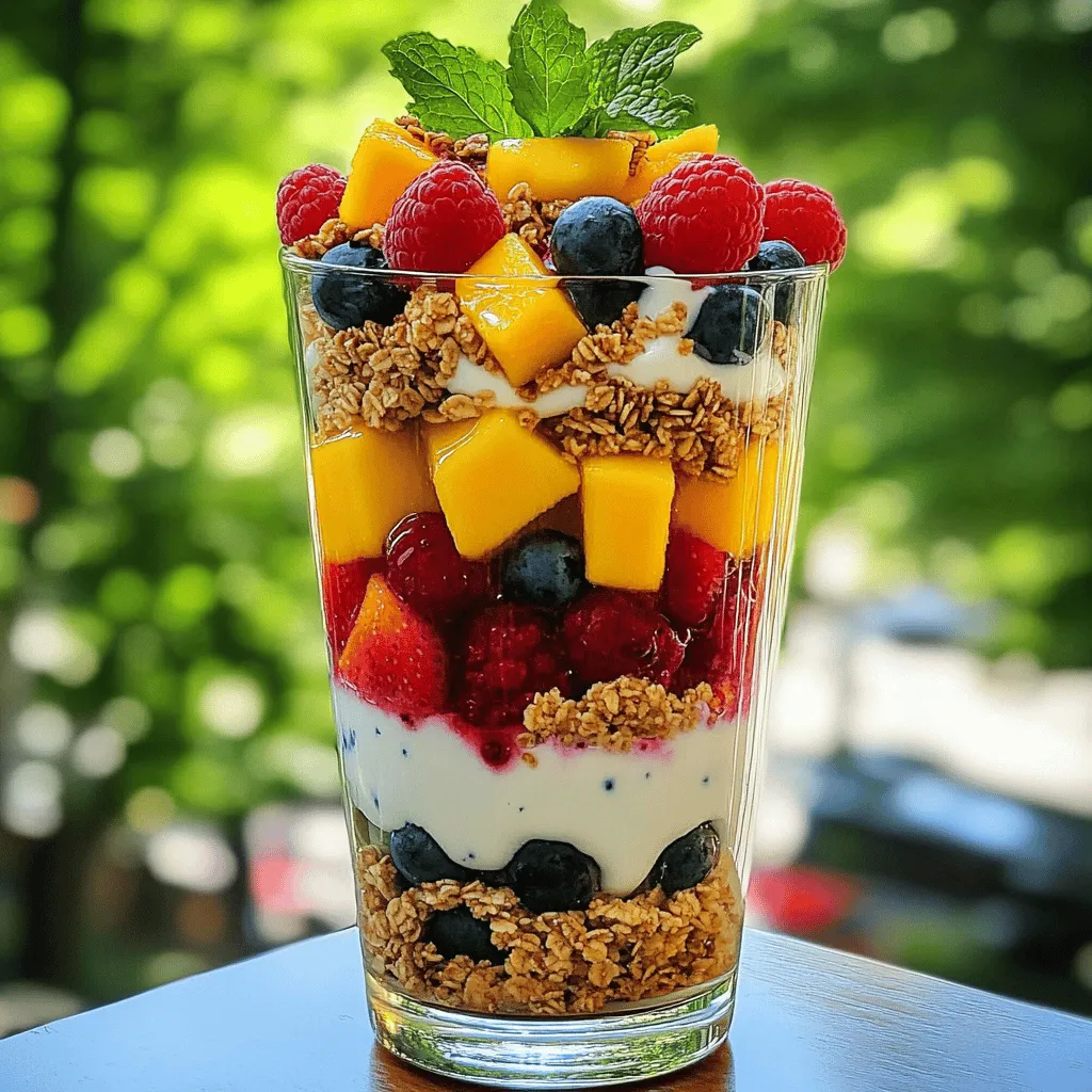 To make your Spring Berry Parfait, gather these simple ingredients: - 2 cups Greek yogurt (vanilla or plain) - 1 cup granola (your choice) - 1 cup mixed berries (strawberries, blueberries, raspberries) - 1 ripe mango, diced - 2 tablespoons honey or maple syrup (optional) - Fresh mint leaves for garnish You can easily tweak this recipe to fit your taste. Here are a few ideas: - Swap Greek yogurt for dairy-free yogurt if needed. - Use any nuts or seeds in place of granola. - Add other fruits like kiwi or bananas for extra flavor. - Try coconut flakes or chia seeds for added texture. This parfait offers a mix of protein, fiber, and vitamins. Here’s a quick look: - Calories: About 250 per serving - Protein: 10g from yogurt - Fiber: 4g from berries and granola If you want to lower the sugar, skip the honey or maple syrup. You can also use unsweetened yogurt to cut back on sweetness. Enjoy experimenting with this recipe! Check the Full Recipe for more details on preparation. Start by rinsing the mixed berries under cold water. Use strawberries, blueberries, and raspberries for a colorful mix. For strawberries, hull them and slice them into smaller pieces. Set all the berries aside on a clean plate. Next, dice the ripe mango into small cubes. This will add a sweet and juicy touch to your parfait. Grab a tall glass or a parfait cup. Begin with a layer of Greek yogurt at the bottom. This yogurt is creamy and rich, making it a great base. Next, sprinkle a layer of granola over the yogurt. The granola adds crunch and texture. Then, place a layer of the mixed berries and diced mango on top. If you like a bit of sweetness, drizzle honey or maple syrup over the fruit. Repeat these layers until the glass is filled. End with a final layer of berries on top for a stunning look. To finish, add a dollop of yogurt on top of the last layer. Place a few berries on this dollop for color. Finally, garnish with a fresh mint leaf. This adds a pop of green and a nice aroma. If you have time, chill the parfaits in the fridge for 10-15 minutes. This helps the flavors blend well. And there you have it, a beautiful Spring Berry Parfait ready to enjoy! For the complete recipe, check the Full Recipe section. When you layer your parfait, use a tall glass for the best look. Start with yogurt at the bottom. This keeps the yogurt from mixing with other layers. Add granola next. It adds a nice crunch. Then, layer your berries and mango on top. Repeat the steps until your glass is full. End with berries for a colorful top. This makes your parfait look pretty and tasty. Pick berries that are bright and firm. Strawberries should be red all over. Blueberries need to be deep blue. Raspberries should be plump and soft but not mushy. Avoid berries with dark spots or mold. Fresh berries taste best in your parfait. You can also mix and match your favorite berries for extra flavor. You can add sweeteners to your parfait if you like. Honey or maple syrup works well. Just drizzle a little over the fruit layer. You can also skip sweeteners if your berries are sweet enough. If you want a sugar-free option, try using a sugar substitute. This keeps your parfait tasty without extra sugar. Enjoy exploring different flavors! For the full recipe, check out the details above. {{image_2}} You can change the fruits in your parfait to match your taste. Try bananas, peaches, or kiwi. Each fruit adds its own flavor and texture. For a tropical twist, use pineapple or papaya. Mix and match fruits to keep it fun! If you want a vegan parfait, swap Greek yogurt for plant-based yogurt. Look for almond, coconut, or soy yogurt. Use maple syrup instead of honey. This keeps your parfait creamy and sweet without using animal products. You can still enjoy all the great flavors! Spices and extracts can boost the flavor of your parfait. Try adding a sprinkle of cinnamon or nutmeg. You can also mix in vanilla or almond extract for extra sweetness. Just a little goes a long way. Experiment with flavors to find your favorite blend! If you have leftover parfaits, store them in the fridge. Use an airtight container to keep them fresh. They will stay good for about two days. If you do not cover them, the yogurt may dry out. You can freeze the mixed berries and diced mango. Place them in a freezer-safe bag. Remove as much air as you can. When you want to use them, let them thaw in the fridge overnight. Do not freeze the yogurt or granola. They do not hold up well when frozen. To keep your parfait fresh, layer the yogurt and granola just before serving. This way, the granola stays crunchy. Store your berries in the fridge, but do not wash them until you are ready to use them. Keeping them dry helps them last longer. For the best taste, enjoy your parfaits within two days of making them. For full details, check the Full Recipe. Yes, you can make Spring Berry Parfaits ahead of time. Just layer the yogurt, granola, and fruit. Cover them with plastic wrap and chill in the fridge. This way, the flavors mix well. I suggest eating them within a day for the best taste. If you wait too long, the granola may get soggy. You can use many types of berries in your parfait. Strawberries, blueberries, and raspberries are top choices. Strawberries add sweetness, while blueberries bring a nice pop of color. Raspberries offer a tart flavor that balances the dish. You can also try blackberries or even cherries for a fun twist. To make your parfait healthier, swap regular yogurt for Greek yogurt. It has more protein and fewer sugars. You can also reduce the granola amount or use a low-sugar option. Adding seeds like chia or flax can boost fiber. Fresh mint leaves add flavor without extra calories. For extra sweetness, try ripe fruits instead of sugar. For the full recipe, check out the Spring Berry Parfait instructions above. In this post, we explored how to make delicious Spring Berry Parfaits. We covered key ingredients, step-by-step instructions, and tips for a perfect layer. You learned about variations and how to store leftovers to keep them fresh. Making parfaits is simple and fun. You can mix fruits or try new flavors. With these tips, you'll impress your family and friends. Enjoy creating your own tasty treats!