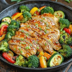- 2 boneless, skinless chicken breasts - 1 cup broccoli florets - 1 cup bell peppers (red and yellow), sliced - 1 zucchini, sliced - 4 tablespoons honey - 3 cloves garlic, minced - 3 tablespoons soy sauce (or tamari for gluten-free) - 1 tablespoon sesame oil - 1 tablespoon olive oil - Salt and pepper to taste The star of this dish is the chicken. I prefer boneless, skinless chicken breasts for their tender texture. They soak up the marinade well and cook evenly. Next, we have the veggies, which add color and crunch. Broccoli, bell peppers, and zucchini provide the perfect mix of flavors. The marinade combines honey, garlic, soy sauce, and sesame oil. Honey brings sweetness, while garlic adds depth. Soy sauce gives that classic umami taste. The sesame oil adds a nutty aroma that ties it all together. - Sesame seeds for garnish - Chopped green onions for garnish Feel free to dress up your dish with sesame seeds or green onions. These garnishes add a nice crunch and a pop of color. If you want to switch things up, you can use other veggies like snap peas or carrots. You can also swap chicken for tofu or shrimp for a different twist. For the full recipe, check out the Sweet & Savory Honey Garlic Chicken & Veggies 🥦. It’s a simple guide to make this delightful meal. Start by getting your chicken breasts ready. Pat them dry with a paper towel. This helps the seasoning stick. Season both sides with salt and pepper. Just a pinch will do. Next, we make the marinade. In a big bowl, whisk together honey, minced garlic, soy sauce, and sesame oil. This mix creates a sweet and savory flavor. Reserve a few tablespoons of the marinade for later. Now, add the chicken to the bowl. Make sure each piece is well-coated. Let it marinate for at least 30 minutes. If you have more time, let it sit in the fridge for up to 2 hours. Once the chicken is marinated, it's time to cook. Heat a large skillet over medium-high heat. When it’s hot, add the chicken breasts. Cook them for about 6 to 7 minutes on each side. You want them golden brown and fully cooked. The inside should reach 165°F or 75°C. After cooking, take the chicken out and let it rest for 5 minutes. Then slice it into bite-sized pieces. While the chicken rests, let’s prepare the veggies. In another bowl, toss the broccoli, bell peppers, and zucchini with olive oil. Sprinkle in some salt and pepper. This adds flavor to the veggies. Now, use the same skillet to stir-fry the veggies. Cook them for about 5 to 6 minutes. You want them tender but still crisp. Return the sliced chicken to the skillet with the veggies. Add the reserved marinade to the pan. Toss everything together, cooking for another 2 to 3 minutes. This step combines all the flavors. Serve the honey garlic chicken and veggies hot. You can sprinkle sesame seeds and green onions on top if you like. For the full recipe, check the earlier section. To cook chicken perfectly, start with even thickness. Use a meat mallet to pound the chicken breasts. This helps them cook evenly. Season both sides with salt and pepper. Marinate the chicken for at least 30 minutes. This adds great flavor. When cooking, use medium-high heat. Cook for 6-7 minutes on each side. Ensure the chicken reaches 165°F. This is safe and juicy. For this dish, I love using a mix of bright veggies. Broccoli, bell peppers, and zucchini work best. They add color and crunch. Other great options include carrots and snap peas. You can also use asparagus or green beans. Just make sure they are cut into bite-sized pieces. This helps them cook evenly. To boost flavor, add fresh herbs like basil or cilantro. They add a nice touch. You can also sprinkle some crushed red pepper for heat. If you want a tangy twist, try adding lime juice. Consider using garlic powder for extra garlic flavor. These small changes can really make your dish pop. For more ideas, check the Full Recipe for inspiration. {{image_2}} You can swap chicken for other proteins. Try shrimp, pork, or tofu. Each option brings its own flavor. Shrimp cooks quickly and adds a nice touch. Pork gives a savory taste that pairs well with honey. Tofu is perfect for a plant-based option. Just remember to adjust cooking times for each protein. If you want a vegetarian or vegan dish, use chickpeas or tempeh. Chickpeas add protein and texture. Tempeh has a nutty flavor that works well. You can also use extra veggies like mushrooms or eggplant. These choices make the dish hearty and tasty. Cook them until golden and soft for the best results. You can get creative with the sauce! For a spicy kick, add chili sauce or sriracha. If you love citrus, squeeze some lime or lemon juice in the marinade. You can also experiment with different soy sauces. Try coconut aminos for a milder taste. Each change can give a whole new flavor to the dish. For the full recipe, check out the complete guide! You can store leftover honey garlic chicken and veggies in an airtight container. Make sure to let it cool first. Place it in the fridge if you plan to eat it within three days. If you want to save it longer, consider freezing it. To reheat your meal, use the microwave for quick heating. Place it in a microwave-safe dish, cover it, and heat for two to three minutes. Stir halfway through for even heating. You can also reheat it in a skillet on low heat. This keeps the chicken juicy and the veggies crisp. If you want to freeze the meal, do it in an airtight container or a freezer bag. Remove as much air as possible to avoid freezer burn. It can last up to three months in the freezer. When ready to eat, defrost it overnight in the fridge before reheating. This ensures the best flavor and texture when you enjoy it again. For the full recipe, check out the detailed guide. You can store Honey Garlic Chicken and Veggies in the fridge for up to three days. Make sure to keep it in an airtight container. This helps keep the flavors fresh and the chicken juicy. If you want to save it longer, consider freezing it. Yes, you can prepare Honey Garlic Chicken and Veggies ahead of time. Marinating the chicken the night before enhances the flavor. You can also chop the veggies in advance. When you are ready to cook, just follow the steps in the Full Recipe. This makes dinner quick and easy. Honey Garlic Chicken and Veggies pairs well with rice, quinoa, or noodles. You can also serve it with a side salad for extra crunch. If you want something light, try a simple cucumber salad. These sides balance the sweet and savory flavors of the dish. To add heat to your Honey Garlic Chicken and Veggies, try adding red pepper flakes. A teaspoon will give you a nice kick. You can also include fresh chili peppers or a dash of hot sauce in the marinade. Adjust these to your taste for the perfect spice level. You learned how to make Honey Garlic Chicken and Veggies in this post. We covered the main ingredients, cooking steps, and helpful tips. You can explore variations and storage options too. Getting this recipe right gives you a tasty dish that everyone will love. Now, it’s time to get cooking and enjoy your meal! Remember to experiment with flavors and ingredients for a unique touch. Happy cooking!