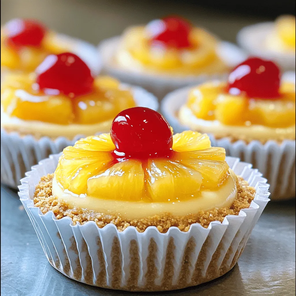 To make these tasty mini cheesecakes, you need simple ingredients. Here’s the list: - 1 cup graham cracker crumbs - 1/4 cup unsalted butter, melted - 2 tablespoons brown sugar - 8 oz cream cheese, softened - 1/2 cup granulated sugar - 1 teaspoon vanilla extract - 1/4 cup sour cream - 2 large eggs - 1 cup crushed pineapple, drained - Maraschino cherries for garnish These ingredients blend well together. The graham crackers form a crunchy base. Cream cheese gives a rich taste. Pineapple adds a sweet and tangy flavor. You can get creative with your cheesecakes. Here are a few ideas for toppings: - Sliced fresh pineapple - Whipped cream - Toasted coconut - Chopped nuts These add fun textures and flavors to your dessert. They also make your cheesecakes look beautiful. To make your life easier, gather these tools: - Muffin tin - Paper liners - Mixing bowls - Electric mixer - Spatula - Measuring cups and spoons Having the right tools makes the process smooth. It ensures every step is easy and fun. Follow the full recipe to guide you through making these delightful treats. To start, preheat your oven to 325°F (160°C). Grab a mixing bowl and add: - 1 cup graham cracker crumbs - 1/4 cup unsalted butter, melted - 2 tablespoons brown sugar Mix these together until it looks like wet sand. Now, line a muffin tin with paper liners. Spoon the crust mixture into each liner. Press it down firmly to form a solid base. Bake the crusts for 5-7 minutes until slightly golden. Once done, remove them from the oven and let them cool. In a large mixing bowl, beat 8 oz of softened cream cheese with an electric mixer. Mix until it’s smooth. Next, add: - 1/2 cup granulated sugar - 1 teaspoon vanilla extract Blend these ingredients until they combine well. Then, add in 1/4 cup sour cream and mix until it's fully incorporated. Now, add 2 large eggs, one at a time. Mix on low speed after each egg until just combined. Avoid overmixing to keep it light and fluffy. Finally, gently fold in: - 1 cup crushed pineapple, drained Ensure the pineapple spreads evenly throughout the mixture. Now it’s time to fill the cups. Pour the cheesecake batter into each muffin tin, filling just above the crust. Bake for 20-25 minutes, or until the edges set but the center has a slight jiggle. After baking, turn off the oven but leave the cheesecakes inside for 10 more minutes. This helps them cool gradually. Once cooled, take them out and let them sit at room temperature. Then, transfer them to the refrigerator. Chill for at least 2 hours or until fully set. For the final touch, before serving, top each mini cheesecake with a maraschino cherry and a small scoop of crushed pineapple. Enjoy your delightful treat! For the full recipe, check out the previous section. To make these cheesecakes shine, use room-temperature cream cheese. It blends smooth and creamy. When mixing, go slow. This keeps air from getting in and helps avoid cracks. Also, don’t skip the chilling time. Chilling helps the flavors meld and sets the texture. For crusts, press firmly to avoid crumbly bases. A firm crust gives a solid bite. One big mistake is overmixing the batter. This adds air and causes cracks. Another error is not draining the crushed pineapple well. Excess moisture can make the cheesecake soggy. Lastly, don’t rush the cooling process. Let the cheesecakes cool in the oven first. This slow cooling helps prevent cracks. Serve these mini cheesecakes cold for the best taste. Top each one with a maraschino cherry. It adds color and flavor. For a fun twist, add a small scoop of crushed pineapple on top. You can also use a mint leaf for fresh flavor. Arrange them on a platter for a beautiful display. For a special touch, drizzle some caramel sauce over the cheesecakes. For the complete recipe, check out the Full Recipe section. {{image_2}} You can play with flavors to make these cheesecakes your own. Try adding coconut for a tropical twist. Mix in some lime zest for a zingy taste. You can also swirl in caramel sauce for a rich, sweet layer. Each variation brings a new joy to your mini cheesecakes. Want gluten-free cheesecakes? Use gluten-free graham crackers for the crust. For a vegan option, swap the cream cheese for a plant-based cream cheese. You can also replace the eggs with flaxseed meal mixed with water. These changes keep the taste great while meeting dietary needs. Serve your mini cheesecakes in fun ways to impress guests. Use colorful plates or jars for a cute look. Top with fresh fruit or whipped cream for added flair. You can also drizzle with honey or chocolate sauce. These touches make each serving special and inviting. For the full recipe, check out the [Full Recipe]. To keep your mini cheesecakes fresh, store them in the fridge. Use an airtight container. This helps prevent drying out and keeps them tasty. If you plan to keep them longer, wrap each cheesecake in plastic wrap before placing them in the container. This adds extra protection. To enjoy these cheesecakes warm, heat them gently. Use a microwave set to low power. Heat for about 10-15 seconds. Check to avoid overheating. If you prefer them chilled, serve them straight from the fridge. They taste great cold, too. Add extra crushed pineapple on top for added flavor. These cheesecakes stay fresh in the fridge for about 5 days. If you want to freeze them, wrap each one tightly in plastic wrap, then place them in a freezer bag. They can last for up to 2 months in the freezer. To thaw, place them in the fridge overnight. For the full recipe, check out the provided link. Mini Pineapple Upside-Down Cheesecakes stay fresh for about 5 days in the fridge. Store them in an airtight container to keep them tasty. If you freeze them, they can last for about 2 months. Just thaw them overnight in the fridge before serving. Yes, you can make these cheesecakes a day in advance. This gives them time to set and taste even better. Just keep them in the fridge until you’re ready to serve. If you need to swap ingredients, here are some easy ideas: - Use digestive biscuits instead of graham crackers for the crust. - Coconut cream can replace sour cream for a tropical twist. - For a dairy-free option, try vegan cream cheese. To prevent overmixing, mix on low speed and add ingredients one at a time. Beat the eggs in slowly and stop mixing once everything is just combined. This keeps your cheesecakes light and fluffy, which is key for a great texture. For the complete process, check out the Full Recipe. In summary, you learned about making Mini Pineapple Upside-Down Cheesecakes. We covered key ingredients, step-by-step instructions, and helpful tips. You also discovered variations and storage options. Remember, simple adjustments can change the flavors. Focus on quality ingredients and avoid common mistakes. Experimenting makes baking fun. Enjoy creating your own delightful cheesecakes!