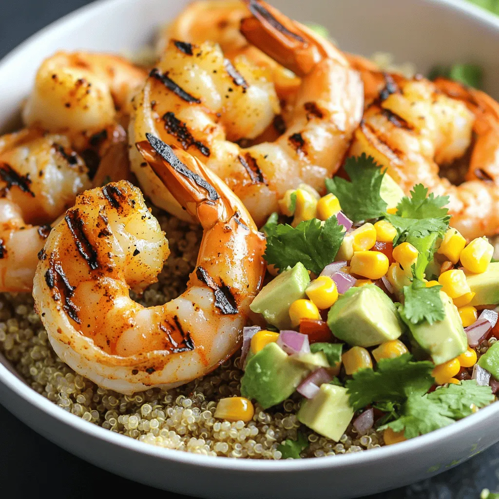 - 1 pound large shrimp, peeled and deveined - 1 cup cooked quinoa - 1 avocado, diced - 1 cup fresh corn kernels - Seasoning components: olive oil, garlic powder, paprika, salt, and pepper