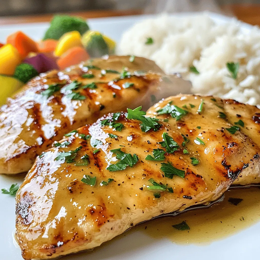 - Chicken: I recommend using boneless, skinless chicken breasts. They cook evenly and stay moist. If you prefer, chicken thighs also work well. - Butter: Use unsalted butter for this recipe. It allows you to control the salt level, enhancing the dish's flavor. - Herbs and Spices: - Thyme: This herb adds a warm, earthy taste. - Smoked paprika: This spice gives a lovely smoky depth. - Onion powder: It adds a sweet, mild onion flavor. - Additional Ingredients: - Chicken broth: It builds a rich, savory base for the sauce. - Lemon juice: This brightens the dish with a fresh zing. - Parsley: Fresh parsley adds color and a fresh taste. For the full recipe, check out the detailed instructions! To make garlic butter chicken, start by seasoning the chicken. Pat the chicken breasts dry with paper towels. This helps the seasoning stick. Sprinkle salt, pepper, dried thyme, smoked paprika, and onion powder on both sides. Make sure each piece is well-coated. Next, let's melt the butter. Use a large skillet and set it over medium heat. Add 2 tablespoons of unsalted butter. Wait until it melts and bubbles. This means it's ready for the chicken. Now, cook the chicken. Place the seasoned chicken breasts in the skillet. Cook them for about 5-7 minutes on one side. When they turn golden brown, flip them over. Cook the other side for the same time. The chicken should reach an internal temperature of 165°F (75°C). This ensures it's safe to eat. Once done, remove the chicken from the skillet and set it aside. Let's make the sauce. In the same skillet, add the remaining 2 tablespoons of butter. Let it melt. Then, add minced garlic. Sauté the garlic for 1-2 minutes. You'll know it's done when it smells fragrant but not burnt. Now, pour in the chicken broth and lemon juice. Stir well to mix everything. Scrape any browned bits from the bottom. This adds extra flavor. Bring the mixture to a simmer. Let it cook for about 3-5 minutes. This helps it reduce and thicken. Finally, return the chicken to the skillet. Spoon the garlic butter sauce over it. Cook for another 2-3 minutes to heat everything through. Your garlic butter chicken is now ready to serve! For a detailed recipe, check out the Full Recipe. How to prevent chicken from drying out To keep your chicken juicy, don’t overcook it. Cook it until it reaches 165°F (75°C). Use a meat thermometer for accuracy. Also, let the chicken rest for a few minutes after cooking. This helps the juices spread within the meat. Tips for ensuring garlic doesn't burn Garlic can burn fast, which makes it bitter. Cook it on medium heat and watch it closely. Stir it often and remove it as soon as it turns golden. This way, you keep all its tasty flavor without the bitterness. Best side dishes to pair with garlic butter chicken Garlic butter chicken pairs well with steamed vegetables, like broccoli or green beans. Fluffy rice is great too, as it soaks up the sauce. You can also serve it with a crisp salad for a fresh touch. Plating ideas for appealing presentation When plating, place the chicken in the center of the plate. Drizzle the garlic butter sauce over the top. Add a sprinkle of fresh parsley for color. You can also add a side of vegetables or rice around the chicken for a nice look. {{image_2}} You can easily swap out chicken breasts for thighs. Thighs have more fat, giving juicy flavor. If you're plant-based, try tofu or tempeh. Both will soak up the garlic butter sauce well. For butter, use olive oil or coconut oil for a dairy-free option. These choices keep the dish rich and tasty. You can also try vegan butter, which works great in this recipe. Adding veggies makes this dish even better. Bell peppers add sweetness and color. Mushrooms bring an earthy taste that pairs well with garlic. Sauté them in the skillet before adding the chicken for extra flavor. If you like it spicy, try red pepper flakes or hot sauce. Just a pinch can turn up the heat. Adding these spices brings a fun twist to the classic garlic butter chicken. For the full recipe, check out Garlic Butter Chicken Delight! To store leftover garlic butter chicken, let it cool first. Place it in an airtight container. This helps keep the chicken juicy and fresh. You can store it in the fridge for up to four days. If you want to keep it longer, freeze it. Properly stored, it can last for three months in the freezer. When reheating, I recommend using the oven or stovetop. These methods help keep the chicken moist. If using the oven, set it to 350°F (175°C). Place the chicken in a baking dish and cover it with foil. Heat for about 15 to 20 minutes. For stovetop reheating, add a splash of chicken broth to the skillet. This adds moisture. Heat it over medium-low heat. Cook for about 5 to 7 minutes, turning the chicken occasionally. To refresh flavors, drizzle a bit of lemon juice before serving. This will brighten up the dish. Enjoy your garlic butter chicken, even as leftovers! Can I use frozen chicken for this recipe? Yes, you can use frozen chicken. But, you must thaw it first. Thaw it overnight in the fridge. If short on time, place the chicken in cold water for a quick defrost. Once thawed, follow the recipe as usual. What can I do if I don't have chicken broth on hand? If you lack chicken broth, use water with added seasoning. You can mix water with a bit of soy sauce. This gives a nice flavor. Vegetable broth is also a good substitute. Overview of calories, protein, and other nutritional facts Garlic butter chicken has about 350 calories per serving. Each serving packs around 30 grams of protein. It also provides essential vitamins from garlic and herbs used. Healthy modifications: Making it lower in calories To lower calories, use less butter. You can replace it with olive oil. Opt for skinless chicken thighs for more flavor with fewer calories. Adding more veggies can also help boost nutrition. Can this recipe be made in the oven or slow cooker? Yes, you can bake the chicken at 375°F (190°C) for 25-30 minutes. Keep the garlic butter sauce to pour on after cooking. For a slow cooker, cook on low for 4-5 hours. Is it possible to grill the chicken for a smoky flavor? Absolutely! Grilling adds a nice smoky taste. Marinate the chicken in the garlic butter sauce before grilling. Cook it for about 6-7 minutes on each side. Enjoy the unique flavor! This blog post covered key ingredients, detailed steps, and helpful tips for making garlic butter chicken. You learned the best cuts of chicken, the right way to season, and how to make a tasty sauce. Remember to avoid burning garlic and to keep chicken juicy. Try using alternative proteins or adding veggies for a twist. Store leftovers properly and refresh flavors when reheating. Enjoy exploring this dish, and happy cooking!