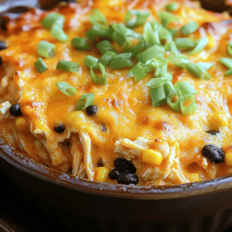 To make this tasty dish, you need a few simple ingredients. Each one adds flavor and texture. The stars of the show are chicken and buffalo sauce. The rice gives it substance. Black beans and corn add color and nutrition. Cream cheese and ranch dressing keep it creamy and rich. Here’s a quick list of what you need: - 2 cups cooked chicken, shredded - 1 cup buffalo sauce (adjust to taste) - 1 cup cooked rice (white or brown) - 1 cup black beans, drained and rinsed - 1 cup corn (fresh or frozen) - 1 cup shredded cheddar cheese - 1 cup cream cheese, softened - 1/2 cup ranch dressing - 1 teaspoon garlic powder - 1 teaspoon onion powder - 1/2 teaspoon smoked paprika - 1/2 teaspoon salt - 1/4 teaspoon black pepper - 1/4 cup green onions, chopped (for garnish) - Optional: Additional cheese for topping These ingredients come together to create a hearty meal. When picking your ingredients, focus on freshness. Choose chicken that looks pink and moist. For the buffalo sauce, go for one with bold flavor. If you can, use fresh corn. It tastes sweeter than frozen. Check the cream cheese for a soft texture. Look for block cheese instead of pre-shredded, as it melts better. Always rinse canned beans to remove sodium. These tips will help your casserole shine! First, gather all your ingredients. This makes the process smooth and fun. You need cooked chicken, buffalo sauce, cooked rice, black beans, corn, cream cheese, ranch dressing, garlic powder, onion powder, smoked paprika, salt, and black pepper. Make sure to measure everything before you start cooking. Next, preheat your oven to 350°F (175°C). This helps ensure even cooking. In a large mixing bowl, combine the shredded chicken, buffalo sauce, cooked rice, black beans, corn, cream cheese, and ranch dressing. Stir well until it looks creamy and mixed. Don’t rush this step; it’s key for great flavor. Then, add the garlic powder, onion powder, smoked paprika, salt, and black pepper. Mix everything together until it’s all combined. Now, transfer the mixture to a greased 9x13 inch baking dish. Spread it out evenly. This helps it cook properly. Next, sprinkle shredded cheddar cheese over the top. If you love cheese, feel free to add more! Place the dish in the oven and bake for 25-30 minutes. You want the cheese to melt and get bubbly. Keep an eye on it to avoid burning. After baking, take it out of the oven. Let it sit for about 5 minutes. This resting time makes it easier to serve. Finally, sprinkle chopped green onions on top for a fresh touch. Now you are ready to serve and enjoy your loaded buffalo chicken casserole! For more details, check out the Full Recipe. To boost the flavor, use fresh ingredients. Fresh garlic and onions give a nice taste. You can also add more buffalo sauce for heat. If you like it creamy, mix in more cream cheese. Adding a squeeze of lime juice brightens the dish. One big mistake is overcooking the casserole. Keep an eye on the cheese. Let it melt and bubble, but don't let it burn. Another common error is using dry chicken. Always use moist, shredded chicken. Avoid using too much salt; taste as you go. Serve this casserole with fresh veggies. Carrots and celery sticks go well. You can also add a side salad for crunch. If you want to make it fun, serve with extra buffalo sauce on the side. This dish is perfect for game day or a cozy dinner. Try it with tortilla chips for a crunchy twist. You can find the full recipe for this tasty dish above! {{image_2}} You can easily change ingredients in this dish. Swap cooked chicken with turkey or tofu. Use quinoa instead of rice for a different texture. Black beans can be replaced with pinto beans or chickpeas. If you want to add veggies, try bell peppers or spinach. You can also swap ranch dressing for blue cheese dressing if you like that flavor. To make this dish lighter, you can use low-fat cream cheese. Greek yogurt is a great substitute for ranch dressing. You can also add more veggies, like zucchini or broccoli, to increase the nutrition. For a grain-free option, use cauliflower rice instead of regular rice. These swaps keep the dish tasty while cutting calories. If you want more heat, add extra buffalo sauce. You could also mix in jalapeños or hot sauce. For less spice, use mild buffalo sauce or reduce the amount. If you love smoky flavors, add more smoked paprika. Adjusting spice levels makes this dish fit your taste perfectly. After you enjoy your loaded buffalo chicken casserole, you may have some left. Store it in an airtight container. Let it cool for about 30 minutes. This keeps the moisture in and the flavor fresh. You can keep it in the fridge for up to three days. Make sure to label your container with the date. This helps you remember when you made it. If you want to keep your casserole longer, freezing is a great option. First, let it cool completely. Then, portion it into smaller containers. You can also use freezer bags. Remove as much air as possible before sealing. This helps to prevent freezer burn. Your casserole can last up to three months in the freezer. When you are ready to eat it, just thaw it in the fridge overnight. Reheating is easy! If you stored it in the fridge, preheat your oven to 350°F (175°C). Place the casserole in a baking dish. Cover it with foil to keep it moist. Heat for about 20-25 minutes until warm. If you froze it, let it thaw first. Then, follow the same steps. You can also microwave single portions for a quick meal. Just make sure to cover the dish to avoid spills. Enjoy your delicious meal again, just like before! Making Loaded Buffalo Chicken Casserole from scratch is easy and fun. Start by cooking your chicken. Shred it into small pieces. Next, cook your rice as per package instructions. In a big bowl, mix the shredded chicken, buffalo sauce, cooked rice, black beans, corn, cream cheese, ranch dressing, garlic powder, onion powder, smoked paprika, salt, and black pepper. Stir until smooth and creamy. Spread this mix in a greased baking dish. Top with cheddar cheese and optional extra cheese. Bake at 350°F for 25-30 minutes. Enjoy your tasty dish! Yes, you can use rotisserie chicken! It saves time and adds great flavor. Just shred the meat from the rotisserie chicken. Use it in place of cooked chicken in the recipe. This shortcut makes cooking even simpler. Plus, it keeps the dish juicy and full of flavor. Loaded Buffalo Chicken Casserole goes well with many sides. Here are some tasty options: - Green Salad: A fresh salad adds crunch and balance. - Garlic Bread: Perfect for dipping into the casserole. - Veggies: Roasted or steamed veggies make a healthy side. - Coleslaw: Cool, creamy coleslaw contrasts the spicy casserole. These sides will enhance your meal and make it more enjoyable. For more recipes, check the Full Recipe link! In this post, we covered how to make a delicious Loaded Buffalo Chicken Casserole. You learned about each ingredient, from essentials to quality tips. I shared step-by-step instructions, helpful tips, and creative variations. Proper storage and reheating methods keep your casserole tasty for longer. Consider trying new ingredients to make this dish your own. You can enjoy this meal with family and friends anytime. Now, it's your turn to enjoy a comforting bowl of this casserole!