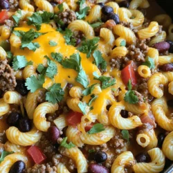 For Skillet Chili Mac, you will need to gather some simple yet tasty ingredients. Here’s what you will need: - 1 lb ground beef or turkey - 1 medium onion, chopped - 3 cloves garlic, minced - 1 red bell pepper, diced - 1 can (15 oz) kidney beans, drained and rinsed - 1 can (15 oz) black beans, drained and rinsed - 1 can (14.5 oz) diced tomatoes, undrained - 2 cups beef broth - 2 cups elbow macaroni - 3 tablespoons chili powder - 1 teaspoon cumin - 1 teaspoon paprika - Salt and pepper to taste - 1 cup shredded cheddar cheese - Fresh cilantro, for garnish This mix of ingredients makes a hearty dish. The ground beef or turkey gives it protein and flavor. The onion, garlic, and red bell pepper add sweetness and depth. Canned beans and tomatoes help create a rich sauce. Elbow macaroni brings the comfort, while spices like chili powder and cumin pack a punch. Lastly, the cheese on top makes it ooey-gooey and delicious. Feel free to adjust according to your taste. If you want to spice it up, add more chili powder. For a creamier texture, use more cheese. You can find the full recipe to guide you through the cooking process. Enjoy! First, I heat a large skillet over medium heat. I add 1 pound of ground beef or turkey. As the meat cooks, I break it apart with a spatula. I let it brown for about 5 to 7 minutes. If there’s extra fat, I drain it. Next, I add 1 chopped onion, 3 minced cloves of garlic, and 1 diced red bell pepper. I sauté these veggies until they are soft, which takes about 5 minutes. Now, I stir in the spices. I use 3 tablespoons of chili powder, 1 teaspoon of cumin, and 1 teaspoon of paprika. I also add salt and pepper to taste. This mixture gives my dish a deep flavor. After mixing well, I pour in 1 can of diced tomatoes (with juice), 2 cups of beef broth, 1 can of kidney beans, and 1 can of black beans. Finally, I add 2 cups of elbow macaroni. I stir everything together to ensure all the ingredients blend well. I bring the mixture to a gentle boil. Then, I reduce the heat and cover the skillet. I let it simmer for about 15 minutes. During this time, I stir occasionally to keep the pasta from sticking. Once the pasta is al dente, I remove the lid. I stir in half of the shredded cheddar cheese. I let it melt and mix into the dish. If needed, I taste and adjust the seasoning. I serve it hot, garnished with the rest of the cheese and fresh cilantro. This adds a bright touch to my Skillet Chili Mac. For the complete recipe, check out the Full Recipe. To get the best flavor in your Skillet Chili Mac, use fresh spices. Fresh spices have more taste than old ones. Toast spices for a few seconds in the pan before adding them. This step brings out their full flavor. Adjusting spice levels is easy. If you like it spicy, add more chili powder. You can also add diced jalapeños for extra heat. If you prefer mild flavors, cut back on chili powder. Always taste as you cook. This way, you can find the right balance for your palate. Ensure your pasta is cooked just right. Add the elbow macaroni at the right time. Stir it in when you add the broth and canned goods. This way, the pasta cooks evenly with the rest of the dish. Check the pasta often, so it doesn't turn mushy. To prevent sticking and burning, keep the heat at medium. If it gets too hot, the bottom may burn. Stir the mixture well while it simmers. This keeps everything mixing and prevents it from sticking. If it looks too dry, add a little more broth. This keeps your Skillet Chili Mac creamy and delicious. For the Full Recipe, check the earlier section. Enjoy making this one-pan comfort meal! {{image_2}} You can easily change the protein in Skillet Chili Mac. Ground beef or turkey works great, but you can use chicken, pork, or even plant-based meat. This way, you can cater to your taste or diet. For those who prefer vegetarian or vegan options, try black beans or lentils. These give you protein and a hearty texture. You can also use tofu or tempeh for a twist. Adding more vegetables can boost the flavor and nutrition. Try corn, zucchini, or spinach. You can mix in any veggies you like for more color and taste. This dish is all about flexibility. Cheese is another area for fun. While cheddar is classic, mix in Monterey Jack or pepper jack for a kick. You can even try cream cheese for a creamy touch. Each cheese brings a new layer of flavor. Don't hesitate to get creative! For the full recipe, check out the Skillet Chili Mac recipe above. To keep your Skillet Chili Mac fresh, store it in an airtight container. Make sure it cools down to room temperature first. Then, refrigerate it within two hours of cooking. This helps prevent bacteria growth. Leftovers can last up to three days in the fridge. If you want to keep it longer, consider freezing. For freezing, place the chili mac in a freezer-safe container. It can last for up to three months. Just remember to label your container with the date. This way, you can enjoy this meal later without wondering when you made it. To reheat Skillet Chili Mac, you want to keep it tasty. The best way is to use a stovetop. Pour it into a skillet over medium heat, stirring often. If it looks dry, add a splash of water or broth. This helps bring back the creamy texture. If you choose the microwave, place it in a microwave-safe bowl. Cover it with a lid or a damp paper towel. Heat in short bursts, stirring in between. This ensures even heating. Be careful not to overcook it, as it can dry out. Enjoy your warm, comfort meal just like fresh! For the full recipe, check out the original cooking guide. Can I make Skillet Chili Mac ahead of time? Yes, you can prepare Skillet Chili Mac in advance. Cook the dish, then cool it down. Store it in an airtight container. It will taste great when reheated. What can I serve with Skillet Chili Mac? Pair it with a fresh salad or garlic bread. You can also serve it with some sour cream or avocado slices. These sides add a nice touch. How long does Skillet Chili Mac keep in the fridge? It stays fresh in the fridge for up to three days. Just make sure to reheat it well before serving. Can I make this dish vegetarian? Absolutely! Use lentils or plant-based ground meat instead of beef or turkey. Swap the beef broth for vegetable broth to keep it vegetarian. What’s a good substitute for macaroni? You can use any small pasta like penne or shells. Quinoa or rice works well too if you want a gluten-free option. In this blog post, we explored a simple and tasty Skillet Chili Mac recipe. We detailed the key ingredients, preparation steps, and cooking tips to help you succeed. You can personalize this dish with swaps and variations, making it your own. Remember to store leftovers properly for future meals. With this guide, you can create a flavorful dinner that everyone will enjoy. Have fun experimenting in the kitchen and savoring the delightful results!