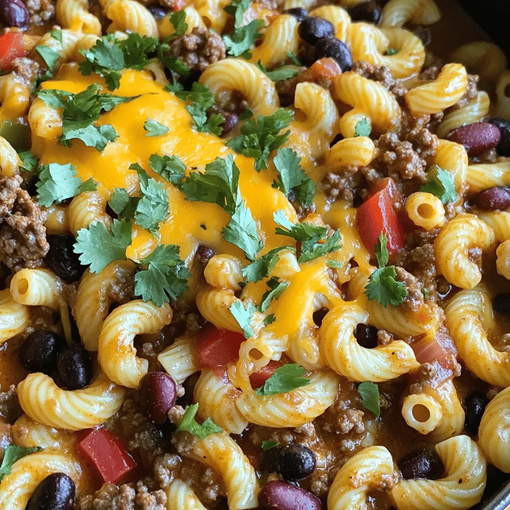For Skillet Chili Mac, you will need to gather some simple yet tasty ingredients. Here’s what you will need: - 1 lb ground beef or turkey - 1 medium onion, chopped - 3 cloves garlic, minced - 1 red bell pepper, diced - 1 can (15 oz) kidney beans, drained and rinsed - 1 can (15 oz) black beans, drained and rinsed - 1 can (14.5 oz) diced tomatoes, undrained - 2 cups beef broth - 2 cups elbow macaroni - 3 tablespoons chili powder - 1 teaspoon cumin - 1 teaspoon paprika - Salt and pepper to taste - 1 cup shredded cheddar cheese - Fresh cilantro, for garnish This mix of ingredients makes a hearty dish. The ground beef or turkey gives it protein and flavor. The onion, garlic, and red bell pepper add sweetness and depth. Canned beans and tomatoes help create a rich sauce. Elbow macaroni brings the comfort, while spices like chili powder and cumin pack a punch. Lastly, the cheese on top makes it ooey-gooey and delicious. Feel free to adjust according to your taste. If you want to spice it up, add more chili powder. For a creamier texture, use more cheese. You can find the full recipe to guide you through the cooking process. Enjoy! First, I heat a large skillet over medium heat. I add 1 pound of ground beef or turkey. As the meat cooks, I break it apart with a spatula. I let it brown for about 5 to 7 minutes. If there’s extra fat, I drain it. Next, I add 1 chopped onion, 3 minced cloves of garlic, and 1 diced red bell pepper. I sauté these veggies until they are soft, which takes about 5 minutes. Now, I stir in the spices. I use 3 tablespoons of chili powder, 1 teaspoon of cumin, and 1 teaspoon of paprika. I also add salt and pepper to taste. This mixture gives my dish a deep flavor. After mixing well, I pour in 1 can of diced tomatoes (with juice), 2 cups of beef broth, 1 can of kidney beans, and 1 can of black beans. Finally, I add 2 cups of elbow macaroni. I stir everything together to ensure all the ingredients blend well. I bring the mixture to a gentle boil. Then, I reduce the heat and cover the skillet. I let it simmer for about 15 minutes. During this time, I stir occasionally to keep the pasta from sticking. Once the pasta is al dente, I remove the lid. I stir in half of the shredded cheddar cheese. I let it melt and mix into the dish. If needed, I taste and adjust the seasoning. I serve it hot, garnished with the rest of the cheese and fresh cilantro. This adds a bright touch to my Skillet Chili Mac. For the complete recipe, check out the Full Recipe. To get the best flavor in your Skillet Chili Mac, use fresh spices. Fresh spices have more taste than old ones. Toast spices for a few seconds in the pan before adding them. This step brings out their full flavor. Adjusting spice levels is easy. If you like it spicy, add more chili powder. You can also add diced jalapeños for extra heat. If you prefer mild flavors, cut back on chili powder. Always taste as you cook. This way, you can find the right balance for your palate. Ensure your pasta is cooked just right. Add the elbow macaroni at the right time. Stir it in when you add the broth and canned goods. This way, the pasta cooks evenly with the rest of the dish. Check the pasta often, so it doesn't turn mushy. To prevent sticking and burning, keep the heat at medium. If it gets too hot, the bottom may burn. Stir the mixture well while it simmers. This keeps everything mixing and prevents it from sticking. If it looks too dry, add a little more broth. This keeps your Skillet Chili Mac creamy and delicious. For the Full Recipe, check the earlier section. Enjoy making this one-pan comfort meal! {{image_2}} You can easily change the protein in Skillet Chili Mac. Ground beef or turkey works great, but you can use chicken, pork, or even plant-based meat. This way, you can cater to your taste or diet. For those who prefer vegetarian or vegan options, try black beans or lentils. These give you protein and a hearty texture. You can also use tofu or tempeh for a twist. Adding more vegetables can boost the flavor and nutrition. Try corn, zucchini, or spinach. You can mix in any veggies you like for more color and taste. This dish is all about flexibility. Cheese is another area for fun. While cheddar is classic, mix in Monterey Jack or pepper jack for a kick. You can even try cream cheese for a creamy touch. Each cheese brings a new layer of flavor. Don't hesitate to get creative! For the full recipe, check out the Skillet Chili Mac recipe above. To keep your Skillet Chili Mac fresh, store it in an airtight container. Make sure it cools down to room temperature first. Then, refrigerate it within two hours of cooking. This helps prevent bacteria growth. Leftovers can last up to three days in the fridge. If you want to keep it longer, consider freezing. For freezing, place the chili mac in a freezer-safe container. It can last for up to three months. Just remember to label your container with the date. This way, you can enjoy this meal later without wondering when you made it. To reheat Skillet Chili Mac, you want to keep it tasty. The best way is to use a stovetop. Pour it into a skillet over medium heat, stirring often. If it looks dry, add a splash of water or broth. This helps bring back the creamy texture. If you choose the microwave, place it in a microwave-safe bowl. Cover it with a lid or a damp paper towel. Heat in short bursts, stirring in between. This ensures even heating. Be careful not to overcook it, as it can dry out. Enjoy your warm, comfort meal just like fresh! For the full recipe, check out the original cooking guide. Can I make Skillet Chili Mac ahead of time? Yes, you can prepare Skillet Chili Mac in advance. Cook the dish, then cool it down. Store it in an airtight container. It will taste great when reheated. What can I serve with Skillet Chili Mac? Pair it with a fresh salad or garlic bread. You can also serve it with some sour cream or avocado slices. These sides add a nice touch. How long does Skillet Chili Mac keep in the fridge? It stays fresh in the fridge for up to three days. Just make sure to reheat it well before serving. Can I make this dish vegetarian? Absolutely! Use lentils or plant-based ground meat instead of beef or turkey. Swap the beef broth for vegetable broth to keep it vegetarian. What’s a good substitute for macaroni? You can use any small pasta like penne or shells. Quinoa or rice works well too if you want a gluten-free option. In this blog post, we explored a simple and tasty Skillet Chili Mac recipe. We detailed the key ingredients, preparation steps, and cooking tips to help you succeed. You can personalize this dish with swaps and variations, making it your own. Remember to store leftovers properly for future meals. With this guide, you can create a flavorful dinner that everyone will enjoy. Have fun experimenting in the kitchen and savoring the delightful results!