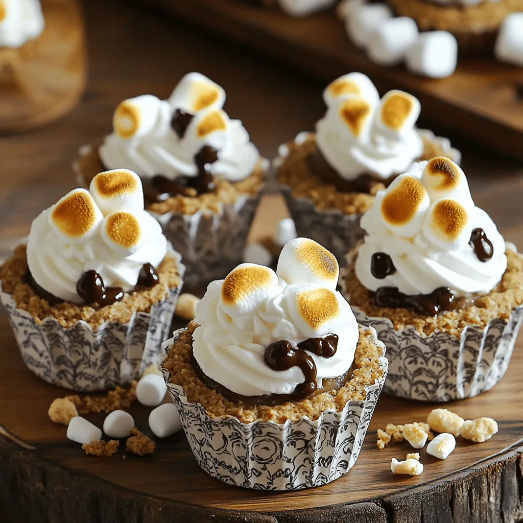 - 1 cup graham cracker crumbs - 1/4 cup unsalted butter, melted - 2 tablespoons sugar - 1 cup milk chocolate chips - 1 cup mini marshmallows - 1/2 cup whipped cream - 1/4 teaspoon vanilla extract - Optional: chocolate syrup for drizzling You can swap graham cracker crumbs for crushed cookies, like Oreos or digestive biscuits. For a non-dairy option, try coconut whipped cream or almond cream. If you want to mix up the chocolate, use dark chocolate or white chocolate chips instead. Each choice adds a unique twist to your Frosty S'more Cups. I love experimenting with flavors. Using different chocolates can change the whole vibe. If you are vegan, look for dairy-free chocolate chips and whipped cream. This way, everyone can enjoy these tasty treats. For the graham cracker crumbs, gluten-free options are available too. Just check your local store for gluten-free graham crackers. You can get creative and use different flavors that fit your needs. Remember, these substitutes may change the taste a bit, but they keep the fun alive! Have fun mixing and matching to find your favorite flavor mix. For the full recipe, check out the complete instructions. 1. Preheat your oven to 350°F (175°C). This helps create a nice crust. 2. Gather all your ingredients. You will need: - 1 cup graham cracker crumbs - 1/4 cup unsalted butter, melted - 2 tablespoons sugar - 1 cup milk chocolate chips - 1 cup mini marshmallows - 1/2 cup whipped cream - 1/4 teaspoon vanilla extract - Optional: chocolate syrup for drizzling 1. In a medium bowl, mix the graham cracker crumbs, melted butter, and sugar. Blend them well. 2. Line a muffin tin with paper liners. 3. Press a heaping tablespoon of the crumb mixture into each liner. Make a solid crust. 4. Bake your crusts for about 5-7 minutes. Look for a light golden color. 5. Let the crusts cool slightly before adding chocolate. 1. Sprinkle about 2 tablespoons of chocolate chips over each cooled crust. 2. Place the muffin tin back in the oven for 2-3 minutes. This softens the chocolate. 3. Add mini marshmallows on top of the melted chocolate, filling each cup. 4. Turn on the broiler and broil for 1-2 minutes. Watch closely! You want golden marshmallows. 5. Remove the tin and let it cool. 6. In a small bowl, whip together the cream and vanilla until smooth. 7. Spoon a dollop of whipped cream on each cup. 8. For a fun twist, drizzle chocolate syrup over the whipped cream. 9. Finally, refrigerate the cups for about 30 minutes. This makes them frosty and delicious! For the full recipe, check the earlier section! To get the best crust texture, mix the graham cracker crumbs, melted butter, and sugar well. Press this mixture firmly into your muffin liners. This helps the crust hold its shape. Bake the crust until it’s just golden, about 5-7 minutes. This ensures a nice crunch without being too hard. For melting chocolate evenly, spread the chocolate chips out in a single layer on the crust. Heat them in the oven for 2-3 minutes. Keep an eye on them. You want them soft, not melted into a puddle. Presentation matters. Serve your s'more cups in their liners on a pretty platter. Garnish with crushed graham crackers and whole marshmallows for a pop of color. Pair these cups with milk or hot chocolate. They also go well with coffee for a sweet treat. One common mistake is overbaking the crust. This can make it too hard to eat. Keep an eye on the time and check for a light golden color. Another mistake is underestimating chilling time. Make sure you chill the cups for at least 30 minutes. This helps them set and makes them frosty and refreshing. If you skip this step, they may not hold together. For the full recipe, check the complete guide above. {{image_2}} You can make Frosty S'more Cups even better by adding different flavors. One fun way is to mix in peanut butter or other nut butters. This adds a rich, creamy taste that pairs well with chocolate. You can stir in about 1/4 cup of peanut butter into the whipped cream for a nutty twist. Another great idea is to use different types of chocolate. Try using dark chocolate or even white chocolate. Each option changes the flavor and can surprise your taste buds. Using flavored chocolate can also spice things up! If you need a gluten-free option, use gluten-free graham crackers. They work just as well and keep the same great flavor. Look for brands that are simple and use natural ingredients. For those who follow a vegan diet, you can easily swap out some ingredients. Use dairy-free whipped cream and vegan chocolate. These swaps will keep your cups tasty and still meet your dietary needs. You can adjust the recipe for different serving sizes. If you want mini cups, use a mini muffin tin instead. This makes perfect bite-sized treats. Bake them for about 5 minutes instead of 7. Keep an eye on them to ensure they don't burn. Making full-size cups is great for sharing at parties. Just follow the full recipe and enjoy the larger cups. They look stunning and taste amazing! To keep your Frosty S'more Cups fresh, use airtight containers. Glass or plastic containers work well. Store them in the fridge for best results. They will last up to five days if stored correctly. Just make sure the lid seals tight to keep out air. You can freeze Frosty S'more Cups for later. First, let them cool completely. Then, place each cup in a single layer in a freezer-safe container. Use parchment paper between layers to avoid sticking. They can stay frozen for up to three months. When you're ready to eat, thaw them in the fridge overnight for the best texture. If you have leftover cups, gently reheat them in the oven. Set it to about 300°F (150°C). Place the cups on a baking sheet and warm them for about 5-10 minutes. This method helps keep them crispy. Avoid microwaving, as it can make them soggy. Enjoy your tasty treat! Frosty S'more Cups are a fun twist on the classic s'more. They combine graham cracker crust, chocolate, and marshmallows in a cup. These treats are easy to make and perfect for parties. The layers create a tasty blend of flavors and textures. The chocolate melts into the crust, while the marshmallows add a fluffy topping. Plus, they are no-bake, making them simple to prepare. You can enjoy them chilled. They are a great dessert for summer or any time you crave something sweet. Yes, you can make Frosty S'more Cups ahead of time. This helps the flavors blend and makes serving easy. To prepare in advance, follow these steps: - Assemble the cups as directed. - Chill them for 30 minutes before serving. - Store them in the fridge for up to two days. - For best taste, add whipped cream and chocolate syrup just before serving. Making them ahead can save time, especially for gatherings. To keep marshmallows from burning, follow these broiling tips: - Place the muffin tin on the top oven rack. - Watch closely as they brown quickly. - Broil for only 1-2 minutes. - Rotate the tin if needed for even browning. A perfectly toasted marshmallow adds flavor and beauty to your cups. Enjoy the sweet, smoky taste without the char! In this post, we explored how to make Frosty S'more Cups. We covered ingredients, step-by-step baking, and helpful tips. You can swap ingredients and create various flavors. Remember to store them right for the best taste. With these simple steps and tricks, you can enjoy a delicious treat any time. Now, you are ready to impress your friends and family with this tasty dessert! Dive in and create your own Frosty S'more Cups today.