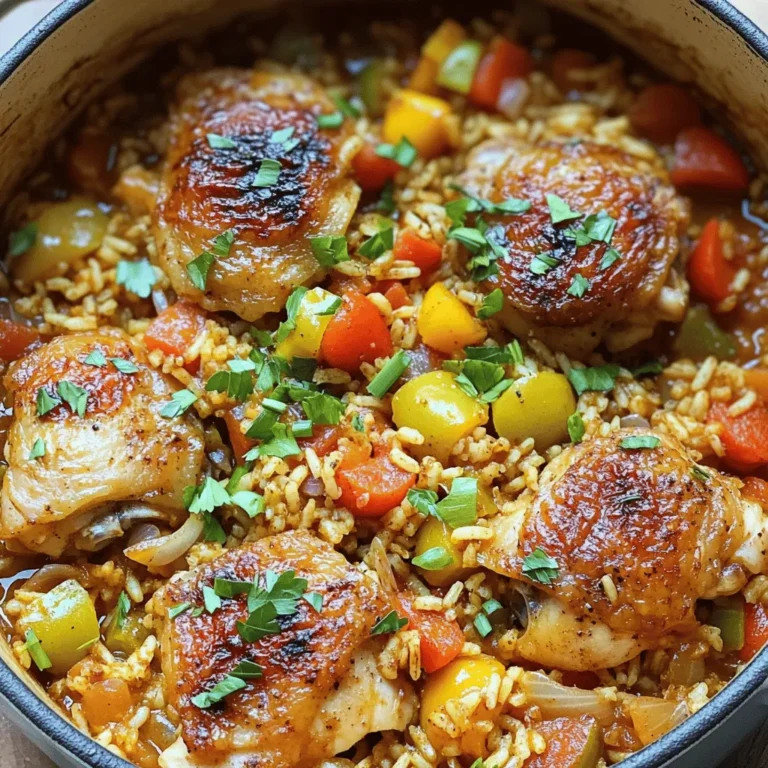 - 1.5 lbs chicken thigh fillets, diced - 1 cup long-grain rice - 1 medium onion, finely chopped - 2 cloves garlic, minced - 1 bell pepper (any color), diced - 1 cup chicken broth - 1 can (14 oz) diced tomatoes with green chilies - 1 teaspoon smoked paprika - 1 teaspoon Cajun seasoning - 1/2 teaspoon dried thyme - 1/2 teaspoon black pepper - 1 tablespoon olive oil - Salt to taste - 2 green onions, chopped (for garnish) - Fresh parsley, chopped (for garnish) Using the right amounts makes a big difference. For the chicken, use 1.5 lbs. This gives you nice, juicy pieces. The rice is 1 cup, which helps soak up all the flavors. The onion should be one medium-sized, and it adds a great base flavor. Use two cloves of garlic for a nice kick. For the bell pepper, any color works! The chicken broth should be one cup to keep things moist. The diced tomatoes bring both texture and zest. The spices, like smoked paprika and Cajun seasoning, are key for flavor. You can swap chicken thighs for chicken breasts if you like. Breasts are leaner but can dry out. For the rice, brown rice is a good choice, but it needs a longer cooking time. If you don’t have chicken broth, vegetable broth works well too. You can skip the bell pepper or use zucchini instead. For spices, if you don’t have smoked paprika, regular paprika will do. You can always adjust the heat by adding more or less Cajun seasoning. Check out the Full Recipe for more details. First, you need to prepare the chicken. I like using chicken thigh fillets for this dish. They stay juicy and tender. Dice 1.5 pounds of chicken thighs into bite-sized pieces. Season them with salt and black pepper. Heat 1 tablespoon of olive oil in a large pot over medium heat. When the oil is hot, add the chicken. Cook it for about 5 to 7 minutes. You want the chicken to brown nicely. Once it's done, remove the chicken from the pot and set it aside. This step adds great flavor to your dish. Now, let’s sauté the vegetables. In the same pot, add the chopped onion, bell pepper, and minced garlic. Use one medium onion, one bell pepper, and two cloves of garlic. Sauté these for about 3 to 4 minutes. You want the veggies to soften and release their flavors. This step is key for depth in your dish. Next, stir in the rice. Use 1 cup of long-grain rice. Add in 1 teaspoon of smoked paprika, 1 teaspoon of Cajun seasoning, and 1/2 teaspoon of dried thyme. Cook this mixture for one more minute. This helps the rice soak up all the spices. After the rice is mixed with the spices, it’s time to add the liquids. Pour in 1 can of diced tomatoes with green chilies and 1 cup of chicken broth. Then, return the browned chicken to the pot. Mix everything well. Bring it to a gentle boil. Once it’s boiling, reduce the heat to low. Cover the pot and let it simmer for 25 to 30 minutes. The rice should become tender and absorb most of the liquid. After cooking, let it sit for another 5 minutes. Fluff the rice with a fork and taste for seasoning. Adjust if needed. Serve hot and garnish with chopped green onions and fresh parsley for a pop of color. Enjoy this delightful one pot chicken and dirty rice dish! For the complete recipe, check out the Full Recipe. To make your dish full of flavor, use high heat for browning the chicken. This locks in juices and creates a nice crust. When you sauté the veggies, stir them well. This helps release their natural sweetness. Adding spices like smoked paprika early also boosts the taste. The heat wakes up the spices, making them pop in your dish. For perfectly cooked rice, rinse it first. This removes excess starch and keeps it fluffy. Use the right ratio of liquid to rice. I suggest 1 cup of rice to 1.5 cups of liquid. This ensures the rice cooks well and absorbs all the flavors. Once you add the rice to the pot, don’t stir too much. Stirring can break the grains and make your rice gummy. When meal prepping, chop all your ingredients in advance. Store them in airtight containers in the fridge. This saves time on busy days. You can also cook a double batch of this dish. It keeps well and tastes even better the next day. Just reheat it gently on the stove. For a quick meal, consider preparing the rice in a rice cooker while you cook the chicken. This way, everything is ready at the same time. For the full recipe, check the details above. {{image_2}} You can boost the nutrition and flavor by adding more vegetables. Consider adding carrots, peas, or corn. These veggies add sweetness and color to your dish. You can also use spinach or kale for some leafy greens. Just chop them up and stir them in during the last few minutes of cooking. This way, they stay bright and fresh. If you want to change the protein, you have options! Try using diced turkey, sausage, or even shrimp. Each choice brings its own taste and texture. For a vegetarian option, replace the chicken with chickpeas or lentils. Both will soak up the flavors nicely. Just adjust the cooking time as needed. Do you prefer heat or a milder taste? To add spice, mix in some cayenne pepper or hot sauce. You can also use spicy sausage for a kick. If you want it mild, stick with the original recipe. You can even leave out the Cajun seasoning. This dish is flexible enough to satisfy everyone at your table. After cooking, let your One Pot Chicken and Dirty Rice cool down. Once it cools, place it in an airtight container. Store it in the fridge for up to four days. This keeps the dish fresh and tasty. Make sure to label the container with the date. That way, you know when to eat it! If you want to save it for later, you can freeze it. First, let it cool completely. Then, portion it into freezer-safe bags or containers. Remove as much air as possible to prevent freezer burn. It can last up to three months in the freezer. Just remember to label it too! When you're ready to eat, take it out of the fridge or freezer. If frozen, let it thaw overnight in the fridge. You can reheat it on the stove over low heat. Add a splash of chicken broth to keep it moist. Stir often until it's heated through. You can also use the microwave. Heat it in short bursts, stirring in between. Enjoy your flavorful dish! For the full recipe, check out the details above. Yes, you can use brown rice. Brown rice adds a nutty taste and more fiber. However, brown rice takes longer to cook. You will need to adjust the liquid and cooking time. Use about 1.5 cups of broth and simmer for 40-45 minutes. This way, it cooks well with the chicken. One Pot Chicken and Dirty Rice is a full meal by itself. Still, you can pair it with sides. Consider serving a fresh salad for crunch. A simple coleslaw adds a nice contrast. You might also enjoy cornbread on the side. It soaks up the flavors well and adds warmth. To add heat, you can include chopped jalapeños or a dash of hot sauce. Adding extra Cajun seasoning boosts flavor and spice. You can also use spicy sausage along with the chicken. This will mix well and give a great kick. Adjust the spice to suit your taste. Feel free to experiment! For the full recipe, check out the [Full Recipe]. This blog post covered key ingredients, cooking steps, and useful tips for one-pot chicken and dirty rice. You learned how to prepare chicken, sauté veggies, and cook rice perfectly. I shared ways to add flavors and variations for everyone to enjoy. In cooking, small choices create big flavors. Remember, practice makes you better. Enjoy your cooking journey! You can make a dish everyone loves.